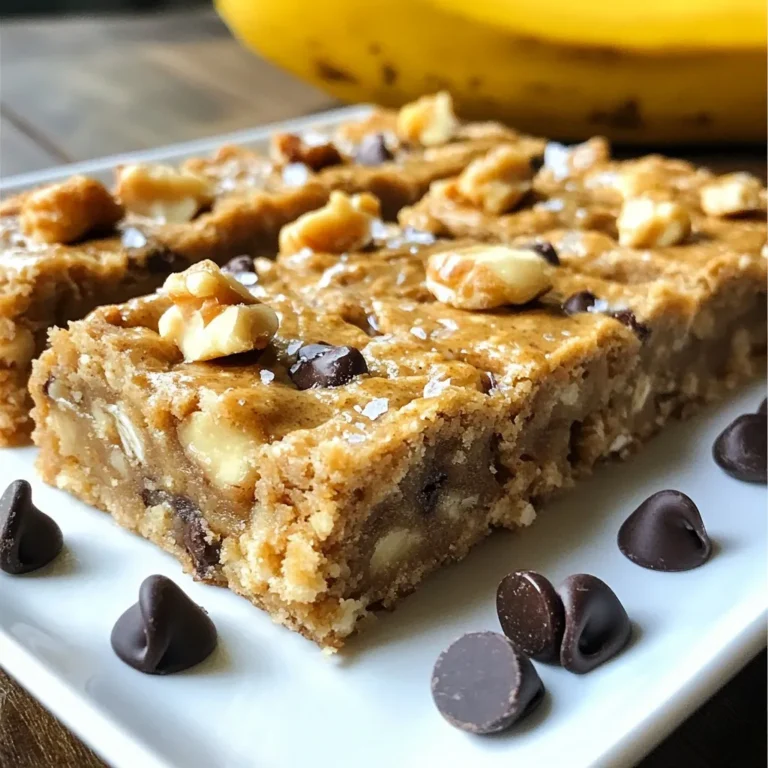 - 2 ripe bananas, thoroughly mashed - 1 cup creamy natural peanut butter - 1/4 cup honey or pure maple syrup - 2 cups rolled oats - 1/2 cup chopped nuts (walnuts or almonds) - 1/2 cup dark chocolate chips or raisins - 1/2 teaspoon ground cinnamon - 1/4 teaspoon fine sea salt Peanut Butter Banana Oat Bars are a great snack. They are healthy and easy to make. You start with ripe bananas. The riper they are, the sweeter your bars will be. You should mash them well to get the right texture. Next, you need creamy natural peanut butter. This adds richness and flavor. You can use honey or pure maple syrup for sweetness. Both options work well, but maple syrup gives a unique taste. For extra texture, add rolled oats. They are the base of the bars. You can also mix in chopped nuts. Walnuts or almonds add a nice crunch. You can choose dark chocolate chips or raisins for sweetness. Dark chocolate gives a rich flavor, while raisins add a fruity touch. To finish, include ground cinnamon. It adds warmth and spice. A pinch of fine sea salt enhances all the flavors, making them pop. With these ingredients, you have a tasty, healthy treat. You can enjoy them any time. {{ingredient_image_2}} - Preheat oven to 350°F (175°C). - Line an 8x8 inch baking dish with parchment paper. - Mash bananas thoroughly. - Combine with peanut butter and honey or maple syrup. In this step, make sure you really mash the bananas. This helps them mix well. The smoother your mix, the better the bars will taste. Use a fork or whisk to blend the peanut butter and honey. You want a nice, creamy texture. - Mix rolled oats, chopped nuts, chocolate chips or raisins, cinnamon, and salt. - Stir well to ensure even distribution. In a separate bowl, combine your dry ingredients. Rolled oats give the bars their chewy texture. The nuts add crunch, while chocolate chips or raisins bring sweetness. Be sure to mix everything well so each bite has great flavor. - Pour dry mixture into the wet mixture. - Fold carefully until fully combined. Now, pour the dry mix into the wet mix. Use a spatula to fold them together. Make sure you don’t leave any dry bits. This is key for a uniform taste and texture in your bars. - Transfer to the baking dish and press evenly. - Bake for 20-25 minutes until golden edges. After mixing, transfer everything to your lined dish. Press it down to create an even layer. This helps the bars bake evenly. Watch for golden edges; that’s when they are ready. - Let cool in the pan for 10 minutes. - Lift out and transfer to a wire rack for further cooling. - Cut into 12 bars. Once baked, let the bars cool for about 10 minutes. Then, lift them out using the parchment paper. Transfer to a wire rack so they cool completely. Once cool, cut them into 12 bars. Enjoy your tasty treat! To make the best Peanut Butter Banana Oat Bars, use ripe bananas. Ripe bananas are sweeter and give the bars great flavor. You can tell if a banana is ripe by its brown spots. Baking time is key. If you like soft bars, bake for 20 minutes. For firmer bars, let them bake for up to 25 minutes. Check the edges for a nice golden color to know they are ready. When serving the bars, presentation matters. Arrange the bars on a nice platter, and drizzle some extra peanut butter on top. This makes them look even more tempting. You can also add toppings. Slices of fresh banana or a sprinkle of chopped nuts can add color and crunch. These small touches make your bars pop! These bars are not just tasty; they are good for you too! Bananas provide potassium, which helps your heart. Peanut butter adds protein, keeping you full longer. Rolled oats offer fiber, which supports digestion. Dark chocolate chips add antioxidants, while nuts give healthy fats. Together, these ingredients fit perfectly into a healthy diet, making these bars a smart snack choice. Pro Tips Use Overripe Bananas: For the sweetest flavor and best texture, use bananas that are very ripe with brown spots. They will mash easily and add natural sweetness to your bars. Experiment with Mix-Ins: Feel free to customize your bars with different nuts, seeds, or dried fruits. This way, you can make each batch unique and suit your taste preferences. Check for Doneness: Ovens can vary, so start checking your bars at the 20-minute mark. They should be golden around the edges and firm in the center. Store Properly: To keep your bars fresh longer, store them in an airtight container at room temperature or refrigerate them. They also freeze well for up to three months! {{image_4}} You can easily make these bars nut-free. Substitute peanut butter with sunflower seed butter. This option is safe for those allergic to nuts. You can also simply omit nuts altogether. The bars will still taste great without them. Want to boost the taste? Try adding a splash of vanilla extract. It brings a warm, sweet note to your bars. You can also mix in other fruits. Blueberries or cranberries add a nice tang and extra sweetness. If you want to change up the sweetness, feel free to experiment. Try different sweeteners like agave or coconut sugar. These can provide a new flavor twist. You can also use sugar alternatives for a healthier take. Options like stevia or monk fruit can lower the sugar content. To store your peanut butter banana oat bars at room temperature, use an airtight container. This keeps them fresh and tasty. Place the bars in a cool, dry spot, away from sunlight. They stay fresh for up to one week. If you notice any changes in smell or texture, it’s best to toss them. Refrigerating the bars helps them last longer. They can stay fresh in the fridge for up to two weeks. This also makes them nice and chewy. Wrap them tightly in plastic wrap or place them in a sealed container. This keeps the moisture in and prevents them from drying out. Freezing your oat bars is a great option for long-term storage. To freeze, cut the bars into pieces first. Then, wrap each bar tightly in plastic wrap. Place them in a freezer-safe bag and label it with the date. They can last up to three months in the freezer. To enjoy later, simply pull a bar out and let it thaw at room temperature for about an hour. You can also warm it up in the microwave for a few seconds for that fresh-baked taste! Yes, you can use overripe bananas. In fact, they are perfect for this recipe. The riper the banana, the sweeter it will be. This adds natural sweetness to your bars without extra sugar. Just make sure they are not spoiled. Look for golden edges and a firm center. The bars should not jiggle when you shake the dish. You can also insert a toothpick in the center. If it comes out clean, the bars are done. You can use other grains like quinoa or rice. However, the texture may change. Oats give a chewy and hearty feel. If you switch grains, adjust the liquid and baking time as needed. Consider adding chia seeds or flaxseeds. These boost fiber and omega-3s. You can also mix in dried fruits like cranberries. Nuts like almonds or walnuts can add healthy fats and crunch. This blog post outlined a simple recipe for delicious, healthy bars. We discussed key ingredients like ripe bananas and peanut butter, along with optional additions such as nuts and dark chocolate. You learned the step-by-step process, from mixing wet and dry ingredients to baking. I shared tips for perfecting your bars and creative variations to try. By following this guide, you can enjoy tasty snacks while boosting your nutrition. These bars are great for meal prep or on-the-go. Enjoy making them your way!