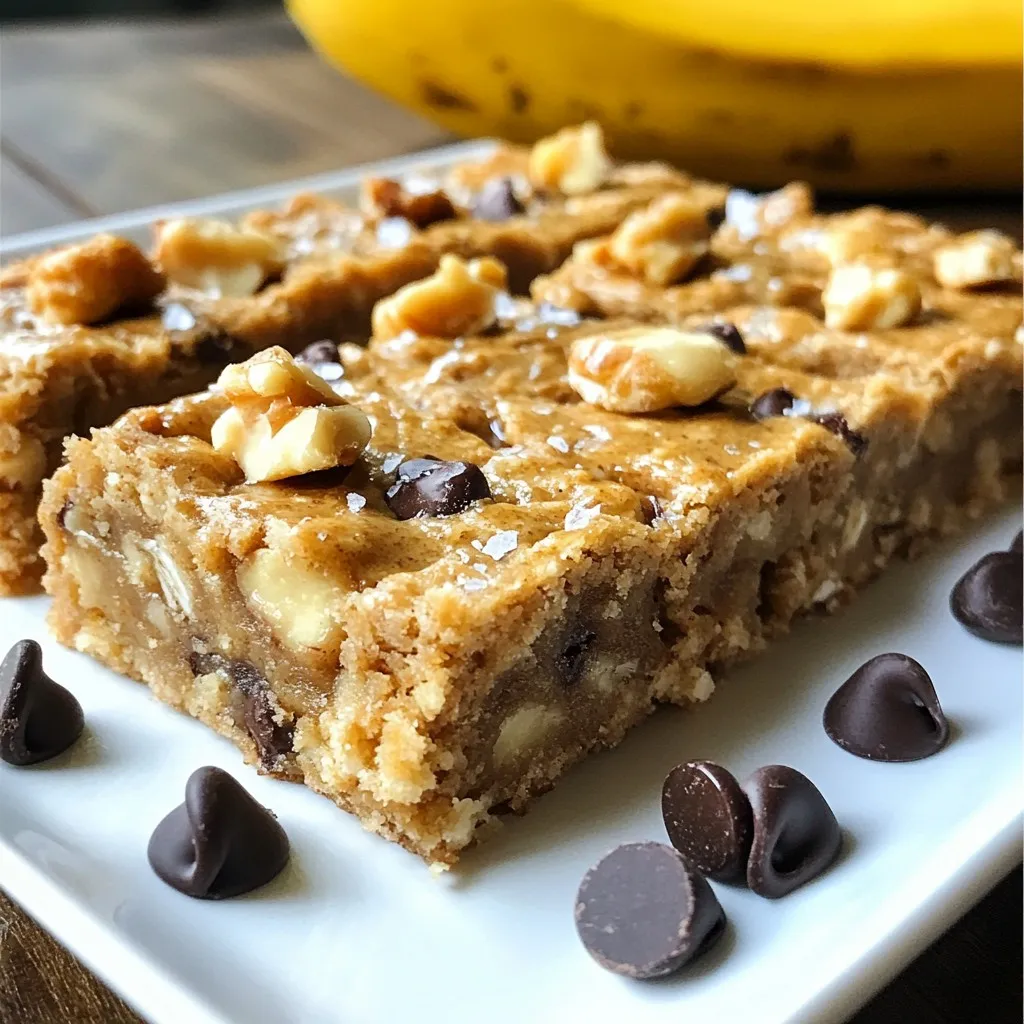 - 2 ripe bananas, thoroughly mashed - 1 cup creamy natural peanut butter - 1/4 cup honey or pure maple syrup - 2 cups rolled oats - 1/2 cup chopped nuts (walnuts or almonds) - 1/2 cup dark chocolate chips or raisins - 1/2 teaspoon ground cinnamon - 1/4 teaspoon fine sea salt Peanut Butter Banana Oat Bars are a great snack. They are healthy and easy to make. You start with ripe bananas. The riper they are, the sweeter your bars will be. You should mash them well to get the right texture. Next, you need creamy natural peanut butter. This adds richness and flavor. You can use honey or pure maple syrup for sweetness. Both options work well, but maple syrup gives a unique taste. For extra texture, add rolled oats. They are the base of the bars. You can also mix in chopped nuts. Walnuts or almonds add a nice crunch. You can choose dark chocolate chips or raisins for sweetness. Dark chocolate gives a rich flavor, while raisins add a fruity touch. To finish, include ground cinnamon. It adds warmth and spice. A pinch of fine sea salt enhances all the flavors, making them pop. With these ingredients, you have a tasty, healthy treat. You can enjoy them any time. {{ingredient_image_2}} - Preheat oven to 350°F (175°C). - Line an 8x8 inch baking dish with parchment paper. - Mash bananas thoroughly. - Combine with peanut butter and honey or maple syrup. In this step, make sure you really mash the bananas. This helps them mix well. The smoother your mix, the better the bars will taste. Use a fork or whisk to blend the peanut butter and honey. You want a nice, creamy texture. - Mix rolled oats, chopped nuts, chocolate chips or raisins, cinnamon, and salt. - Stir well to ensure even distribution. In a separate bowl, combine your dry ingredients. Rolled oats give the bars their chewy texture. The nuts add crunch, while chocolate chips or raisins bring sweetness. Be sure to mix everything well so each bite has great flavor. - Pour dry mixture into the wet mixture. - Fold carefully until fully combined. Now, pour the dry mix into the wet mix. Use a spatula to fold them together. Make sure you don’t leave any dry bits. This is key for a uniform taste and texture in your bars. - Transfer to the baking dish and press evenly. - Bake for 20-25 minutes until golden edges. After mixing, transfer everything to your lined dish. Press it down to create an even layer. This helps the bars bake evenly. Watch for golden edges; that’s when they are ready. - Let cool in the pan for 10 minutes. - Lift out and transfer to a wire rack for further cooling. - Cut into 12 bars. Once baked, let the bars cool for about 10 minutes. Then, lift them out using the parchment paper. Transfer to a wire rack so they cool completely. Once cool, cut them into 12 bars. Enjoy your tasty treat! To make the best Peanut Butter Banana Oat Bars, use ripe bananas. Ripe bananas are sweeter and give the bars great flavor. You can tell if a banana is ripe by its brown spots. Baking time is key. If you like soft bars, bake for 20 minutes. For firmer bars, let them bake for up to 25 minutes. Check the edges for a nice golden color to know they are ready. When serving the bars, presentation matters. Arrange the bars on a nice platter, and drizzle some extra peanut butter on top. This makes them look even more tempting. You can also add toppings. Slices of fresh banana or a sprinkle of chopped nuts can add color and crunch. These small touches make your bars pop! These bars are not just tasty; they are good for you too! Bananas provide potassium, which helps your heart. Peanut butter adds protein, keeping you full longer. Rolled oats offer fiber, which supports digestion. Dark chocolate chips add antioxidants, while nuts give healthy fats. Together, these ingredients fit perfectly into a healthy diet, making these bars a smart snack choice. Pro Tips Use Overripe Bananas: For the sweetest flavor and best texture, use bananas that are very ripe with brown spots. They will mash easily and add natural sweetness to your bars. Experiment with Mix-Ins: Feel free to customize your bars with different nuts, seeds, or dried fruits. This way, you can make each batch unique and suit your taste preferences. Check for Doneness: Ovens can vary, so start checking your bars at the 20-minute mark. They should be golden around the edges and firm in the center. Store Properly: To keep your bars fresh longer, store them in an airtight container at room temperature or refrigerate them. They also freeze well for up to three months! {{image_4}} You can easily make these bars nut-free. Substitute peanut butter with sunflower seed butter. This option is safe for those allergic to nuts. You can also simply omit nuts altogether. The bars will still taste great without them. Want to boost the taste? Try adding a splash of vanilla extract. It brings a warm, sweet note to your bars. You can also mix in other fruits. Blueberries or cranberries add a nice tang and extra sweetness. If you want to change up the sweetness, feel free to experiment. Try different sweeteners like agave or coconut sugar. These can provide a new flavor twist. You can also use sugar alternatives for a healthier take. Options like stevia or monk fruit can lower the sugar content. To store your peanut butter banana oat bars at room temperature, use an airtight container. This keeps them fresh and tasty. Place the bars in a cool, dry spot, away from sunlight. They stay fresh for up to one week. If you notice any changes in smell or texture, it’s best to toss them. Refrigerating the bars helps them last longer. They can stay fresh in the fridge for up to two weeks. This also makes them nice and chewy. Wrap them tightly in plastic wrap or place them in a sealed container. This keeps the moisture in and prevents them from drying out. Freezing your oat bars is a great option for long-term storage. To freeze, cut the bars into pieces first. Then, wrap each bar tightly in plastic wrap. Place them in a freezer-safe bag and label it with the date. They can last up to three months in the freezer. To enjoy later, simply pull a bar out and let it thaw at room temperature for about an hour. You can also warm it up in the microwave for a few seconds for that fresh-baked taste! Yes, you can use overripe bananas. In fact, they are perfect for this recipe. The riper the banana, the sweeter it will be. This adds natural sweetness to your bars without extra sugar. Just make sure they are not spoiled. Look for golden edges and a firm center. The bars should not jiggle when you shake the dish. You can also insert a toothpick in the center. If it comes out clean, the bars are done. You can use other grains like quinoa or rice. However, the texture may change. Oats give a chewy and hearty feel. If you switch grains, adjust the liquid and baking time as needed. Consider adding chia seeds or flaxseeds. These boost fiber and omega-3s. You can also mix in dried fruits like cranberries. Nuts like almonds or walnuts can add healthy fats and crunch. This blog post outlined a simple recipe for delicious, healthy bars. We discussed key ingredients like ripe bananas and peanut butter, along with optional additions such as nuts and dark chocolate. You learned the step-by-step process, from mixing wet and dry ingredients to baking. I shared tips for perfecting your bars and creative variations to try. By following this guide, you can enjoy tasty snacks while boosting your nutrition. These bars are great for meal prep or on-the-go. Enjoy making them your way!