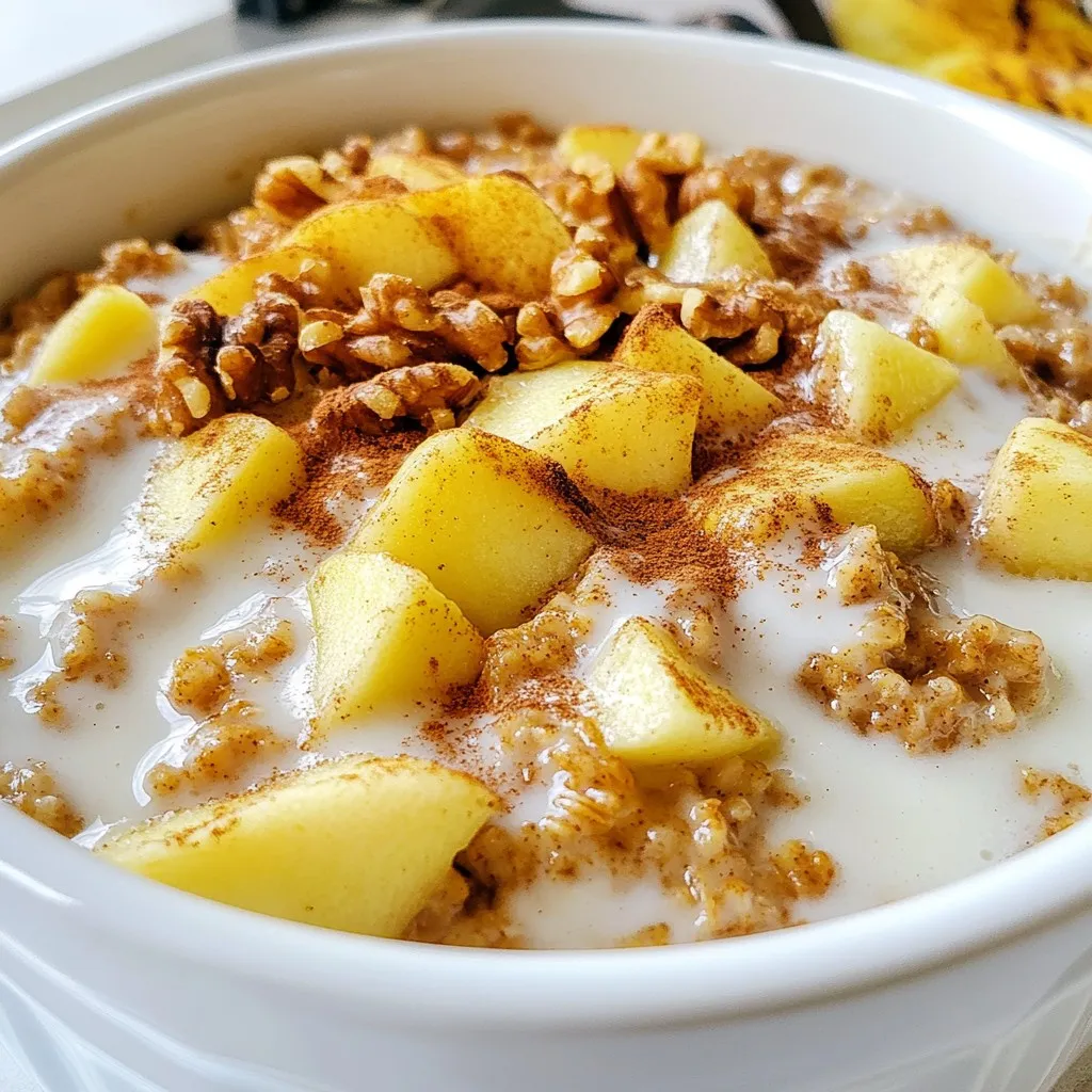 - 2 cups rolled oats - 1 ½ cups almond milk (or any milk of your choice) - 2 medium tart apples, peeled and diced (like Granny Smith) - 1/2 cup brown sugar (or maple syrup for a twist) - 1 teaspoon ground cinnamon - 1/2 teaspoon ground nutmeg - 1 teaspoon baking powder - 1/4 teaspoon fine sea salt - 1/4 cup chopped walnuts or pecans (optional for crunch) - 2 tablespoons melted coconut oil (or butter if you like) - 1 teaspoon pure vanilla extract - 1/4 cup raisins or dried cranberries (optional for sweetness) You can switch brown sugar with maple syrup for a unique taste. Use any milk you like, such as oat or coconut milk. If you want a nut-free option, skip the walnuts or pecans. Add sliced bananas or berries for extra fruit flavors. You can also use olive oil in place of coconut oil if you prefer. Rolled oats provide fiber, which helps digestion and keeps you full. Apples add vitamins and antioxidants that boost your health. Cinnamon may help regulate blood sugar levels. Nuts offer healthy fats and protein, giving you energy. Almond milk is low in calories and a good dairy alternative. These ingredients work together to make this dish not just tasty, but also good for you! {{ingredient_image_2}} First, set your oven to 375°F (190°C). This temperature helps the oatmeal bake perfectly. Next, grab an 8x8 inch baking dish. Grease it with coconut oil or cooking spray. This step prevents sticking and makes cleanup easier. In a large bowl, add 2 cups of rolled oats. Then, include 1 teaspoon of baking powder, 1 teaspoon of ground cinnamon, 1/2 teaspoon of ground nutmeg, and 1/4 teaspoon of fine sea salt. Mix these ingredients well. This blend creates a tasty base for your oatmeal. In another bowl, whisk together 1 ½ cups of almond milk and 1/2 cup of brown sugar. If you want a different flavor, try maple syrup instead. Add 2 tablespoons of melted coconut oil and 1 teaspoon of pure vanilla extract to this mix. Whisk until it is smooth and all ingredients blend well. Make a well in the center of your dry mixture. Pour in the wet ingredients and stir gently. Be careful not to overmix. This keeps the texture nice. Now, fold in 2 medium diced apples and 1/4 cup of chopped walnuts or pecans if you like nuts. You can add 1/4 cup of raisins or dried cranberries for extra sweetness. Transfer the mixture into your greased baking dish. Spread it out evenly. Bake in the preheated oven for about 30-35 minutes. Check for a light golden brown color on top. When done, let it cool for a few minutes. This cooling time helps with slicing the oatmeal. Enjoy your warm, yummy breakfast delight! To boost flavor, use tart apples like Granny Smith. They add a nice zing. You can also mix in spices like cloves or ginger for extra warmth. For texture, use nuts like walnuts or pecans. They give a nice crunch. Adding a touch of vanilla extract brings all the flavors together. Try drizzling some maple syrup on top before serving for a sweet finish. One mistake is overmixing the batter. This makes the oatmeal dense. Mix just until combined for a light texture. Another mistake is not greasing the baking dish well, which can lead to sticking. Be sure to grease it properly. Lastly, don’t skip the cooling time. Letting it cool a bit makes slicing easier and keeps it from falling apart. Serve it warm in bowls for a cozy breakfast. Top with yogurt for creaminess and extra flavor. You can also sprinkle more apples and nuts on top for a nice look. For added sweetness, drizzle with honey or maple syrup. Pair it with a side of fresh fruit for a balanced meal. This oatmeal also works great as a snack throughout the day! Pro Tips Choose the Right Apples: Opt for tart apples like Granny Smith for a perfect balance of sweetness and acidity in your baked oatmeal. Make Ahead: Prepare the mixture the night before and refrigerate it. Just pop it in the oven in the morning for a quick and easy breakfast! Customize Your Nuts: Experiment with different nuts such as almonds or hazelnuts for varied flavors and textures in your dish. Add More Flavor: Consider adding a pinch of ginger or a splash of maple extract to enhance the overall flavor profile of your baked oatmeal. {{image_4}} You can use many types of milk for this recipe. Almond milk adds a nutty taste. If you like, go for oat milk for a creamier feel. Coconut milk gives a tropical twist, while soy milk is rich and smooth. Just pick what you enjoy most. All options work well with the apples and spices. While apples shine in this dish, you can mix it up! Try ripe bananas for natural sweetness. Berries like blueberries or raspberries add a pop of color and flavor. Diced pears also pair nicely with cinnamon. Feel free to experiment with your favorite fruits. Each will bring its own fun taste to the oatmeal. Want a nut-free version? Just skip the walnuts or pecans. You can replace the almond milk with any nut-free milk. For a vegan treat, use maple syrup instead of brown sugar. This keeps the dish plant-based and still yummy. You can also swap coconut oil for any vegetable oil. These simple changes keep your breakfast both safe and tasty. To keep your Apple Cinnamon Baked Oatmeal fresh, store it in an airtight container. Let it cool completely before sealing. You can keep it in the fridge for up to five days. This way, you can enjoy it for breakfast all week. If you want to keep it longer, freezing is a great option. When you're ready to eat your leftovers, reheat them in the microwave or oven. If using a microwave, place a portion in a bowl and cover it. Heat for about one minute. Stir halfway through to ensure even heating. If you prefer the oven, preheat it to 350°F (175°C). Place the oatmeal in an oven-safe dish, cover with foil, and heat for 15-20 minutes. This keeps the texture nice and fluffy. You can freeze Apple Cinnamon Baked Oatmeal for up to three months. Cut it into squares and wrap each piece tightly in plastic wrap. Then, place them in a freezer-safe bag. When you want to eat one, thaw it in the fridge overnight. Reheat as mentioned above. This way, you have a quick and tasty breakfast ready to go! Yes, you can make this recipe gluten-free. Use certified gluten-free rolled oats. Check the packaging to ensure they are safe. Gluten-free oats will give you the same great taste without the gluten. The oatmeal is done when the top is set and light golden brown. You can also check if a toothpick inserted in the center comes out clean. This shows that the oatmeal has cooked through. Yes, this dish is a healthy choice. It has oats, apples, and nuts that provide fiber and nutrients. You can reduce sugar by using less brown sugar or maple syrup. Adding nuts gives you healthy fats too. I do not recommend steel-cut oats for this recipe. They need more cooking time than rolled oats. If you use steel-cut oats, adjust the baking time and liquid used. Rolled oats give the best texture and flavor in this baked dish. This blog post covered everything you need for Apple Cinnamon Baked Oatmeal. We explored the ingredients, step-by-step instructions, tips, and variations. You learned how to store leftovers and reheat them too. In conclusion, this recipe is easy to customize and offers many health benefits. Enjoy making it your own and delighting in its warmth and flavor. Making this dish will surely bring comfort and joy to your mornings.