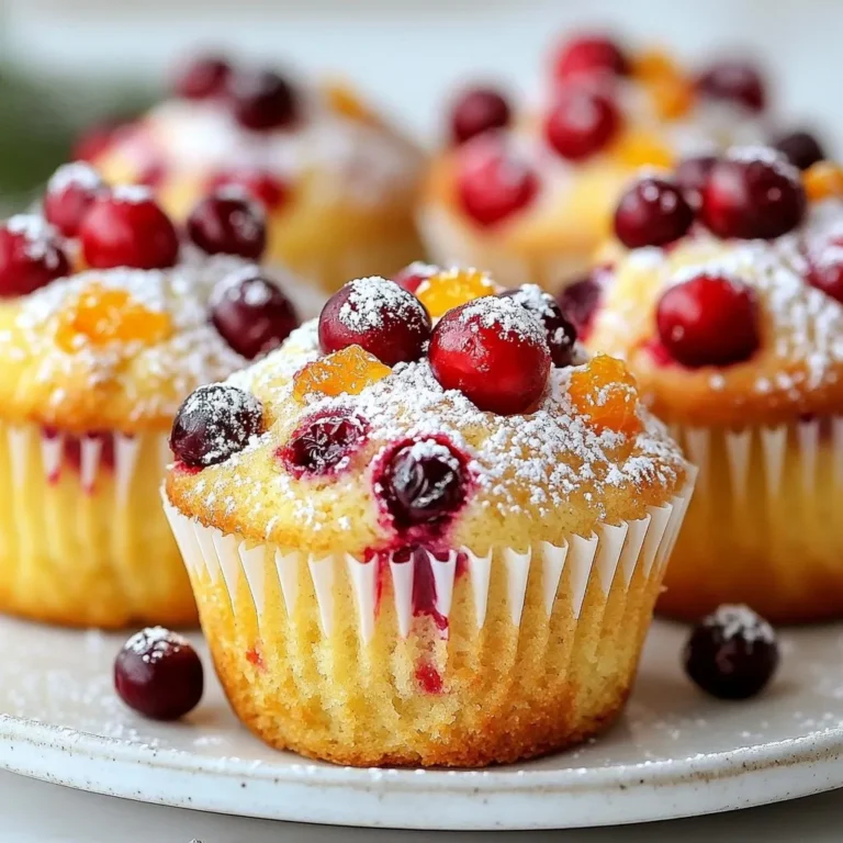 To make delicious cranberry orange muffins, you will need the following ingredients: - 2 cups all-purpose flour - 1 cup fresh cranberries, chopped - Zest of 1 juicy orange - 1/2 cup granulated sugar - 1/2 cup brown sugar packed - 1 tablespoon baking powder - 1/2 teaspoon baking soda - 1/4 teaspoon fine salt - 1/2 cup unsalted butter, melted and slightly cooled - 2 large eggs at room temperature - 1 cup freshly squeezed orange juice - 1 teaspoon pure vanilla extract - 1/2 teaspoon ground cinnamon - 1/2 cup walnuts, chopped (optional) These ingredients work together to create a muffin that is both sweet and tart. The fresh cranberries add a burst of flavor, while the orange zest brightens each bite. The mix of granulated and brown sugar gives the muffins a rich sweetness. Using melted butter helps keep the muffins moist. Adding eggs at room temperature ensures they blend well with the other wet ingredients. Freshly squeezed orange juice makes a big difference in taste. If you like nuts, feel free to add walnuts for extra crunch. Gather these ingredients before you start baking. This way, you will be ready to create a batch of muffins that everyone will love! {{ingredient_image_2}} - Preheat oven to 375°F (190°C). - Prepare muffin tin with liners or cooking spray. Start by preheating your oven. Set it to 375°F (190°C). This step is key to get your muffins baked just right. While the oven warms, grab your muffin tin. You can use paper liners or spray the cups with cooking spray. This keeps the muffins from sticking later. - Combine flour, sugars, baking powder, baking soda, salt, and cinnamon. Next, we’ll mix the dry ingredients. In a large bowl, add 2 cups of all-purpose flour. Then, add 1/2 cup of granulated sugar and 1/2 cup of brown sugar. Sprinkle in 1 tablespoon of baking powder, 1/2 teaspoon of baking soda, 1/4 teaspoon of fine salt, and 1/2 teaspoon of ground cinnamon. Whisk these together until they are well mixed. This helps the muffins rise and gives them flavor. - Whisk together melted butter, eggs, orange juice, vanilla, and zest. Now, let’s prepare the wet ingredients. In another bowl, take 1/2 cup of melted butter that has cooled a bit. Add 2 large eggs and 1 cup of freshly squeezed orange juice. Don’t forget the zest of 1 juicy orange and 1 teaspoon of pure vanilla extract. Whisk these ingredients together until smooth. This mix brings moisture and flavor to our muffins. - Gradually mix wet ingredients into dry until just combined. It's time to combine the mixtures. Pour the wet ingredients into the dry ones slowly. Use a spatula or a wooden spoon to mix. Stir gently until just combined. You want to stop when you still see a few lumps. This keeps the muffins light and fluffy. - Gently fold in chopped cranberries and walnuts. Now, add the fun part: cranberries! Fold in 1 cup of chopped fresh cranberries. If you like, you can also add 1/2 cup of chopped walnuts. Gently mix them in to ensure they’re spread evenly without overworking the batter. - Fill muffin cups and bake for 18 to 22 minutes, check for doneness. Scoop the batter into the prepared muffin cups. Fill each one about two-thirds full. This allows room for rising. Place the tin in the oven and bake for 18 to 22 minutes. To check if they are done, insert a toothpick into the center. It should come out clean or with a few moist crumbs. Once baked, let the muffins cool for about 5 minutes in the tin before moving them to a wire rack. To get the best texture in your cranberry orange muffins, avoid overmixing the batter. When you mix, do it gently. Let the batter have a few lumps. This helps keep your muffins soft and fluffy. When your muffins bake, watch them closely. Insert a toothpick into the center to check for doneness. If it comes out clean or with a few moist crumbs, they are ready. After baking, cool the muffins in the tin for about five minutes. This helps them set before you move them to a wire rack. Serving your muffins warm makes them even better. You can dust them with powdered sugar for a sweet touch. For an extra burst of flavor, try a light drizzle of orange glaze made from powdered sugar and orange juice. This adds a nice shine and flavor to your muffins. Pro Tips Use Fresh Ingredients: Always opt for fresh cranberries and a juicy orange to maximize flavor and ensure your muffins have the best taste and texture. Don't Overmix the Batter: To achieve light and fluffy muffins, mix the batter just until combined. A few lumps are perfectly fine! Check for Doneness: Use a toothpick to test the center of a muffin; it should come out clean or with a few moist crumbs, ensuring they are perfectly baked. Cool on a Wire Rack: After baking, transfer muffins to a wire rack to cool completely. This prevents them from becoming soggy and maintains their texture. {{image_4}} You can easily make these muffins gluten-free. Just swap all-purpose flour with a gluten-free flour blend. Look for one that works well in baking. This simple change keeps the taste and texture nice. Want to mix it up? You can add other fruits like blueberries or raspberries. They pair well with cranberries. If you want a lighter muffin, try using yogurt instead of butter. This gives a soft and moist texture. For a fun twist, add a teaspoon of almond extract. This small change brings a warm, nutty flavor to the muffins. It blends beautifully with the orange and cranberry tastes. You can also try other extracts like lemon or vanilla for more variety. Store your cranberry orange muffins in an airtight container. They stay fresh at room temperature for up to 3 days. Keep them away from heat and direct sunlight to maintain their softness. This way, you can enjoy them for breakfast or as a snack. For longer storage, freeze the muffins. They can last for up to 3 months in the freezer. Wrap each muffin in plastic wrap and place them in a freezer bag. This method keeps them fresh and tasty for later. When you want to enjoy a warm muffin, reheat it in the oven or microwave. For the oven, set it to 350°F (175°C) and warm the muffin for about 10 minutes. If using the microwave, heat for about 15-20 seconds. This way, you’ll have a soft and warm snack ready to enjoy! Yes, but extend baking time slightly. Frozen cranberries add a nice tartness, too. Just make sure to chop them before adding to the batter. This keeps them from clumping together. Substitute eggs with flax eggs and use plant-based butter. To make a flax egg, mix one tablespoon of ground flaxseed with three tablespoons of water. Let it sit for a few minutes to thicken. Lemon juice or apple juice can be alternatives. Lemon juice will add a different tart flavor, while apple juice keeps it sweet. Both options will still make your muffins tasty. Yes, chocolate chips pair well with the flavors. The sweet chocolate contrasts with the tart cranberries. Try semi-sweet or dark chocolate for a richer taste. Approximate calorie count per muffin based on recipe ingredients is around 180 calories. This can vary based on specific brands and quantities used. Always check your ingredients for precise numbers. You learned how to make delicious cranberry orange muffins. Using simple ingredients and clear steps, you can bake a treat that everyone loves. Remember not to overmix the batter for the best texture. Store them properly for lasting freshness. Feel free to try variations to match your taste. These muffins can turn any moment into a special occasion. Enjoy every bite of your homemade creations!