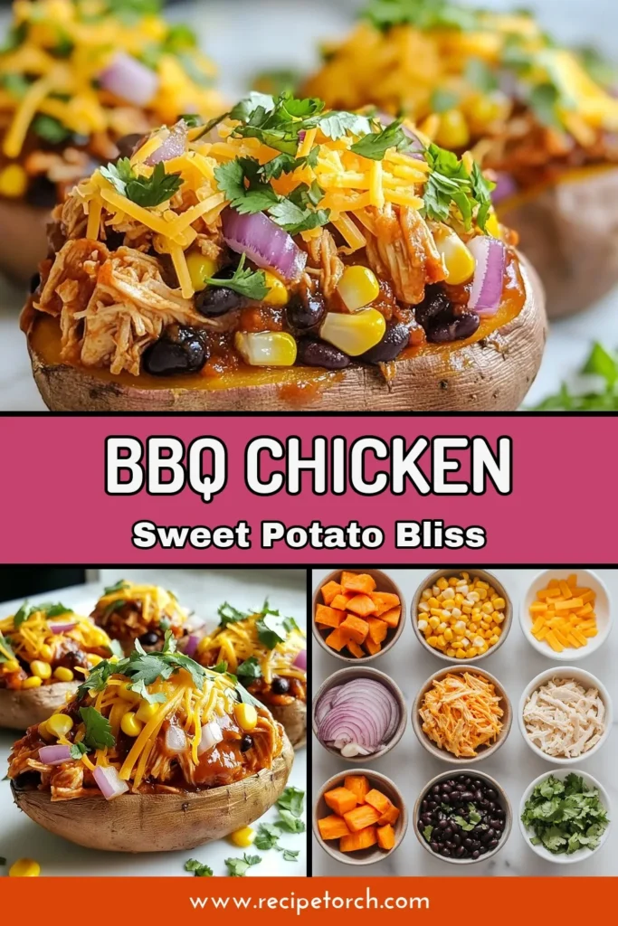 Enjoy a delicious and nutritious meal with these BBQ chicken stuffed sweet potatoes! Perfect for busy nights, this easy BBQ chicken recipe combines tender sweet potatoes with juicy shredded chicken, black beans, and cheese for a healthy stuffed potato option. Whether you're looking for quick weeknight dinners or tasty sweet potato recipes, these chicken and sweet potato dinners fit the bill. Save this recipe to elevate your mealtime! #BBQChicken #SweetPotatoRecipes #HealthyDinner #EasyRecipes