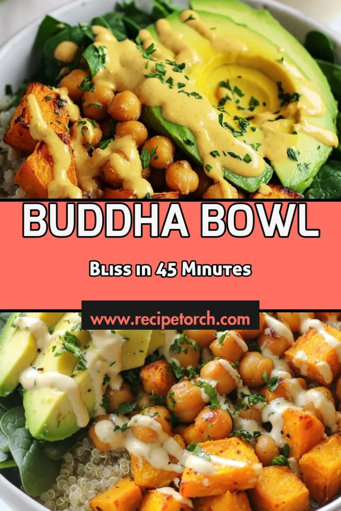 Discover the ultimate Sweet Potato Chickpea Buddha Bowl, a nourishing Vegan Buddha Bowl Recipe perfect for meal prep or a hearty lunch! This Chickpea Buddha Bowl combines perfectly roasted sweet potatoes, crispy chickpeas, and fresh spinach on a base of fluffy quinoa. Topped with a creamy tahini dressing, this Healthy Buddha Bowl is both delicious and satisfying. Try this easy recipe today and elevate your quinoa bowl recipes! Save for later! #HealthyBuddhaBowl #VeganRecipes #QuinoaBowl #MealPrep