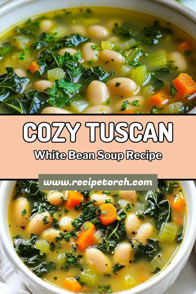 Warm up with this delicious Tuscan white bean soup that's packed with nutrition! Our easy kale soup recipe combines hearty white beans, fresh kale, and vibrant veggies for a wholesome, healthy bean soup. Perfect for any day, this vegetarian soup recipe is not only comforting but also simple to make. Discover the flavors of Tuscany in every bowl! Save this healthy recipe today and enjoy a cozy meal! #TuscanWhiteBeanSoup #KaleSoupRecipe #VegetarianSoupRecipes #EasyKaleSoup