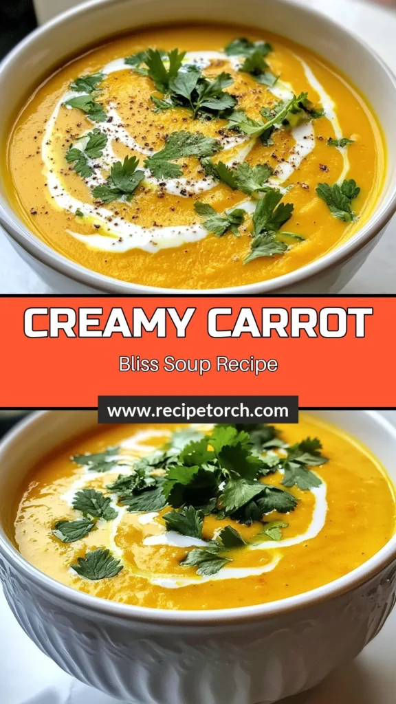 Discover the ultimate carrot soup recipe that&rsquo;s both delicious and nourishing! This creamy carrot soup is easy to make and perfect for weeknight dinners. Enjoy a healthy vegan carrot soup made with fresh carrots, coconut milk for extra creaminess, and aromatic spices. Whip up this healthy carrot soup in just 40 minutes and savor every spoonful. Perfect with crusty bread! Save this recipe for your next meal! #CarrotSoup #VeganRecipes #HealthyEating #SoupLovers