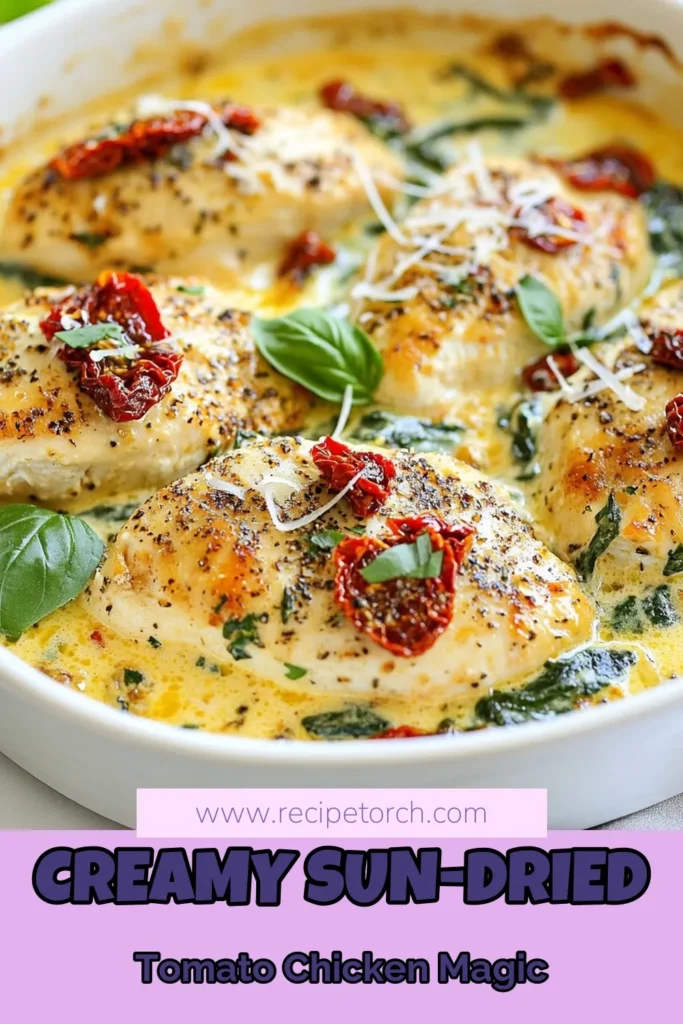 Discover the deliciousness of creamy sun-dried tomato chicken, a perfect add to your Italian chicken recipes. This easy creamy chicken dish features tender chicken breasts, rich heavy cream, and flavorful sun-dried tomatoes. The addition of spinach elevates this sun-dried tomato chicken recipe, making it ideal for any dinner table. Get ready to impress your family and friends! Try it tonight! #CreamyChicken #ItalianRecipes #ChickenDinner #SunDriedTomatoes