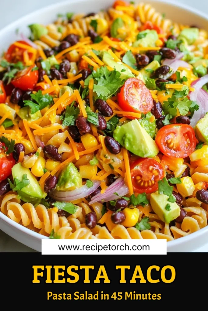 Looking for a refreshing dish? Try our Fiesta Taco Pasta Salad! This easy pasta salad combines fusilli pasta, black beans, corn, and a zesty dressing, making it perfect for summer salad ideas. Enjoy this vegetarian taco salad at your next gathering or barbecue. Quick to prepare and full of flavor, it's sure to impress. Save this irresistible recipe for your next potluck! #PastaSaladRecipes #VegetarianTacoSalad #EasyPastaSalads #SummerSaladIdeas