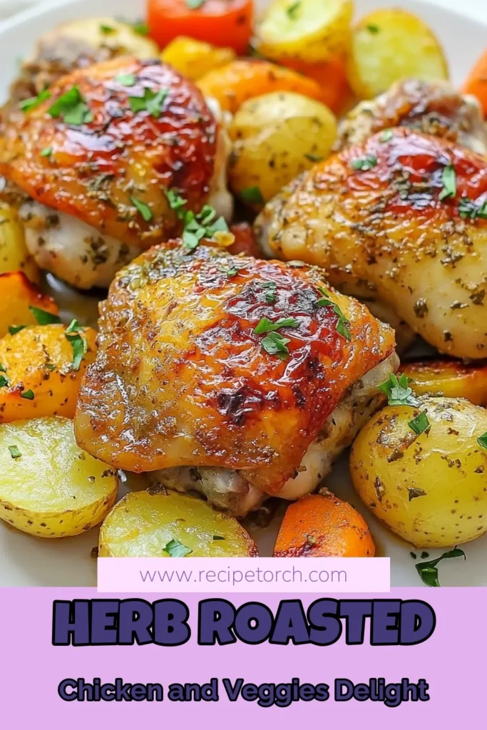 Discover this delicious herb roasted chicken recipe that brings together juicy, crispy chicken thighs and vibrant veggies for an easy chicken dinner the whole family will love. This one pan chicken and vegetables meal is simple to prepare, making it perfect for busy weeknights. Elevate your dinner game with this roasted chicken and veggies dish that promises flavor in every bite. Save this recipe now for your next tasty meal! #HerbRoastedChicken #EasyChickenDinner #OnePanDinner #CrispyChickenThighs