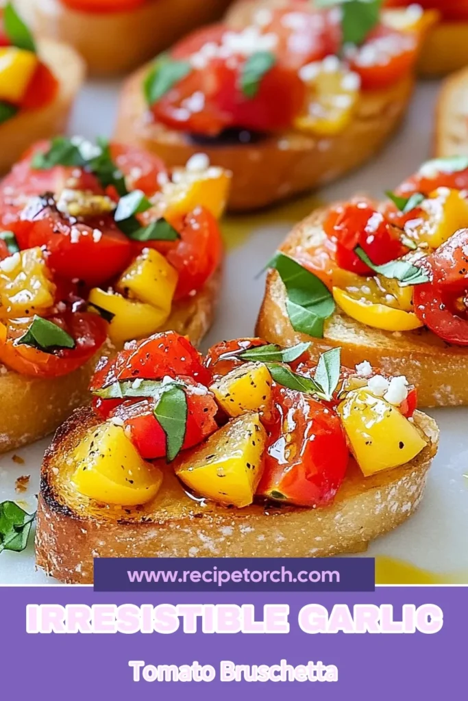 Indulge in the flavors of Italy with this Roasted Garlic Tomato Bruschetta! This easy bruschetta appetizer combines roasted garlic and fresh tomato for a delicious tomato basil bruschetta recipe. Perfect for gatherings or a cozy night in, you can elevate homemade garlic toast by topping it with Italian bruschetta with cheese. Discover the complete recipe today and save it for your next event! #Bruschetta #ItalianAppetizers #EasyRecipes #HomemadeDelights