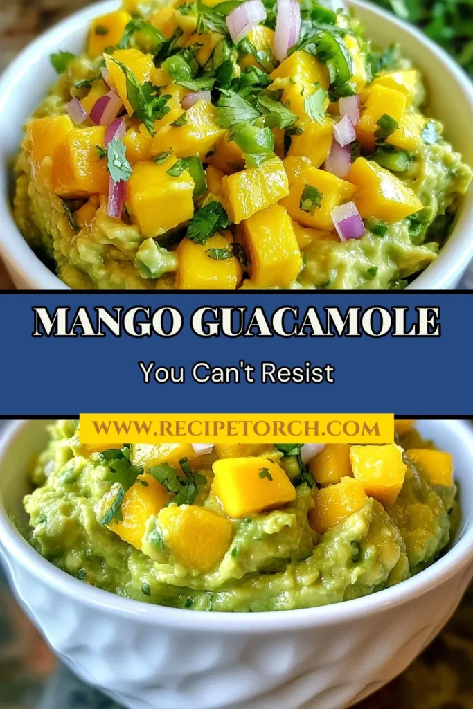 Elevate your snacking with this zesty mango guacamole! This fresh mango guacamole recipe features creamy avocado blended with sweet, ripe mango and a hint of spice from jalape&ntilde;o, making it the perfect avocado and mango dip. Ready in just 10 minutes, it&rsquo;s an easy guacamole with mango that delights any palate. Perfect for gatherings or as a tasty treat at home. Save this spicy guacamole recipe for your next event! #Guacamole #MangoRecipes #HealthySnacks #AvocadoDip