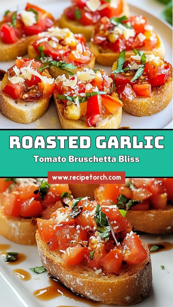 Elevate your snack game with this savory tomato bruschetta recipe featuring roasted garlic tomatoes! This easy appetizer is perfect for gatherings, combining toasted garlic bread with tomatoes and fresh basil for an explosion of flavor. Perfectly suited for casual evenings or festive occasions, this dish will impress your guests. Save this easy appetizer recipe for your next get-together! #BruschettaRecipe #RoastedGarlicTomatoes #EasyAppetizerRecipes #GarlicBreadWithTomatoes