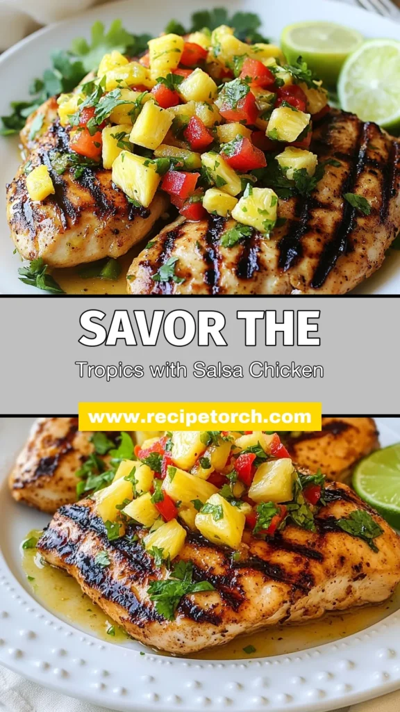 Elevate your summer meals with this Tropical Pineapple Salsa Chicken, a delightful tropical chicken recipe that combines juicy grilled chicken with a vibrant pineapple salsa. Perfect for an easy chicken dinner, this grilled chicken with salsa is packed with fresh flavors and nutrients. Treat your taste buds to a refreshing twist! Pin this recipe now and enjoy an unforgettable summer meal! #TropicalChickenRecipe #PineappleSalsaChicken #EasyChickenDinner #SummerRecipes
