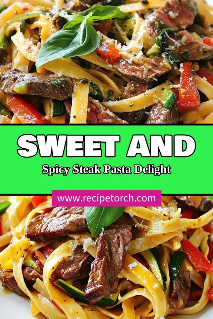 Indulge in a delicious meal with this sweet and spicy steak pasta recipe! Easy to whip up, this flank steak pasta recipe combines tender steak with vibrant veggies and a mouthwatering honey soy sauce pasta that will tantalize your taste buds. Perfect for a quick weeknight dinner, this spicy fettuccine recipe is sure to impress your family and friends! Try it today and elevate your pasta game! #SweetAndSpicySteakPasta #EasyPastaWithSteak #HoneySoySaucePasta #SpicyFettuccineRecipe
