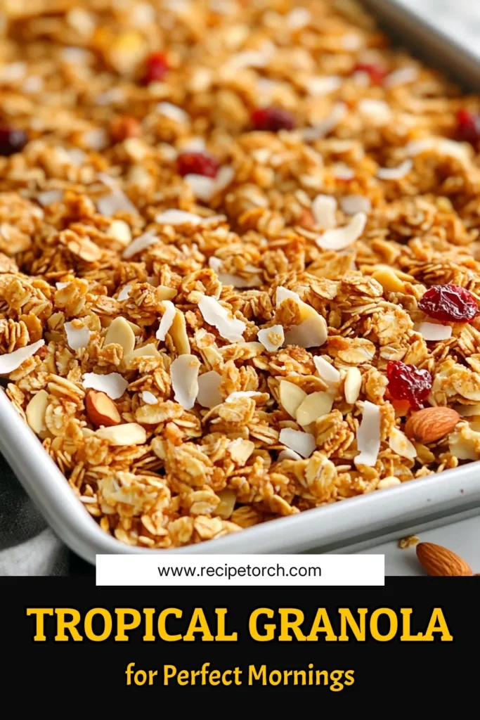 Discover the delightful Tropical Coconut Almond Granola recipe that’s both delicious and healthy! This homemade granola combines rolled oats, shredded coconut, and crunchy almonds, creating the perfect oat and nut granola. It's easy to make and packed with flavor, making it an ideal snack or breakfast option. Try this healthy granola recipe and savor the tropical twist! Click to save this nutritious treat! #GranolaRecipe #HealthySnacks #CoconutAlmond #HomemadeGranola
