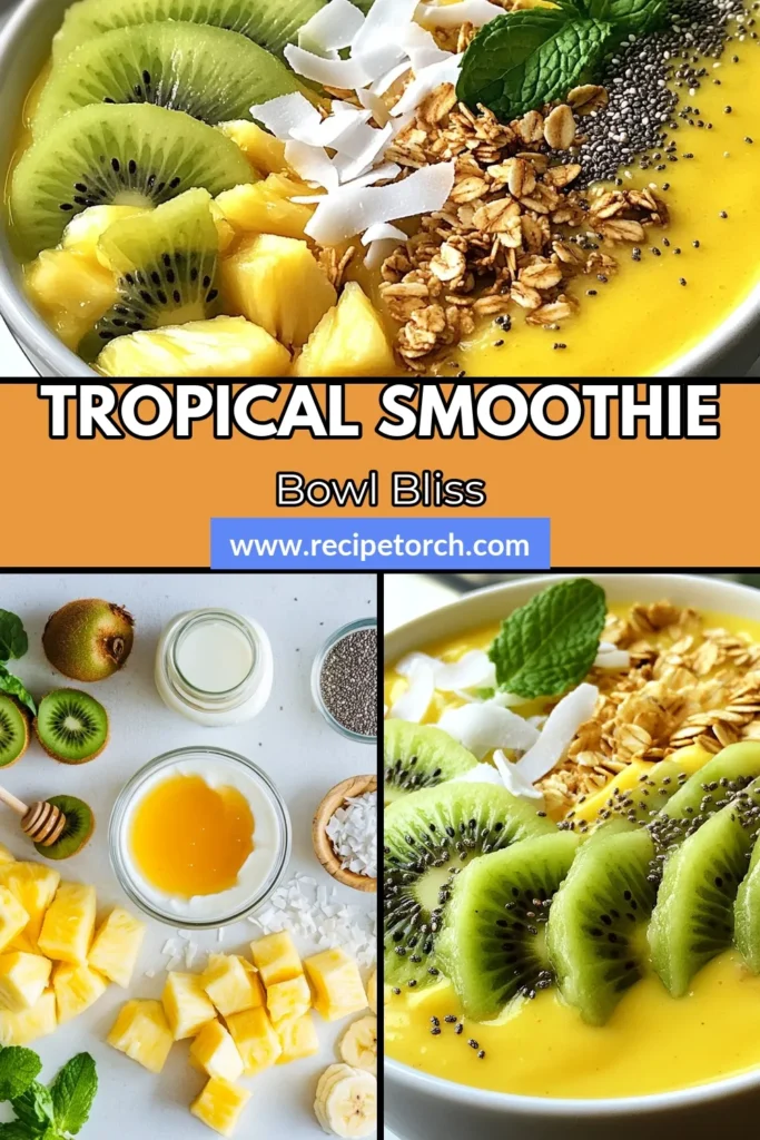 Dive into a delicious Tropical Pineapple Smoothie Bowl that&rsquo;s perfect for a healthy breakfast! This pineapple smoothie recipe combines fresh pineapple, creamy coconut milk, and ripe banana for a refreshing treat. Top your bowl with kiwi, chia seeds, shredded coconut, and granola for delightful crunch. Enjoy this coconut banana smoothie as a vibrant start to your day. Save this recipe for a tropical breakfast delight! #SmoothieBowl #HealthyBreakfast #PineappleSmoothie #TropicalSmoothieBowl