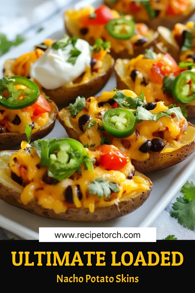 Indulge in these delicious loaded nacho potato skins, the ultimate cheesy potato skins recipe that will elevate your snack game! Enjoy the perfect blend of roasted potato skins filled with a flavorful mixture of shredded cheddar, black beans, and jalapeños. These jalapeño stuffed potatoes are a crowd-pleaser for any occasion. Try this black bean potato skins recipe today and impress your guests! Save and click for more tasty ideas! #LoadedNachoPotatoSkins #CheesyPotatoSkinsRecipe #BlackBeanPotatoSkins #JalapeñoStuffedPotatoes
