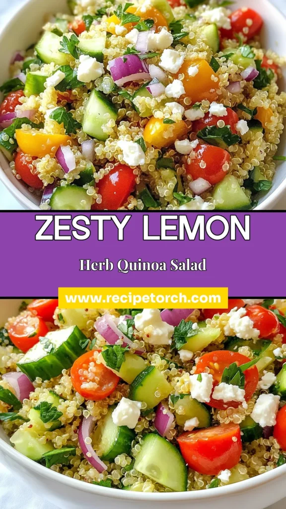 Brighten up your meals with this delicious Lemon Herb Quinoa Salad! This healthy quinoa recipe is packed with fresh vegetables, making it a perfect Mediterranean quinoa salad. Toss in crumbled feta for an extra touch! Discover the simplicity of a quinoa salad with feta that&rsquo;s both nutritious and flavorful. Don't forget to save this recipe for your next fresh vegetable salads craving! #HealthyEating #QuinoaRecipes #MediterraneanDiet #SaladRecipes