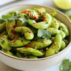 To make spicy garlic edamame, gather the following ingredients: - Edamame (fresh or frozen): Use 2 cups of edamame pods. Fresh edamame gives a crisp bite, while frozen is quick and easy. - Garlic and spices: You need 4 cloves of garlic, finely minced, and 1 teaspoon of red pepper flakes. Adjust the flakes for your heat level. - Sauces and sweeteners: Use 2 tablespoons of low-sodium soy sauce, 1 tablespoon of natural honey, and juice from 1 lime. This mix adds depth and flavor. - Garnishes and optional additions: Fresh cilantro, chopped, makes a great garnish. It adds color and a fresh taste. You can also add lime wedges for extra zest. These ingredients come together to create a dish that is both spicy and savory. Each bite bursts with flavor, making it a great snack or appetizer. {{ingredient_image_2}} To start, you need to choose between fresh or frozen edamame. If you pick frozen, follow the package instructions. Usually, this means boiling them until they are tender. If you choose fresh, bring salted water to a boil. Cook the pods for about five minutes. They should be tender but not mushy. After cooking, it is very important to drain them thoroughly. This step helps avoid a watery dish. Next, grab a large skillet and add the extra virgin olive oil. Heat it over medium heat. You want the oil to shimmer but not smoke. This is key for great flavor. Once the oil is ready, add the finely minced garlic. Saut&eacute; it for one to two minutes. Watch it closely. You want it fragrant and golden, not burnt. Burnt garlic can ruin the dish&rsquo;s flavor. Now, it&rsquo;s time to add some heat. Sprinkle in the red pepper flakes and saut&eacute; for another 30 seconds. This will release their spicy aroma. Then, gently add the boiled edamame into the skillet. Toss them in the garlic oil until well coated. Next, drizzle in the soy sauce, honey, and freshly squeezed lime juice. Stir everything well. This mixing helps the edamame soak up all those bold flavors. Let the mixture cook for another two to three minutes. Stir occasionally to ensure even heating. This step allows the flavors to meld beautifully. Once you think it&rsquo;s ready, taste a pod. Add sea salt to your liking, then take the skillet off the heat. Just before serving, garnish with freshly chopped cilantro. This adds a burst of color and freshness to your dish. To make your spicy garlic edamame shine, adjust the heat level with red pepper flakes. If you like it spicy, add more flakes. For a milder taste, use less. This way, you control the spice just how you want it. Balancing sweetness with honey is also key. The honey adds a great contrast to the heat. It helps to round out the flavors. You can try using maple syrup too if you prefer. Cooking time is crucial for edamame. If you cook it too long, it gets mushy. For fresh edamame, boil it for about five minutes. If using frozen, follow the package instructions closely. Drain the edamame well to keep the texture perfect. Be careful with the garlic. Saut&eacute; it just until golden. If you burn it, the taste becomes bitter. This can ruin the dish. Keep an eye on it, and stir often. When serving, choose a large, attractive bowl. This makes the dish look inviting. You can also add lime wedges on the side. They give a nice pop of color and extra zest. Garnishing with cilantro adds freshness. It also enhances the look of the dish. Just sprinkle it on top before serving. These small touches make a big difference! Pro Tips Fresh vs. Frozen: For the best flavor and texture, use fresh edamame when in season. Frozen edamame is a great alternative and can be just as delicious when cooked properly. Adjusting Heat: Feel free to adjust the amount of red pepper flakes based on your heat preference. Start with a smaller amount and add more if you like it spicier! Garlic Perfection: Keep an eye on the garlic while saut&eacute;ing; it should be golden and fragrant, but not burnt. Burnt garlic can turn bitter and ruin the dish. Garnishing Tips: For an extra pop of flavor, consider adding a sprinkle of sesame seeds or a few slices of fresh chili on top along with the cilantro before serving. {{image_4}} You can boost the nutrition of your spicy garlic edamame by adding protein. Shrimp or chicken work great. Just cook the protein in the skillet first. Then, follow the recipe as usual. This adds a savory depth to the dish. For a vegan option, consider using tofu or tempeh. Cube them and saut&eacute; until golden brown. This keeps the dish plant-based while still being filling. You can adjust the heat to fit your taste. If you like it mild, use less red pepper flakes. Try starting with half a teaspoon. You can always add more later if you want more kick. For a fiery version, double the red pepper flakes. You can also add a dash of hot sauce for extra heat. Experiment with spices like cayenne or Szechuan pepper for different flavors. Don't be afraid to play around with the flavors. Try adding different sauces, like hoisin or sesame oil. This will give a unique twist to the dish. Adding citrus zest, like lime or lemon, can brighten the flavors. Just a little zest goes a long way. It will make your edamame taste fresh and vibrant. To keep your Spicy Garlic Edamame fresh, store it in an airtight container. Refrigerate it within two hours of cooking. This helps maintain flavor and texture. When reheating, use a skillet over medium heat. Add a splash of water or oil to keep it moist. Stir for a few minutes until hot. You can also microwave it in short bursts. Make sure to cover it to prevent drying out. Yes, you can freeze Spicy Garlic Edamame! It&rsquo;s a great way to save leftovers for later. To prepare for freezing, let the edamame cool completely. Place it in a freezer-safe bag or container. Remove as much air as possible before sealing. This helps prevent freezer burn. Label the bag with the date to keep track. In the fridge, your Spicy Garlic Edamame will last about three to four days. Keep an eye on it. Signs of spoilage include off smells or strange colors. If it looks slimy or dry, it&rsquo;s best to toss it. Always trust your senses; they guide you well. You can cook edamame by boiling or steaming. Boiling edamame keeps it tender and is quick. Bring a pot of salted water to a boil. Cook the pods for about 5 minutes. Then, drain them well. If you prefer steaming, place the edamame in a steamer basket over boiling water. Steam for about 6-8 minutes. Both methods work well, but boiling may give a softer texture. Yes, you can make Spicy Garlic Edamame ahead of time. To prep, cook the edamame as mentioned above. Then, mix in the garlic and spices. Let it cool before storing. Place it in an airtight container in the fridge. When ready to serve, just reheat it in a skillet. Add a splash of lime juice for freshness. This makes it easy for meal prep. You can find great edamame at many grocery stores. Look for fresh pods in the produce section. Frozen edamame is also widely available. Popular stores like Whole Foods and Trader Joe&rsquo;s often carry high-quality edamame. Many sushi restaurants serve it as an appetizer. Try local Asian bistros too; they often have it on the menu. Enjoy discovering your favorite spots! This blog post covered how to make Spicy Garlic Edamame. You learned about the ingredients, preparation steps, and tips for flavor and texture. Remember to adjust the heat level and try different sauces. Enjoy serving it fresh or reheated. Always store leftovers properly for the best taste. Whether you stick to the original recipe or experiment, this dish is sure to impress. Get ready to enjoy a tasty snack that&rsquo;s simple to make and full of flavor.