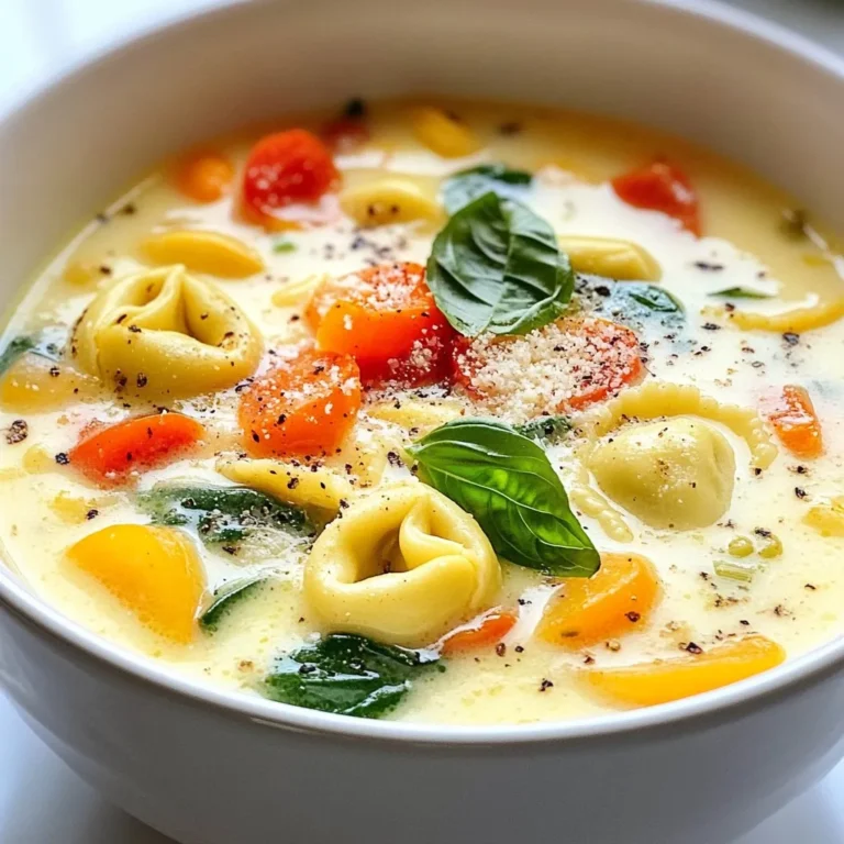 To make this delicious soup, you will need: - 1 package (9-12 oz) cheese tortellini, either fresh or frozen - 1 can (15 oz) diced tomatoes, including juice - 4 cups vegetable broth - 1 medium onion, finely chopped - 3 cloves garlic, minced - 2 cups baby spinach, roughly chopped - 1 cup carrots, thinly sliced - 1 cup bell pepper, chopped (any variety) - 1 teaspoon Italian seasoning - ½ teaspoon red pepper flakes (optional for a spicy kick) - Salt and black pepper to taste - 1 cup heavy cream or coconut cream (for a dairy-free alternative) - Grated Parmesan cheese (optional, for serving) - Fresh basil leaves (optional, for garnish) You can use either fresh or frozen tortellini in this soup. Fresh tortellini cooks faster and has a lovely texture. Frozen tortellini is a great option if you want to keep it simple. Just add it directly to the crockpot without thawing. Either choice will make the soup rich and tasty. Toppings add a fun twist to your soup. Consider using: - Grated Parmesan cheese for a salty kick - Fresh basil leaves for a pop of color and flavor - A drizzle of olive oil for added richness These toppings enhance the dish and make each bowl feel special. You can mix and match based on your taste. Enjoy this soup as a meal or a starter! {{ingredient_image_2}} Start by gathering all your ingredients. You need cheese tortellini, diced tomatoes, vegetable broth, onion, garlic, spinach, carrots, and bell pepper. - Finely chop 1 medium onion. - Mince 3 cloves of garlic. - Slice 1 cup of carrots into thin rounds. - Chop 1 cup of bell pepper. Set the tortellini aside for later. This step is key for great flavor. In your large crockpot, start adding the chopped onion and minced garlic. Next, layer in the sliced carrots and chopped bell pepper. Then, open the can of diced tomatoes and pour them in, juice and all. This juice holds lots of flavor. Now, pour in 4 cups of vegetable broth. Sprinkle 1 teaspoon of Italian seasoning and ½ teaspoon of red pepper flakes if you like some heat. Gently stir everything to blend the flavors. Cover the crockpot and set it to cook. If you choose low, let it cook for 6-8 hours. This time lets the veggies soften and flavors deepen. If you’re short on time, use the high setting. Cook for 3-4 hours. This method works too, but the low heat gives a richer taste. Now, sit back and wait for the smell to fill your kitchen! To get the best flavor in your soup, use fresh ingredients. Fresh garlic and onion add a nice depth. Chop your vegetables finely for even cooking. Use quality vegetable broth for a richer taste. Let the soup cook long enough for flavors to blend well. This can take 6-8 hours on low. You can easily change the spice level. If you like it spicy, add more red pepper flakes. Start with ½ teaspoon and taste as you go. For a milder soup, skip the red pepper flakes altogether. You can also add a dollop of sour cream when serving to cool it down. For a thicker soup, try adding more heavy cream. You can also blend a portion of the soup to create a creamier base. Another trick is to add a cornstarch slurry. Mix 1 tablespoon of cornstarch with 2 tablespoons of cold water. Stir this into your soup near the end of cooking for added thickness. Pro Tips Prep Ahead: Chop your vegetables the night before and store them in the fridge to save time on cooking day. Customize Your Veggies: Feel free to add other vegetables like zucchini or mushrooms for extra flavor and nutrition. Make It a Meal: Serve with crusty bread or a side salad to create a complete and satisfying meal. Freeze for Later: Leftovers can be frozen for up to three months; just reheat on the stove for a quick meal. {{image_4}} The broth is key in any soup. You can use different types to change the taste. A vegetable broth gives a light and fresh flavor. Chicken broth adds a deeper, richer taste. If you want a smoky flavor, try a bone broth. Each broth will change the soup, making it fun to try new things. Adding protein makes your soup hearty and filling. You can include cooked chicken for a classic taste. Sausage gives a nice kick and rich flavor. If you prefer plant-based options, beans are a great choice. Chickpeas or white beans blend well with tortellini. Just add them when you mix in the broth. Incorporating seasonal veggies can keep your soup exciting. In spring, add peas or asparagus for a bright touch. Summer is perfect for zucchini or corn, which bring sweetness. Fall offers great options like butternut squash or sweet potatoes. Winter calls for root veggies like parsnips or turnips. Each season brings its unique flavors to your dish. To store your Crockpot Tortellini Soup, let it cool first. Use airtight containers for storage. Divide the soup into smaller portions for easy access. This helps it cool quicker and makes reheating easier. Always make sure to leave some space at the top of the container. This allows for the soup to expand when frozen. In the fridge, the soup stays fresh for about 3-4 days. If you want to keep it longer, freeze it. In the freezer, it can last up to 3 months. Be sure to label the container with the date. This way, you know how long it has been stored. When reheating, do it slowly. You can use the stove or microwave. If using the stove, heat it over low to medium heat. Stir often to avoid burning. If using the microwave, heat in short bursts. Stir in between to ensure even heating. You may want to add a splash of broth or cream. This helps keep the soup creamy and flavorful. Yes, you can easily make Crockpot Tortellini Soup vegetarian. The recipe already uses vegetable broth and lots of veggies. Just choose cheese tortellini, which does not contain meat. This way, you can still enjoy a hearty and tasty soup. To make the soup dairy-free, simply replace heavy cream with coconut cream. It gives a rich flavor without any dairy. Ensure you use dairy-free tortellini as well. This small change keeps the soup creamy and delicious. Yes, you can use other pasta types. Small shapes like shells or elbows work well. Just remember to adjust the cooking time, as they may take less time to cook than tortellini. Enjoy your soup your way! This blog post covered the basics for a great Crockpot Tortellini Soup. You learned the ingredients needed, from fresh tortellini to toppings. I shared step-by-step cooking instructions and important tips for flavor and texture. We explored many variations you can try to make it your own. Finally, I discussed proper storage and answered common questions. Now it’s time to enjoy making this delicious soup at home! You will impress family and friends with your cooking skills.
