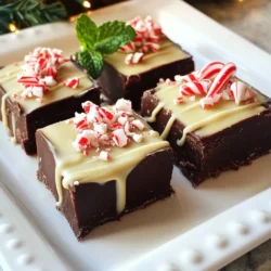 - 2 cups semisweet chocolate chips - 1 cup sweetened condensed milk - 1/4 cup unsalted butter, cut into small pieces - 1 teaspoon peppermint extract - 1/4 teaspoon salt - 1/2 cup crushed candy canes (plus extra for garnish) - 1/2 cup white chocolate chips (optional, for drizzling) When making Chocolate Peppermint Fudge, accurate measurements matter. Use standard measuring cups and spoons. For the chocolate chips, fill the cup to the top and level it off. For butter, cut it into small pieces before measuring. This helps it melt evenly. Use a teaspoon for the peppermint extract and salt. These small amounts can change the flavor. You can swap some ingredients if needed. Use dark chocolate chips if you like a richer flavor. If you don't have sweetened condensed milk, use evaporated milk with sugar. For a dairy-free version, use plant-based butter. Leave out the white chocolate if you want a simpler fudge. If you prefer a different mint flavor, use mint extract instead of peppermint. {{ingredient_image_2}} Start with an 8x8 inch baking pan. Line it with parchment paper. Make sure the paper hangs over the edges. This helps later when you lift out the fudge. Grab a medium saucepan. Add the semisweet chocolate chips, sweetened condensed milk, and butter pieces. Place the saucepan on low heat. Stir this mixture for 5-7 minutes. Keep stirring until it melts and looks smooth. It should be glossy and thick. Take the saucepan off the heat. Pour in the peppermint extract and salt. Stir well to mix everything together. Now, gently fold in the crushed candy canes. This adds a nice crunch and festive taste. Next, pour the mixture into your prepared pan. Use a spatula to spread it out. Smooth the top so it looks nice. If you want to use white chocolate, melt it in a bowl. Heat it in 30-second bursts in the microwave. Stir until it&rsquo;s smooth. Drizzle this white chocolate over the fudge for a pretty design. Finally, sprinkle more crushed candy canes on top for extra flair. Put the pan in the fridge for at least 2 hours. Wait until it feels firm. After it sets, lift the fudge out using the parchment paper. Cut it into squares and enjoy! To get the best fudge texture, use low heat when melting. High heat can burn the chocolate. Stir often to keep it smooth. The mixture should be shiny and thick. If it seems too soft, let it cool a bit before pouring it into the pan. Cooling helps it set better. One common mistake is not measuring ingredients correctly. Use a kitchen scale for chocolate and butter for best results. Another mistake is not mixing well. Every scoop should have an even mix of chocolate and candy canes. If you skip the salt, the fudge will taste flat. Always include it for flavor balance. To make your fudge look special, drizzle melted white chocolate on top. This adds a nice touch. Use a fork to create wavy lines. Then, sprinkle more crushed candy canes over the top. This gives a festive look and crunch. Arrange the fudge on a colorful plate to impress your guests. Pro Tips Use High-Quality Chocolate: The flavor of your fudge heavily relies on the quality of the chocolate you use. Opt for premium semisweet chocolate chips for a richer taste. Chill for Perfect Texture: Allow the fudge to set in the refrigerator for at least 2 hours. This ensures a firm texture that holds its shape beautifully when cut. Customize Your Toppings: Feel free to get creative with toppings beyond crushed candy canes. Consider adding chopped nuts, sprinkles, or even drizzles of caramel for a unique twist. Store Properly: Keep your fudge in an airtight container at room temperature for up to a week, or refrigerate it for longer freshness. Just ensure it&rsquo;s well-wrapped to maintain its flavor. {{image_4}} You can switch up flavors for fun. Try using dark chocolate instead of semisweet. This gives a richer taste. You can also add orange zest for a nice citrus twist. For a more unique twist, mix in almond extract. You can even try adding a touch of espresso for a coffee kick. The fun part is that you can mix and match flavors to find your favorite. Making this fudge vegan is easy. Use dairy-free chocolate chips and coconut milk instead of sweetened condensed milk. You can use a vegan butter substitute to keep the taste rich. For gluten-free options, check that your chocolate chips are gluten-free. This fudge can be enjoyed by everyone with these small changes. Toppings can make your fudge even better. You can add chopped nuts for some crunch. Try walnuts, pecans, or hazelnuts. Drizzle caramel sauce for a sweet touch. You can also sprinkle sea salt for a nice contrast. Get creative! Use different candies or even mini marshmallows. These toppings add flavor and make your fudge look festive. Store your chocolate peppermint fudge in an airtight container. Use wax paper between layers to prevent sticking. Keep the fudge in a cool, dry place, away from heat and sunlight. This will help maintain its creamy texture and rich flavors. When stored properly, the fudge lasts about two weeks. If you keep it in the fridge, it can last up to three weeks. Always check for any signs of spoilage before eating. The flavors may change slightly over time, but it should still taste great. To freeze your fudge, cut it into squares first. Wrap each piece tightly in plastic wrap. Then, place the wrapped fudge in a freezer-safe bag or container. It can last for up to three months in the freezer. When you're ready to enjoy it, let it thaw in the fridge overnight. Yes, you can use milk chocolate. It will make your fudge sweeter. The texture will be creamier, but it will still taste great. Just keep in mind that the peppermint flavor may stand out more. To firm up your fudge, add more chocolate chips. Use a higher ratio of chocolate to condensed milk. You can also chill it longer in the fridge. Some people prefer to add a bit of powdered sugar, too. Sure, you can skip the peppermint extract. Your fudge will taste more like chocolate. You can try other flavors like vanilla or almond for a different twist. Just remember that peppermint gives it that holiday cheer. Use regular candy canes for a classic touch. Crush them into small pieces to add great crunch. You can also try flavored candy canes, like chocolate or strawberry, for a fun twist. This blog post shows you how to make fudge step by step. You learned about ingredients needed, tips for perfect texture, and fun ways to switch up flavors. Remember to store your fudge properly for the best taste. You can try new toppings or make it vegan or gluten-free. Now, go ahead and impress your friends and family with your fudge-making skills! Enjoy the sweet rewards of your efforts and have fun experimenting with new creations!