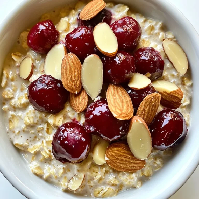 To make Cherry Almond Overnight Oats, you will need: - 1 cup rolled oats - 2 cups almond milk (or any milk of your choice) - 1/2 cup pitted cherries, chopped (can be fresh or frozen) - 1/4 cup almond butter - 2 tablespoons chia seeds - 1 tablespoon maple syrup (optional, for added sweetness) - 1/2 teaspoon vanilla extract - A pinch of salt - Sliced almonds for garnish Each ingredient plays a key role in the recipe. Here are the measurements: - Rolled oats: Use 1 cup to get that perfect base. - Almond milk: 2 cups keep the oats creamy and moist. - Cherries: 1/2 cup adds a burst of tartness. - Almond butter: 1/4 cup makes it smooth and rich. - Chia seeds: 2 tablespoons help thicken the mix. - Maple syrup: Use 1 tablespoon if you like it sweeter. - Vanilla extract: 1/2 teaspoon adds a lovely aroma. - Salt: A pinch balances the flavors. - Sliced almonds: Use for a crunchy topping. If you need alternatives, here are some ideas: - Milk: Replace almond milk with oat, soy, or coconut milk. - Cherries: Any berry or diced apple works well. - Almond butter: Try peanut or cashew butter for a different taste. - Chia seeds: Flax seeds can be a good substitute. - Maple syrup: Honey or agave syrup can also sweeten your oats. These options help you customize the recipe for your needs. Enjoy the process of making this creamy breakfast delight! {{ingredient_image_2}} Start by gathering your ingredients. You will need rolled oats, chia seeds, and a pinch of salt. In a large mixing bowl, add these dry items. Mix them well to combine. Next, take another bowl. Whisk together the almond milk, almond butter, maple syrup, and vanilla extract. Make sure the mixture is smooth. This step is key for a creamy texture. Now, pour the wet mixture over the dry oats. Stir well to coat every oat. You don’t want any dry patches. Then, carefully fold in the chopped cherries. This adds sweetness and color. Once mixed, spoon the oat mixture into two jars or containers. Seal them tightly. Place the jars in the refrigerator overnight. This soaking step is crucial. It helps the oats absorb the liquid and soften. If you’re short on time, soak for at least four hours. In the morning, take the jars out. Open them and give the oats a good stir. This ensures everything is well mixed. If you like it sweeter, now is the time to add more maple syrup. To serve, scoop the oats into bowls or keep them in jars. Top with sliced almonds and extra cherries. This adds crunch and flavor. For a fun twist, layer the oats with more cherries and almonds in clear jars. This makes your breakfast look beautiful. Enjoy your Cherry Almond Overnight Oats as a quick and tasty breakfast. To make your overnight oats creamy, use rolled oats. They soak up liquid well. Mix them with chia seeds for extra creaminess. Chia seeds add texture and help thicken the oats. Use almond milk for a rich, nutty flavor. You can also blend your milk with almond butter for a creamier mix. Make sure to stir the mixture well. This ensures even soaking overnight. Sweetness is key to great overnight oats. Start with one tablespoon of maple syrup. If you want it sweeter, you can add more. Taste the mixture before it soaks. This helps you adjust the sweetness to your liking. You can also use fresh fruit for natural sweetness. Chopped cherries will add a sweet burst in every bite. This way, you can enjoy the oats at your own level of sweetness. Choose the right containers for your oats. Glass jars work best. They are easy to clean and don’t hold odors. Look for jars with tight lids to keep oats fresh. You can also use BPA-free plastic containers. Make sure they are airtight. This keeps the oats from drying out. Layer the oats with extra fruit in clear jars to see the beauty of your dish. It makes breakfast look as good as it tastes. Pro Tips Chia Seed Soak Time: Allow the chia seeds to soak for at least 30 minutes in the liquid before mixing for optimal thickness and texture. Sweetness Adjustment: Taste the mixture before refrigerating; you can always add more maple syrup or sweetener later if needed. Fruit Variations: Experiment with different fruits like blueberries or bananas to keep your overnight oats interesting and flavorful. Meal Prep Friendly: Make a larger batch and store individual servings for a quick grab-and-go breakfast throughout the week. {{image_4}} You can switch up the cherries for different fruits. Try strawberries for spring or peaches in summer. Apples and cinnamon work well in fall. In winter, use dried fruits like cranberries or figs. Each fruit adds its own flavor and texture, keeping your breakfast exciting. Almond butter is delicious, but you can use other nut butters too. Peanut butter brings a rich taste. Cashew butter is creamy and mild. If you prefer, you can use sunflower seed butter for a nut-free option. Each nut butter changes the flavor while keeping it creamy. This recipe is already close to vegan. Use almond milk or any plant-based milk. If you want to skip the honey, maple syrup is a great choice. Check the nut butter too, as some brands may add honey. With these swaps, you enjoy a tasty, vegan breakfast. I recommend storing your Cherry Almond Overnight Oats in airtight jars. This keeps them fresh and tasty. Make sure the lids are tight to prevent any odors from the fridge. You can use glass or plastic containers. Keep them in the main part of the fridge, not in the door. This will help maintain a stable temperature. These oats stay good for up to five days in the fridge. After the first day, the oats will soak up more liquid. This makes them creamier and more flavorful. If you notice any changes in smell or texture, it’s best to toss them. Trust your senses! You can enjoy your Cherry Almond Overnight Oats cold, but if you love warm oats, here’s how. Pour the oats into a bowl and add a splash of almond milk. Heat them in the microwave for about 30 seconds. Stir, then heat for another 30 seconds if needed. This way, they stay creamy and delicious. Don't forget to add your favorite toppings again after heating! Yes, you can use rolled oats. Rolled oats soak up liquid well. They also soften nicely overnight. Steel-cut oats take longer to soften. Using rolled oats gives you a creamy texture. This makes them great for overnight oats. To make this recipe gluten-free, use certified gluten-free oats. Most rolled oats are safe, but check the label. Cross-contamination can happen during processing. Almond milk is usually gluten-free, too. Just ensure any added ingredients are also gluten-free. You can add many toppings to enhance your oats. Fresh fruits like bananas or strawberries work well. Nuts like walnuts or pecans add crunch and flavor. Seeds like pumpkin or sunflower seeds add nutrition. A sprinkle of cinnamon gives warmth and spice. Feel free to mix and match for fun! This blog post covered everything you need to make delicious overnight oats. We explored ingredients, from the complete list to optional ones and alternatives. You learned how to prepare and mix, soak, refrigerate, and serve your oats. I shared tips for creamy texture and customizing sweetness. We also discussed fun variations and smart storage tips. Keep experimenting with flavors and textures to find your favorite mix. With these easy steps and ideas, you can enjoy tasty, healthy oats daily.