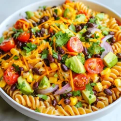 For Fiesta Taco Pasta Salad, gather these items: - 8 oz fusilli pasta - 1 can (15 oz) black beans, drained and rinsed - 1 cup cherry tomatoes, halved - 1 cup corn kernels (fresh or frozen) - 1 red bell pepper, diced - 1/2 red onion, finely chopped - 1 ripe avocado, diced - 1 cup shredded cheddar cheese - 1/4 cup fresh cilantro, finely chopped - 1/4 cup extra virgin olive oil - 2 tablespoons fresh lime juice - 1 tablespoon taco seasoning - Salt and black pepper to taste When measuring ingredients, use dry measuring cups for solids. For liquids, use liquid measuring cups. Level off dry ingredients with a knife for accuracy. Use the same tools for both wet and dry ingredients to ensure even ratios. This will lead to the best flavor in your salad. - Pasta: You can swap fusilli for rotini or penne. - Beans: Use pinto beans or kidney beans instead of black beans. - Corn: If fresh corn isn&rsquo;t available, canned corn works well. - Bell Pepper: Green bell pepper can replace red for a different taste. - Avocado: If you prefer, use diced cucumber for crunch. - Cheese: Feta cheese can add a tangy twist if you want. - Olive Oil: Avocado oil is a great substitute for extra virgin olive oil. - Lime Juice: Lemon juice can replace lime juice for a similar zest. - Taco Seasoning: Create your mix with chili powder, cumin, and garlic powder. This flexibility helps you adjust the recipe to your taste or dietary needs. Enjoy crafting your unique version! {{ingredient_image_2}} Start by boiling a large pot of salted water. Add 8 oz of fusilli pasta. Cook it according to the package instructions until it is al dente. Once cooked, drain the pasta well. Rinse it under cold water until it cools completely. This step helps stop the cooking process. Set the pasta aside in a large mixing bowl. In the same bowl, add the cooled fusilli pasta. Then, add the following ingredients: - 1 can (15 oz) black beans, drained and rinsed - 1 cup cherry tomatoes, halved - 1 cup corn kernels (fresh or frozen) - 1 red bell pepper, diced - 1/2 red onion, finely chopped - 1 ripe avocado, diced - 1 cup shredded cheddar cheese Use a spatula to mix gently. Be careful not to mash the avocado. This keeps the salad looking fresh and colorful. In a small bowl, whisk together: - 1/4 cup extra virgin olive oil - 2 tablespoons fresh lime juice - 1 tablespoon taco seasoning - A pinch of salt and black pepper Keep whisking until the dressing is fully mixed and smooth. This dressing adds great flavor to your salad. Drizzle the prepared dressing over the pasta mixture. Using a large spoon, toss everything together. Make sure all the ingredients are evenly coated with the dressing. This step is key to ensuring each bite is packed with flavor. Cover the bowl with plastic wrap or transfer the salad to an airtight container. Chill it in the fridge for at least 30 minutes. This allows the flavors to blend. Just before serving, give the salad a gentle toss. Taste it and adjust salt and pepper if needed. Garnish with fresh cilantro for a beautiful finish. Enjoy your vibrant and tasty Fiesta Taco Pasta Salad! To make your Fiesta Taco Pasta Salad burst with flavor, focus on fresh ingredients. Use ripe, juicy cherry tomatoes and sweet corn for the best taste. A dash of lime juice brightens every bite. Mix well to coat all the pasta and veggies with the dressing. Taste as you go. Add more salt or lime if needed. Fresh cilantro gives the salad a nice herbal kick. Always fold it in gently to keep its flavor intact. Serve your salad in a big, colorful bowl. This makes it look inviting. For a fun touch, add lime wedges on the side. You can also sprinkle extra cilantro on top for a fresh look. This dish pairs well with grilled chicken or shrimp for added protein. It&rsquo;s also great with tortilla chips for a crunchy contrast. Make your Fiesta Taco Pasta Salad ahead of time to save time. You can prepare it a day in advance and store it in the fridge. This allows the flavors to mix well. Just don&rsquo;t add the avocado until right before serving. This keeps it fresh and prevents browning. If you want to save time, chop your veggies a day ahead too. Store them in airtight containers to keep them crisp. Pro Tips Perfect Pasta: Cook the fusilli pasta just until al dente for the best texture. Overcooked pasta can become mushy in the salad. Fresh Ingredients: Use ripe avocados and fresh vegetables for maximum flavor. If possible, opt for fresh corn for added sweetness and crunch. Customize Your Dressing: Feel free to adjust the taco seasoning and lime juice to suit your taste. A little extra lime can add a refreshing zing! Make Ahead: This salad tastes even better after chilling for a few hours or overnight, so consider preparing it in advance for gatherings. {{image_4}} You can add different proteins to your Fiesta Taco Pasta Salad. Here are some great options: - Grilled chicken: Dice it into bite-size pieces for a tasty boost. - Ground beef or turkey: Cook and season it with taco spices before mixing in. - Shrimp: Lightly saut&eacute; shrimp with lime juice for a fresh flavor. - Tofu: Cubed and pan-fried tofu adds a nice crunch for a vegetarian twist. Adding protein makes the salad more filling. It also turns it into a meal on its own. Feel free to change up the veggies in this salad. Here are some fun ideas: - Zucchini: Dice it small for a mild, fresh flavor. - Cucumbers: Add crunch and a refreshing taste. - Spinach: Mix it in for extra greens and nutrients. - Jalape&ntilde;os: For heat, slice or chop them in. These swaps keep the salad fresh and exciting. You can use what you have on hand. You can easily adapt this salad for different diets. Here are some suggestions: - Gluten-free: Use gluten-free pasta instead of regular fusilli. - Dairy-free: Omit the cheese or use a dairy-free alternative. - Vegan: Skip the cheese and add extra avocado or nuts for creaminess. - Low-carb: Replace pasta with spiralized zucchini or cauliflower rice. These adjustments help everyone enjoy the dish. It makes the Fiesta Taco Pasta Salad fit various needs and tastes. To keep your Fiesta Taco Pasta Salad fresh, store it in an airtight container. This helps keep air out and flavors in. Make sure the salad is cool before sealing it. If you plan to eat it later, add avocado just before serving. This keeps it from turning brown. When stored correctly, your salad will last about 3 to 4 days in the fridge. After this time, the flavors may fade. The veggies may also lose their crunch. Always check for any off smells or changes in texture before eating. You can freeze the Fiesta Taco Pasta Salad, but some ingredients do not freeze well, like avocado and cheese. To freeze, place the salad in a freezer-safe container. Leave some space at the top for expansion. It can last in the freezer for about 2 months. When you are ready to eat, thaw it in the fridge overnight. Once thawed, add fresh avocado and cheese for the best taste. Yes, you can use any pasta you like. Bowtie, penne, or rotini all work well. Just remember to cook it al dente. This keeps the pasta firm and tasty. A different shape can change the look and feel of your dish too. This salad is not gluten-free if you use traditional pasta. To make it gluten-free, choose a gluten-free pasta. There are many options available now. Look for those made from rice or corn. They taste great and hold up well in salads. To add some heat, try these tips: - Mix in diced jalape&ntilde;os for a fresh kick. - Add a pinch of cayenne pepper to the dressing. - Try spicy taco seasoning instead of regular. These small changes can make a big difference in flavor. This salad goes well with many dishes. Here are a few ideas: - Serve it with grilled chicken or shrimp for protein. - Pair it with tortilla chips and salsa for crunch. - Add a side of fresh guacamole for extra creaminess. These pairings enhance the meal and make it more fun. Yes, you can make this salad ahead of time! It tastes even better after chilling. Prepare it a few hours or even a day before serving. Just remember to toss it gently before serving. This helps mix the dressing and keeps the flavors fresh. This article covered all you need to know for Fiesta Taco Pasta Salad. We explored the ingredients, step-by-step instructions, and tips to enhance flavor. You learned ways to adjust the recipe for personal taste and how to store your salad. With these insights, you can create a dish that fits your needs. Remember, cooking should be fun and creative. Enjoy making your salad and sharing it with friends. Happy cooking!