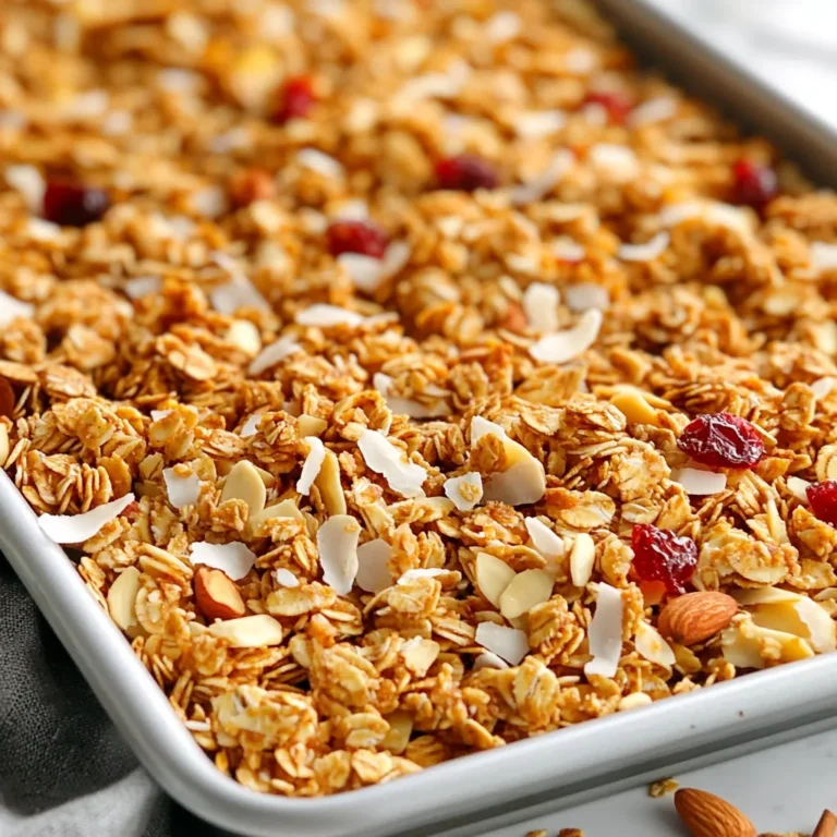 - 3 cups rolled oats - 1 cup shredded unsweetened coconut - 1 cup almonds, roughly chopped - 1/2 cup honey or maple syrup - 1/4 cup coconut oil, melted - 1 teaspoon vanilla extract - 1/2 teaspoon salt - 1/2 teaspoon ground cinnamon - 1/2 cup dried fruit (such as cranberries or mango), optional Gather these ingredients to make a tasty granola. Rolled oats form the base. They add fiber and texture. Shredded coconut gives a nice tropical flavor. It also adds healthy fats. Almonds bring a crunchy bite and protein. You can choose honey or maple syrup for sweetness. Both work well to bind the granola. Coconut oil helps it cook evenly and adds richness. Vanilla extract adds a lovely aroma. Salt enhances all the flavors. Ground cinnamon adds warmth and a hint of spice. Finally, you can add dried fruit. This is optional but adds sweetness and chewiness. You can pick your favorites, like cranberries or mango. This combination makes a delightful mix for your granola. It keeps snacks fun and healthy! {{ingredient_image_2}} 1. Preheat the oven: Start by setting your oven to 350°F (175°C). This step is key for even baking. Line a large baking sheet with parchment paper to keep your granola from sticking. 2. Mix dry ingredients: In a big bowl, add 3 cups of rolled oats, 1 cup of shredded coconut, and 1 cup of roughly chopped almonds. Then sprinkle in 1/2 teaspoon of salt and 1/2 teaspoon of ground cinnamon. Stir well to make sure everything is mixed evenly. 3. Combine wet ingredients: In another bowl, whisk together 1/4 cup of melted coconut oil, 1/2 cup of honey or maple syrup, and 1 teaspoon of vanilla extract. Mix until it is smooth and well blended. 4. Merge wet and dry mixtures: Slowly pour the wet mix over the dry ingredients in the big bowl. Use a spoon to stir it all together. Make sure every oat and nut gets coated in that sweet mixture. 5. Spread on baking sheet: Carefully take the granola mixture and spread it on your prepared baking sheet. Use a spatula to press it down lightly. This helps it clump together while it bakes. 6. Baking process and tips: Place the baking sheet in the oven. Bake the granola for 20-25 minutes. Stir it halfway through to ensure it toasts evenly. Watch it closely! You want it to be a nice golden brown. 7. Cooling the granola: When it’s done baking, take it out of the oven and let it cool completely on the baking sheet. This step helps it become crunchy. 8. Adding optional dried fruit: After the granola has cooled, you can fold in 1/2 cup of dried fruit if you want. Mix it well so that the fruit spreads throughout the granola. Now you have a delicious, crunchy, and nutritious Coconut Almond Granola ready to enjoy! - Best oven temperature for toasting: The best oven temperature is 350°F (175°C). This heat allows the granola to toast evenly. - Stirring halfway through baking: Stir the granola halfway through baking. This step helps brown it evenly and prevents any burning. - Ensuring the right consistency: Aim for a mix that is sticky but not too wet. This balance ensures that your granola clumps nicely while baking. - Tips for clumping: To encourage clumping, press the mixture down firmly on the baking sheet. This creates a solid layer that will hold together as it bakes. Pro Tips Use Fresh Ingredients: Ensure your coconut and nuts are fresh for the best flavor and texture in your granola. Customize Your Sweetness: Adjust the honey or maple syrup according to your taste preference for a sweeter or less sweet granola. Experiment with Spices: Try adding nutmeg or ginger for an additional layer of flavor that complements the tropical ingredients. Clumping Tip: For chunkier granola, press the mixture down firmly before baking and avoid stirring too often during baking. {{image_4}} - Alternative sweeteners: You can swap honey for agave nectar or maple syrup. Both provide a nice sweetness. If you want less sugar, try mashed bananas or applesauce instead. - Nut substitutes: If you’re not a fan of almonds, use walnuts or pecans. Cashews also add a creamy texture and rich flavor. Feel free to mix different nuts for variety. - Adding spices for different flavors: Spice things up by adding a pinch of nutmeg or ginger. These spices give a warm, cozy taste. A dash of cardamom can also add a unique twist. - Different dried fruits to incorporate: Try adding raisins, chopped apricots, or dried cherries. Each fruit adds its own taste and texture. You can even use a mix for a colorful and flavorful granola. With these variations, you can make coconut almond granola truly your own. Explore and enjoy! To keep your Tropical Coconut Almond Granola fresh, use an airtight container. Glass jars work well, but plastic containers can also do the job. Make sure the lid seals tight to keep air out. Store the granola in a cool, dry place. A pantry or cupboard away from heat and moisture works best. Avoid areas near the stove or windows, where temperature can change. Homemade granola can last up to two weeks. After that, it may lose its crunch and flavor. If you want it to last longer, consider freezing it. Just place it in a freezer-safe bag or container. It can stay fresh for up to three months in the freezer. When ready to eat, let it thaw at room temperature. Enjoy your tasty snack anytime! Can I use rolled oats instead of instant oats? Yes, you can use rolled oats. They give a nice texture. Rolled oats are thicker than instant oats. This helps the granola stay crunchy. How do I make it gluten-free? To make gluten-free granola, use certified gluten-free oats. Check the label to be sure. All other ingredients, like honey and nuts, are naturally gluten-free. What are the health benefits of coconut almond granola? Coconut almond granola offers many health benefits. It is full of fiber, which helps digestion. Almonds provide healthy fats and protein. Coconut adds flavor and some vitamins. This snack can boost your energy too! How can I customize my granola recipe? You can customize your granola easily. Try different nuts like walnuts or pecans. Swap honey for maple syrup if you like. Add spices like nutmeg or ginger for extra flavor. You can also mix in seeds like chia or flax for crunch! You learned how to make coconut almond granola with simple steps and tasty ingredients. We covered the must-have ingredients, how to prepare them, and tips for perfect results. Don't forget about fun variations and proper storage to keep it fresh. Homemade granola can be healthy and delicious. Enjoy experimenting with flavors and sharing your creations.