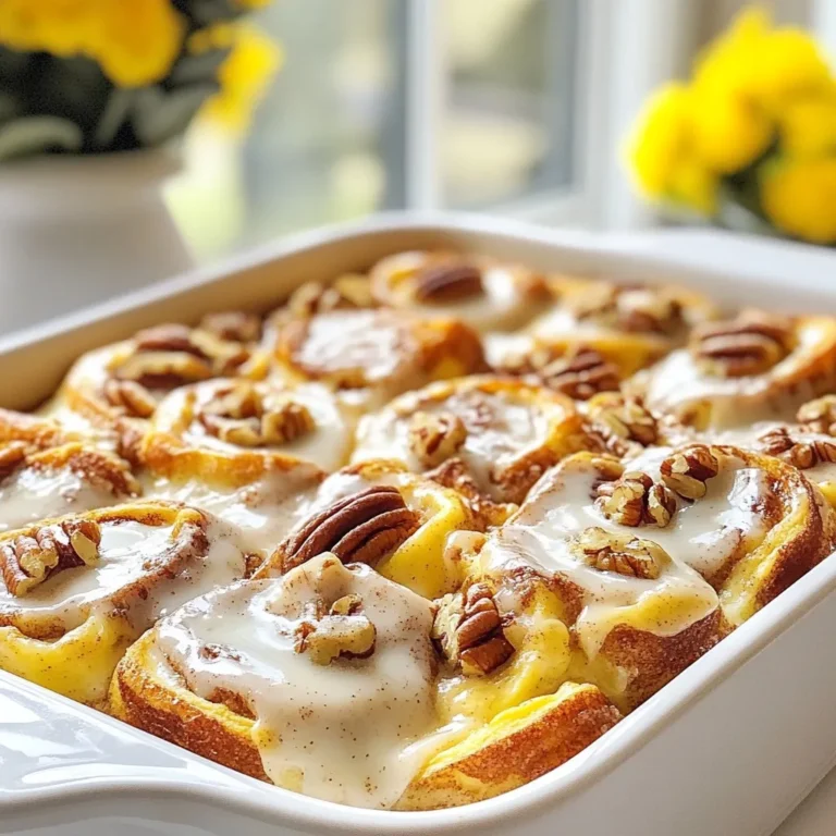 - 2 cans of refrigerated cinnamon rolls - 6 large eggs - 1 cup milk - 1/2 cup heavy cream - 1 teaspoon vanilla extract - 1 teaspoon ground cinnamon - 1/4 teaspoon ground nutmeg - 1/4 cup pure maple syrup - 1 cup chopped pecans (optional) - 1 cup powdered sugar (for icing) - 2 tablespoons milk (for icing) I love using refrigerated cinnamon rolls for this dish. They make it fast and easy. You will need two cans, each containing eight rolls. The eggs create a rich custard that soaks into the rolls. For a creamy texture, we add milk and heavy cream. Vanilla extract gives it a warm flavor. Ground cinnamon and nutmeg add spice and depth. Maple syrup adds sweetness and pairs well with the rolls. Chopped pecans are optional but add nice crunch. Finally, we make icing with powdered sugar and milk. The icing adds a sweet finish that makes this dish special. Gather these ingredients, and you’re ready to bake something delicious! {{ingredient_image_2}} 1. First, preheat your oven to 375°F (190°C). This is key to getting a good bake. 2. Next, grease a 9x13-inch baking dish well. Use butter or cooking spray to cover the bottom and sides. This will help prevent sticking. 3. Then, take your two cans of cinnamon rolls. Open them carefully. 4. Using a sharp knife or kitchen scissors, cut each roll into quarters. Scatter these pieces evenly in the greased dish. 1. In a large mixing bowl, crack all six eggs. Whisk them together until smooth and blended. 2. Add in the milk, heavy cream, and vanilla extract. Mix well. 3. Next, sprinkle in the ground cinnamon and nutmeg. 4. Finally, pour in the maple syrup. Whisk everything together until you have a smooth custard mixture. 1. Pour the custard over the cinnamon roll pieces in the dish. Make sure each piece gets coated well. 2. If you like, sprinkle the chopped pecans over the top. This adds a nice crunch and flavor. 3. Place the baking dish in the oven. Bake for 25-30 minutes. Look for a golden brown top and a firm center. 4. While it cools for a few minutes, mix the icing. In a small bowl, whisk powdered sugar with two tablespoons of milk. Make it smooth. 5. Once the bake cools slightly, drizzle the icing generously over the top. Enjoy your delicious creation! Baking time and temperature matter. Preheat your oven to 375°F (190°C) before you start. Bake for 25-30 minutes. This time helps the custard set. The top should be golden brown. To check doneness, insert a knife into the center. If it comes out clean, you are ready to serve. For the icing, you need powdered sugar and milk. Mix 1 cup of powdered sugar with 2 tablespoons of milk. Whisk until smooth. The right consistency is thick but pourable. A good drizzle makes it look tasty. Use a spoon or squeeze bottle for fun drizzling. Always serve this dish warm. Warm cinnamon roll bake tastes best. You can add garnishes like pecans or fresh berries. Chopped pecans add crunch. Berries give a pop of color. A drizzle of maple syrup on top makes it extra sweet. Enjoy this delightful dish! Pro Tips Use Day-Old Rolls: For a thicker custard absorption, use slightly stale cinnamon rolls. This prevents them from becoming too mushy during baking. Customize Your Nuts: Experiment with different nuts like walnuts or almonds for a unique flavor profile. Toast them lightly before adding for extra crunch. Make-Ahead Option: Prepare the dish the night before and refrigerate it. Just bake it in the morning for a quick and delicious breakfast. Check for Doneness: Use a toothpick inserted into the center of the bake; it should come out clean when fully cooked, ensuring a perfect texture. {{image_4}} To make your cinnamon roll French toast bake even more fun, you can add spices. A pinch of ginger gives it a nice kick. Cloves add warmth and depth. You can also try new extracts. Almond or coconut can bring a fresh twist to the dish. Just remember to keep the flavors balanced. If you want to switch things up, try different ingredients. You can use oat milk or almond milk instead of regular milk. These options can make it dairy-free. For the cream, consider using coconut cream. If you don't like pecans, you can leave them out or use walnuts. Each nut brings its own taste and crunch. Need to serve more people? Simply double the recipe. Use a larger baking dish to fit everything. If you want to make less, cut the recipe in half. Just use a smaller dish for baking. This way, everyone can enjoy this sweet treat! To store your leftover Cinnamon Roll French Toast Bake, use an airtight container. Glass or plastic containers work well. You can keep it in the fridge for up to three days. Make sure it cools down before sealing the container. This helps maintain its texture and flavor. To reheat your leftovers, the oven is best. Preheat it to 350°F (175°C). Place the bake in a baking dish and cover it with foil. Heat for about 15-20 minutes, or until warm. You can also use the microwave. Just heat it in short bursts of 30 seconds. Check the warmth after each burst. Yes, you can freeze this dish! Wrap it tightly in plastic wrap first, then in foil. This helps prevent freezer burn. It can last up to two months in the freezer. To enjoy later, let it thaw in the fridge overnight before reheating. This way, it keeps its yummy taste and texture. You can use other types of dough if you want. Homemade dough works well. You can also try croissants or puff pastry. These options add a fun twist to the dish. Yes, you can prepare this dish a day in advance. Just follow the steps up to pouring the custard. Cover the dish and place it in the fridge. In the morning, bake it straight from the fridge. This saves time for busy mornings. Serve it warm for the best taste. Drizzle with the icing right before serving. Add more pecans on top for crunch. Fresh berries make a great garnish. They add color and a fresh taste to each bite. This blog post guides you through making a tasty cinnamon roll casserole. We covered the ingredients, from cinnamon rolls to eggs and milk. The steps for preparation and baking ensure a delicious dish. Tips for perfect baking and icing help you achieve great results. Remember to try variations, store leftovers properly, and explore FAQs for extra info. Enjoy making this fun recipe and share it with family and friends. Your efforts will surely impress!