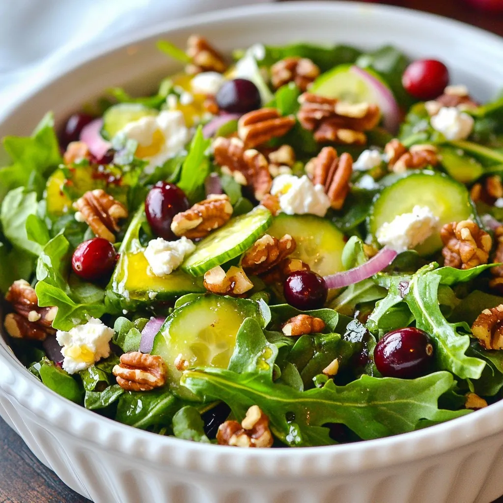 - 4 cups mixed baby greens (arugula, spinach, kale) - 1 cup fresh cranberries (or dried cranberries) - 1/2 cup walnut halves, toasted - 1/2 cup crumbled feta cheese (optional) - 1/2 red onion, thinly sliced - 1/2 cup cucumber, diced - 1/4 cup extra virgin olive oil - 2 tablespoons apple cider vinegar - 1 tablespoon honey - Salt and freshly cracked pepper - Cranberries: Fresh cranberries add tartness. Dried ones provide sweetness. - Walnuts: Toasting the walnuts brings out their flavor. Use raw walnuts if you prefer. - Feta Cheese: This cheese gives a creamy touch. Omit it for a dairy-free salad. - Onion: Red onion has a sharp taste. You can use green onions for a milder flavor. - Cucumber: Choose a firm cucumber for crunch. You can also use bell peppers for a different taste. - Mixed Baby Greens: These greens are rich in vitamins A and C. They help boost your immune system. - Cranberries: These berries are high in antioxidants. They support heart health and may reduce urinary tract infections. - Walnuts: They contain healthy fats and protein. They are great for brain health due to their omega-3 content. - Feta Cheese: This cheese offers calcium and protein. It's also lower in calories than many cheeses. - Olive Oil: Extra virgin olive oil is rich in healthy fats. It can lower bad cholesterol levels. {{ingredient_image_2}} Making a Cranberry Walnut Green Salad is easy and quick. You can make this salad in just 10 minutes. Gather all your ingredients first. This makes assembly smooth and fun. 1. Start by adding the mixed baby greens to a large salad bowl. Use a mix of arugula, spinach, and kale for great taste. 2. If using fresh cranberries, rinse them in cold water. Add them whole to the bowl. For dried cranberries, sprinkle them on top of the greens. 3. To toast the walnut halves, heat a dry skillet over medium heat. Add the walnuts and stir them for about 5 minutes. They should smell nice and look golden. Once done, take them off the heat and add them to the salad. 4. Gently fold in the crumbled feta cheese and thinly sliced red onion. These add a nice creaminess and sharpness. 5. Next, add diced cucumber to the mix. This gives a nice crunch and bright color. 6. Now, make the dressing. In a small bowl, whisk together the olive oil, apple cider vinegar, honey, salt, and pepper. Mix until everything is combined well. 7. Drizzle the dressing over the salad. Toss gently to coat all the ingredients. Be careful not to bruise the greens. 8. Finally, taste the salad. Adjust the seasoning with more salt and pepper, if needed. - Chill your salad bowl before using it. This keeps the salad fresh and crisp. - When adding the dressing, do it in small amounts. You can always add more if needed. - For a beautiful presentation, serve on a large platter. Garnish with extra feta, walnuts, and whole cranberries for color. Enjoy making this vibrant salad! It’s fresh, colorful, and packed with flavor. Toasting walnuts brings out their flavor. Start by using a dry skillet over medium heat. Add the walnut halves and stir them often. You want them to turn golden, which takes about five minutes. Watch closely! They can burn quickly. Once they smell nutty, take them off the heat. Let them cool before adding to your salad. This step makes your salad taste amazing. You can save time by making the dressing ahead. Combine extra virgin olive oil, apple cider vinegar, honey, salt, and pepper in a jar. Shake it well until mixed. Store it in the fridge for up to three days. When you are ready to serve, just shake it again. This way, your dressing stays fresh and flavorful. Presentation matters! Serve your salad in chilled bowls or on a large platter. For a pop of color, add whole cranberries on top. Sprinkle extra crumbled feta and toasted walnuts for a beautiful look. This not only makes it tasty but also visually appealing. Your guests will love it! Pro Tips Use Fresh Ingredients: For the best flavor and nutrition, opt for fresh ingredients, especially the greens and cranberries. Fresh produce elevates the overall taste of the salad. Toast the Walnuts: Toasting the walnuts enhances their flavor and adds a delightful crunch. Keep a close eye on them to prevent burning, as they can quickly go from toasted to charred. Balance the Dressing: Adjust the sweetness and acidity of your dressing to suit your taste. If you prefer a sweeter dressing, add a bit more honey; for extra tang, increase the apple cider vinegar. Presentation Matters: Serve the salad in chilled bowls or on a large platter for an elegant touch. Garnish with extra feta and walnuts for a visually appealing presentation. {{image_4}} You can make this salad heartier by adding protein. Grilled chicken is a great choice. It adds flavor and makes the salad more filling. Just slice the chicken and toss it in with the greens. If you want a plant-based option, try chickpeas. They add protein and a nice texture. Rinse canned chickpeas and add them right in. Both options will keep you satisfied longer. To keep this salad vegetarian, skip the feta cheese. Instead, try using avocado for creaminess. If you want it vegan, just leave out any cheese. You can also add nuts or seeds for healthy fats. Sunflower seeds or pumpkin seeds work well. They give a nice crunch and are full of nutrients. Seasonal ingredients can keep your salad fresh and exciting. In spring, add peas or asparagus for a bright twist. In summer, fresh tomatoes or bell peppers can add color and flavor. In fall, think about roasted butternut squash or apples for sweetness. Winter is perfect for using hearty greens like kale. These swaps will keep your salad interesting all year round. To keep your Cranberry Walnut Green Salad fresh, store it in an airtight container. Place the salad in the fridge right after serving. If you have leftover dressing, store it separately. This keeps the greens crisp and prevents sogginess. Enjoy your salad within three days for the best taste. To maintain freshness, avoid mixing the dressing until serving. If you plan to eat later, keep the salad components separate. Store greens, fruits, and nuts together, and add the dressing just before serving. This method keeps everything crunchy and vibrant. Generally, salads like this one are best served cold. If you want to warm it up, consider only the walnuts. Toast them in a pan briefly to revive their flavor. Avoid reheating the entire salad, as it can wilt the greens and change the taste. Yes, you can use dried cranberries. They add a delicious sweetness to the salad. Fresh cranberries have a tart flavor, while dried cranberries are sweeter. Choose based on your taste. If you use dried, sprinkle them evenly over the greens for a chewy bite. The salad remains tasty either way. This salad is naturally gluten-free. All the ingredients used are free from gluten. Just check the labels on any store-bought items, like feta cheese or honey, to ensure they are also gluten-free. You can enjoy this salad without worry. This salad pairs well with many dishes. You can serve it with grilled chicken for protein. It also complements fish dishes, like salmon or tilapia. For a vegetarian option, serve it with a hearty grain bowl. The bright flavors of the salad balance rich meals nicely. In this blog post, we explored key ingredients for your salad, their benefits, and tips for preparation. I shared easy steps and serving suggestions for the best taste. We also discussed tasty variations, including protein options and seasonal swaps. Remember, proper storage keeps your salad fresh longer. Now you can enjoy a healthy meal that’s both delicious and flexible. With these insights, you feel ready to make the perfect salad any time.