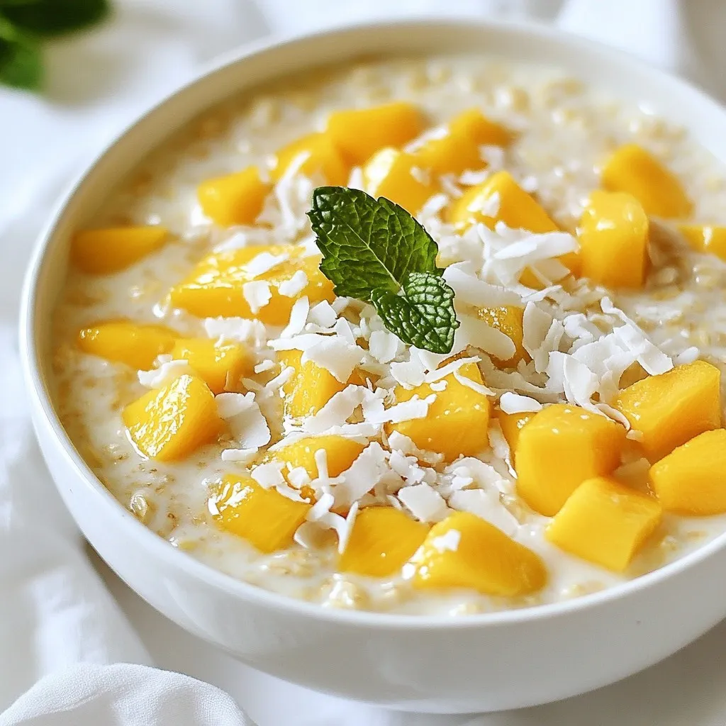 - 1 cup rolled oats - 1 cup coconut milk (from a can or carton) - 1 ripe mango, diced (reserve a little for garnish) - 1/4 cup unsweetened shredded coconut - 2 tablespoons chia seeds - 1 tablespoon maple syrup (or honey) - 1/2 teaspoon pure vanilla extract - A pinch of salt - Fresh mint leaves for garnish (optional) You can use any rolled oats for this dish. Gluten-free oats work too. If you want a different flavor, try almond milk or oat milk instead of coconut milk. For sweetness, honey or agave syrup can replace maple syrup. If you cannot find chia seeds, you can skip them, but they add great texture. This recipe serves two and packs a nutritious punch. Each serving contains about: - Calories: 350 - Protein: 8 grams - Fat: 12 grams - Carbohydrates: 50 grams - Fiber: 10 grams - Sugars: 8 grams Mango and coconut provide vitamins and healthy fats. Chia seeds add omega-3s and fiber. Enjoy this healthy breakfast without the guilt! {{ingredient_image_2}} Start by taking a medium mixing bowl. Add 1 cup of rolled oats to the bowl. Pour in 1 cup of coconut milk. It can be from a can or a carton. Next, add 2 tablespoons of chia seeds. Then, mix in 1 tablespoon of maple syrup and 1/2 teaspoon of pure vanilla extract. Finally, add a pinch of salt. Use a whisk or spoon to stir everything well. You want all the ingredients to blend smoothly. Now, it’s time to add some fun flavors. Carefully fold in 1 ripe mango, diced into small pieces. Also, add 1/4 cup of unsweetened shredded coconut. Be gentle when mixing. You want to keep the mango pieces whole. If you like, set aside a bit of mango and coconut for topping later. This will make your dish look nice when you serve it. Once the mixture is ready, cover the bowl tightly with plastic wrap. You can also divide the oats into jars with lids. Place them in the refrigerator for at least 4 hours. If you can, leave them overnight for the best results. This allows the oats and chia seeds to soak up the coconut milk. In the morning, stir the oats to break up any clumps. If it’s too thick, add a splash of coconut milk. To serve, scoop the oats into bowls or jars. Top with the reserved mango, extra shredded coconut, and fresh mint leaves if you want. Enjoy your refreshing breakfast! To get creamy and smooth overnight oats, follow these simple steps. Use rolled oats, as they absorb liquid well. Mix them with coconut milk and chia seeds. The chia seeds help thicken the mixture overnight. Stir the mix well to avoid clumps. If the oats seem too thick in the morning, add a splash of coconut milk. This keeps the texture just right. You can make these mango coconut oats your own. Try adding other fruits like strawberries or bananas. You can also switch the maple syrup for honey or agave. For a nutty taste, add a spoonful of almond butter. If you want a spicier kick, sprinkle in some cinnamon. The choices are endless, so feel free to experiment. These oats are great for breakfast or a snack. Serve them in bowls for a family breakfast. Put them in jars for a grab-and-go option. They also work well as a healthy dessert. Just top them with extra mango and mint for a fancy touch. You can enjoy them any time of day! Pro Tips Use Fresh Mango: For the best flavor, use a ripe, fresh mango. If it's not in season, frozen mango can be a good alternative. Adjust Sweetness: Feel free to adjust the sweetness according to your taste. Add more maple syrup or honey if you prefer a sweeter breakfast. Make It Ahead: This recipe is perfect for meal prep. You can make multiple servings at once and store them in the fridge for a quick breakfast during the week. Add Variety: Feel free to mix in other fruits or nuts to change up the flavor. Berries, bananas, or almonds can be delightful additions! {{image_4}} You can switch up the fruit in your overnight oats. Try bananas for a creamy taste. Or use berries for a burst of flavor. Pineapple adds a tropical twist. Peaches and apples work well too. Each fruit changes the taste and texture. Mix and match to find your favorite! While coconut milk is rich and creamy, you have choices. Almond milk is light and nutty. Oat milk gives a smooth flavor. Soy milk adds protein and creaminess. You can even use regular cow's milk if you prefer. Each milk brings its own unique taste to the dish. Boost your oats with some extra ingredients. Nuts add crunch and healthy fats. Seeds like flax or pumpkin give more nutrition. A spoonful of yogurt makes it creamy and tangy. You can also add protein powder for a health kick. Each add-in offers different benefits and flavors to enjoy! To keep your mango coconut overnight oats fresh, store them in the fridge. Use a tightly sealed container or a jar with a lid. This helps prevent any odors from other foods. If you made extra, it’s best to separate portions. This way, you can grab a serving when you're ready. You can keep your overnight oats in the fridge for up to five days. The oats will stay tasty and safe to eat. Just check for any signs of spoilage, like an off smell or mold. If it looks or smells strange, throw it away. If you have extra oats, you can freeze them! Use a freezer-safe container or jar. Leave some space at the top, as the oats will expand when frozen. They can last up to three months in the freezer. When you are ready to eat, thaw in the fridge overnight. You can also microwave them for a quick warm-up. Add a splash of coconut milk for creaminess after thawing. You can keep overnight oats in the fridge for up to five days. This makes them a great meal prep choice. Just store them in airtight containers to keep them fresh. It’s best to add toppings, like fruit or nuts, just before eating. Yes, you can use quick oats. They will make the oats softer and creamier. However, rolled oats give a chewier texture. If you prefer a thicker consistency, stick with rolled oats. Yes, this recipe is vegan-friendly. Use maple syrup instead of honey for sweetness. Coconut milk adds a rich, creamy taste, perfect for a vegan diet. If you don’t have chia seeds, you can use flaxseeds. Ground flaxseeds work well too. They help thicken the oats and add healthy fats. You can also skip them, but the texture will change slightly. You learned how to make delicious overnight oats with mango and coconut. We covered important ingredients, step-by-step instructions, and helpful tips. You can now customize your oats, try new flavors, and know how to store them. Remember, it’s all about using fresh ingredients and keeping it simple. Enjoy your tasty, nutritious creation for breakfast or a snack!