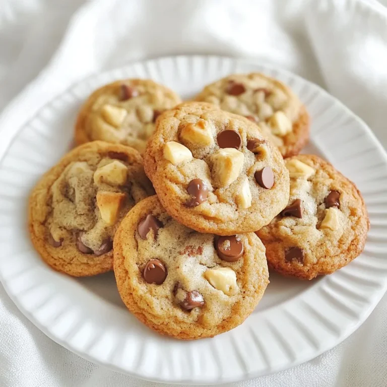 To make these tasty cookies, gather these main ingredients: - 2 ripe bananas, thoroughly mashed - 1 cup all-purpose flour - 1/2 cup packed brown sugar - 1/4 cup granulated sugar - 1/2 teaspoon baking soda - 1/2 teaspoon baking powder - 1/4 teaspoon fine sea salt - 1/2 cup unsalted butter, softened to room temperature - 1 teaspoon pure vanilla extract - 1/2 teaspoon ground cinnamon - 1 cup semi-sweet chocolate chips These ingredients create a soft and chewy cookie. The ripe bananas add natural sweetness and moisture. The combination of brown and granulated sugar gives a rich flavor. If you want to enhance your cookies, consider these optional add-ins: - 1/2 cup chopped walnuts (optional) - 1/2 cup chopped pecans - 1/2 cup dried cranberries Adding nuts gives a nice crunch. Dried fruits add a chewy texture and tartness. You can mix and match to find your favorite flavors. Accurate measurements matter in baking. Here are some tips to help you: - Use a kitchen scale for precise measurements. - Spoon flour into the measuring cup and level it off. - Pack brown sugar firmly into the measuring cup. - Always use room temperature butter for better mixing. These tips ensure your cookies turn out perfect every time. Accurate measuring leads to consistent results, so do not skip this step! {{ingredient_image_2}} First, set your oven to 350°F (175°C). This warm heat will help the cookies rise and bake evenly. While the oven heats, grab a baking sheet. Line it with parchment paper. This keeps the cookies from sticking and makes cleanup easy. In a large bowl, add 1/2 cup of softened unsalted butter. Mix it with 1/2 cup of packed brown sugar and 1/4 cup of granulated sugar. Use a hand mixer or a sturdy spoon. Beat the mix until it looks light and fluffy. This should take about 3-4 minutes. This step helps add air to the mix, making your cookies soft. Next, take 2 ripe bananas and mash them well. Add the mashed bananas and 1 teaspoon of pure vanilla extract to the butter-sugar mix. Stir until everything blends together smoothly. In a separate bowl, mix 1 cup of all-purpose flour, 1/2 teaspoon of baking soda, 1/2 teaspoon of baking powder, 1/4 teaspoon of fine sea salt, and 1/2 teaspoon of ground cinnamon. Whisk this dry mix until even. Now, slowly add the dry ingredients to the wet mix. Stir gently until just combined. Be careful not to over mix; this keeps the cookies tender. Then, fold in 1 cup of semi-sweet chocolate chips and 1/2 cup of chopped walnuts if you want extra crunch. Use a tablespoon or cookie scoop to drop spoonfuls of dough onto your baking sheet. Place them about 2 inches apart. This space helps them spread while baking. Bake in your preheated oven for 10-12 minutes. Look for lightly golden edges and a set center. Once done, let the cookies sit on the sheet for about 5 minutes. This helps them firm up a bit. After that, move them to a wire rack to cool completely. For serving, place your cookies on a colorful plate. Drizzle some melted chocolate on top for a fun touch. Enjoy these sweet delights with a cold glass of milk! When baking cookies, small errors can lead to big issues. Here are some mistakes to watch out for: - Using unripe bananas: Always use ripe bananas. They add sweetness and moisture. - Overmixing the dough: Mix just until combined. Overmixing can make cookies tough. - Not measuring ingredients properly: Use a kitchen scale or proper measuring cups. This ensures a perfect dough. - Skipping the cooling time: Let cookies cool on the sheet first. This helps them firm up before moving. The texture of your cookies can change based on a few tweaks: - For chewier cookies: Use more brown sugar than white sugar. Brown sugar has more moisture. - Add an extra egg yolk: This adds richness and chewiness. - For crispier cookies: Increase the baking time slightly. Watch closely to avoid burning. - Use less flour: A slight reduction in flour can create a crisper texture. Storing cookies properly keeps them fresh and tasty. Here’s how to do it: - Room temperature storage: Keep cookies in an airtight container. This helps them stay soft. - Use parchment paper: Layer cookies with parchment paper to avoid sticking. - Refrigerate for longer life: If you need to keep them longer, refrigerate them. Just bring them to room temp before serving. - Freeze for future treats: Wrap cookies tightly in plastic wrap. Place them in a freezer-safe bag for up to three months. Pro Tips Use Overripe Bananas: The riper the bananas, the sweeter and more flavorful your cookies will be. Look for bananas with lots of brown spots for best results. Chill the Dough: For thicker cookies, consider chilling the dough for 30 minutes before baking. This helps prevent spreading and results in a chewier texture. Experiment with Add-Ins: Feel free to swap out walnuts for other nuts or dried fruits like cranberries or coconut flakes for a unique twist on the classic cookie. Check for Doneness: Cookies may appear slightly underbaked in the center when you take them out. They will continue to firm up as they cool on the baking sheet. {{image_4}} You can change the chocolate in these cookies. Try dark chocolate chips for a richer taste. You can also use milk chocolate for a sweeter bite. If you want a fun twist, mix in white chocolate chips or even peanut butter chips. Each type adds a unique flavor. This makes the cookies fun and exciting. Nuts can add crunch to your cookies. If you like walnuts, they fit well here. But you can swap them for pecans or almonds. You might also try adding dried fruits like raisins or cranberries. They add sweetness and chewiness. Coconut flakes can give a tropical feel. Mix and match to find your favorite combination! If you love banana bread, you can use this cookie recipe to make bread or muffins. Just pour the dough into a loaf pan or muffin tin instead. Adjust the baking time: bake the bread for about 50-60 minutes. For muffins, bake them for 18-22 minutes. Check for a golden top and a toothpick coming out clean. Enjoy these variations as a new way to savor your favorite flavors! To keep your cookies fresh, store them in an airtight container. You can use a cookie jar or a sealed plastic bag. This helps maintain their soft texture. Place a slice of bread in the container. It adds moisture and keeps the cookies from drying out. Store them at room temperature for up to five days. Freezing cookies is a great option for later treats. Allow the cookies to cool completely. Then, place them in a single layer on a baking sheet. Freeze them for about an hour. Once frozen, transfer the cookies to a freezer bag. Remove as much air as possible before sealing. They can last in the freezer for up to three months. If your cookies become stale, don’t worry. You can easily bring them back to life. Preheat your oven to 300°F (150°C). Place the cookies on a baking sheet. Heat them for about five minutes. This warmth will help restore their softness. Enjoy your revived cookies with a glass of cold milk! Yes, you can use frozen bananas! Just thaw them first. The moisture from thawed bananas keeps the cookies moist and sweet. Make sure to drain any excess liquid before mashing them. This will help the dough stay thick. If you need ripe bananas fast, place them in a paper bag. Add an apple or a tomato to speed up the process. The ethylene gas they release helps bananas ripen faster. Check them every few hours until they reach the right softness. Look for a light golden edge. The center should look set, not wet. If you poke one, it should spring back. Set a timer for 10-12 minutes. Remember, they will continue to cook a bit after you take them out. You can use oil or margarine, but the cookies may taste different. Butter adds a rich flavor and better texture. If you use oil, choose a light one like canola or vegetable oil. Use the same amount as the butter in the recipe. You now have all you need to make chocolate chip banana bread cookies. We covered the main ingredients, optional add-ins, and how to measure correctly. I shared step-by-step baking tips and ways to avoid common mistakes. You can even change the recipe for variety, like adding nuts or turning it into bread. Remember to store your cookies well to keep them fresh. Enjoy your baking adventure and impress your friends with your tasty treats!