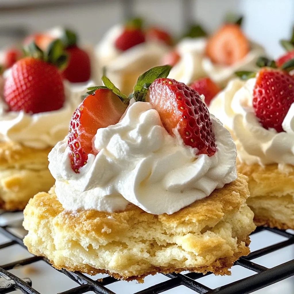 Here’s what you need to make these tasty strawberry shortcake cookies: - 1 cup all-purpose flour - 1/2 cup almond flour - 1/4 cup cornstarch - 1/2 teaspoon baking powder - 1/4 teaspoon baking soda - 1/4 teaspoon salt - 1/4 cup unsalted butter, softened at room temperature - 1/2 cup granulated sugar - 1 large egg, room temperature - 1 teaspoon pure vanilla extract - 1 cup fresh strawberries, hulled and chopped into small pieces - 1/2 cup whipped cream (for topping) - Additional fresh strawberries for garnish These ingredients create a cookie that’s soft, sweet, and full of strawberry flavor. The mix of all-purpose and almond flour gives a great texture. Cornstarch helps keep them tender. Butter adds a rich taste, while sugar sweetens the dough perfectly. Fresh strawberries bring a burst of fruity goodness. Topping with whipped cream makes them even better! When you gather these ingredients, make sure your strawberries are fresh and ripe. This will make your cookies even tastier. You can also prep everything before you start mixing. It makes the process smooth and easy! {{ingredient_image_2}} Start by preheating your oven to 350°F (175°C). This step is key for even baking. While the oven heats, grab a baking sheet and line it with parchment paper. This helps the cookies release easily. Next, combine your dry ingredients. In a medium bowl, mix together the all-purpose flour, almond flour, cornstarch, baking powder, baking soda, and salt. Whisk these together until they are well mixed. Set this bowl aside. Now it's time to cream the butter and sugar. In a large mixing bowl, add the softened butter and granulated sugar. Use an electric mixer on medium speed. Mix for about 3-4 minutes. The mixture should look light and fluffy. Add the large egg and pure vanilla extract to the butter and sugar mix. Blend until fully combined and smooth. This step adds richness to your cookies. Gradually add the dry ingredients to the wet ingredients. Use a spatula or wooden spoon to mix gently. Be careful not to overmix, as this can change the cookie's texture. Now, fold in the chopped fresh strawberries. Use a spatula to ensure they spread evenly throughout the dough. This will give your cookies a fresh fruit burst. Using a cookie scoop or tablespoon, drop the dough onto your prepared baking sheet. Space them about 2 inches apart. This allows room for spreading while baking. Place your baking sheet in the preheated oven. Bake the cookies for 12-15 minutes. Watch for the edges to turn lightly golden. Once baked, remove them from the oven. Let the cookies cool on the baking sheet for about 5 minutes. Then, transfer them to a wire rack to cool completely. Once the cookies are cool, it's time to add toppings. Spoon a generous dollop of whipped cream onto each cookie. For a beautiful finish, garnish with extra fresh strawberry slices on top. This not only looks good but adds more flavor too. - Avoiding cookie overmixing: When mixing your dough, stop as soon as it blends. Overmixing can make cookies tough. This happens when the gluten in flour develops too much. You want a tender cookie, so be gentle. - Achieving the perfect texture: For soft cookies, use room temperature butter. Cold butter makes cookies hard. When you cream butter and sugar, mix until fluffy. This adds air and makes cookies light. - Other options for toppings: While whipped cream is classic, you can try yogurt. Greek yogurt adds creaminess and a tangy taste. You can also drizzle chocolate or caramel sauce for a sweet twist. - Creative serving ideas: Serve cookies on a colorful plate. Add fresh mint leaves for a splash of color. You can stack them for a fun dessert tower. Pair with iced tea or lemonade for a refreshing treat. Pro Tips Use Fresh Strawberries: For the best flavor, always opt for fresh, ripe strawberries. They will enhance the taste of your cookies and provide a juicy burst in every bite. Don’t Overmix: When combining the wet and dry ingredients, mix just until incorporated. Overmixing can lead to tough cookies. Aim for a soft, slightly sticky dough. Chill the Dough: If time allows, chill the cookie dough for about 30 minutes before baking. This helps the cookies maintain their shape and enhances the flavors. Experiment with Flavors: Feel free to add a splash of lemon zest or almond extract for an extra layer of flavor. These additions can elevate your cookies to the next level. {{image_4}} For a gluten-free version, I recommend using gluten-free flour blends. Look for blends that include brown rice flour, potato starch, and tapioca flour. You can also try almond flour alone, but make sure to adjust the liquid in your recipe since it absorbs more moisture. Cornstarch works well too, so keep that as is. To make these cookies vegan, replace the egg with flaxseed meal or applesauce. For the butter, use coconut oil or vegan butter. Both options will give the cookies a nice texture without losing flavor. Just remember to cream the vegan butter and sugar together well for the best result. You can jazz up your strawberry shortcake cookies by adding nuts or chocolate chips. Chopped walnuts or pecans add a nice crunch. If you love chocolate, mix in some semi-sweet chocolate chips. Just fold them into your dough with the strawberries. You’ll have a burst of flavors in every bite! Store your strawberry shortcake cookies in an airtight container. This keeps them fresh for up to three days. Avoid direct sunlight or heat. A cool, dry place works best. If you want to keep them soft, place a slice of bread in the container. The cookies will stay moist and tasty. If you want to keep the cookies fresh longer, refrigerate them. Place them in an airtight container to avoid drying out. They can last up to a week in the fridge. Just remember to bring them to room temperature before serving. This helps regain their soft texture. Freezing these cookies is easy and a great way to save some for later. First, let the cookies cool completely. Then, place them in a single layer on a baking sheet. Freeze them for about an hour. Once frozen, move them to a freezer-safe bag or container. They can stay fresh for up to three months. When ready to eat, thaw them at room temperature for a few hours. Enjoy the delicious taste just like fresh cookies! How do I make the cookies softer? To make the cookies softer, try adding more butter. You can also use brown sugar instead of white sugar. Brown sugar adds moisture and a chewy texture. Can I use frozen strawberries? Yes, you can use frozen strawberries. Just make sure to thaw them first. Pat them dry with a paper towel to remove excess moisture, which helps keep the cookies from getting soggy. How long do the cookies last? These cookies last about 3 days at room temperature. For longer storage, keep them in an airtight container in the fridge for up to a week. What can I serve with strawberry shortcake cookies? These cookies pair well with whipped cream or ice cream. You can also serve them with fresh fruit or a sweet dip for added fun. Can I use coconut flour instead of almond flour? Coconut flour is not a direct substitute for almond flour. Use less coconut flour, as it absorbs more liquid. Start with 1/4 cup of coconut flour and adjust the liquid in the recipe. What is a suitable egg replacement? For an egg replacement, you can use 1/4 cup of unsweetened applesauce. This adds moisture and helps bind the cookies together. You can also use a flax egg, which is made from one tablespoon of ground flaxseed mixed with three tablespoons of water. In this post, we explored the key ingredients and simple steps to make delicious strawberry shortcake cookies. You learned how to mix, bake, and serve these treats. I shared tips for perfect texture and creative topping ideas. You also discovered variations for gluten-free and vegan options. These cookies are fun to make and enjoy. With fresh strawberries and whipped cream, they bring joy to any occasion. Now, gather your ingredients and start baking! You’ll love the results.
