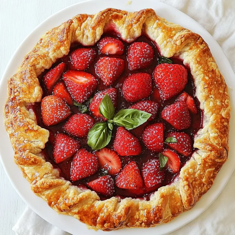 For this galette, you need 2 cups of fresh strawberries. Make sure to hull and slice them. Fresh strawberries give the best taste and color. They should be ripe and sweet. You can taste a slice to check their sweetness. You will also need a few other key ingredients: - 1 tablespoon granulated sugar: This adds sweetness to the strawberries. - 1 tablespoon fresh lemon juice: This brightens the flavor. - 1 tablespoon cornstarch: This helps thicken the juices. - 1 tablespoon fresh basil, finely chopped: This adds a unique, herbal touch. - 1 pre-made pie crust or galette dough: This makes your life easier. - 1 egg, beaten: This is for the egg wash to give shine. - 1 tablespoon coarse sugar: This is for sprinkling on top. For a nice finish, you might want to add some optional garnishes: - Fresh basil leaves: These look pretty and enhance flavor. - Creamy vanilla ice cream: This adds a rich, cold contrast to the warm galette. These ingredients combine to make a sweet and savory treat. The fresh strawberries and basil create a delightful balance. Enjoy gathering these items before you start cooking! {{ingredient_image_2}} Start by preheating your oven to 425°F (220°C). This is key for a crisp crust. A hot oven helps the dough cook evenly and rise well. In a bowl, mix 2 cups of fresh strawberries, 1 tablespoon of granulated sugar, 1 tablespoon of fresh lemon juice, 1 tablespoon of cornstarch, and 1 tablespoon of finely chopped basil. Toss gently so the strawberries get coated. Let it sit for about 10 minutes. This step helps the strawberries release their sweet juices. On a lightly floured surface, roll out your pie crust. Aim for a circle about 12 inches wide. Once rolled, carefully move the dough to a parchment-lined baking sheet. This will catch any juices that may drip while baking. Spoon your strawberry mix into the center of the dough. Leave a 2-inch border around the edges. This space allows for the beautiful folding that gives the galette its rustic charm. Using a pastry brush, apply the beaten egg to the edges of the dough. This makes the crust shiny and golden. Next, sprinkle 1 tablespoon of coarse sugar over the crust. This adds a delightful crunch and sweetness. Place the galette in your preheated oven. Bake for 25-30 minutes. Watch for a golden crust and bubbling filling. When done, take it out and let it cool for 10 minutes. This cooling helps the filling set and makes slicing easier. To get a great crust, use cold ingredients. I recommend chilling your pie crust for 30 minutes. This helps it stay flaky. Roll the dough on a lightly floured surface. Aim for a 12-inch circle. Don’t worry about making it perfect; rustic looks are charming! To bring out the best in your strawberries, mix them with sugar and lemon juice. This helps sweeten and brighten their flavor. Let the mixture sit for about 10 minutes. The juices will flow and create a tasty filling. Add finely chopped basil to give a fresh taste. Basil pairs well with strawberries, creating a lovely blend. When serving, slice the galette while warm. It looks great and tastes better that way! For a special touch, add fresh basil leaves or a scoop of ice cream. To store leftovers, place them in an airtight container. Keep it in the fridge for up to three days. You can reheat slices in the oven for a few minutes. Enjoy the flavors again! Pro Tips Use ripe strawberries: Ensure your strawberries are ripe and sweet for the best flavor. This will enhance the overall taste of the galette. Chill the dough: If your dough is warm, it may become difficult to handle. Chill it in the refrigerator for 15-20 minutes before rolling it out for easier manipulation. Experiment with herbs: Try adding other herbs like mint or thyme along with basil for a unique flavor twist that complements the strawberries beautifully. Serve with a drizzle: For an extra touch, drizzle the galette with balsamic reduction or honey before serving for added sweetness and sophistication. {{image_4}} You can mix things up with other herbs. Mint pairs well with strawberries. It adds a fresh twist. Thyme also works great, offering a unique taste. You can try rosemary too. Just use a small amount to avoid overpowering the fruit. Each herb brings its own charm to the galette. Experimenting lets you find your favorite flavor. If you need a gluten-free option, don’t worry! You can use gluten-free pie crusts. Many brands offer ready-made options. You can also make your own crust with almond flour or oat flour. Just follow the same steps for rolling and baking. Your galette will still be tasty and crispy. Feel free to swap strawberries for other fruits. Ripe peaches or nectarines are delightful in summer. In fall, use apples or pears for a warm flavor. You can even mix fruits, like strawberries and blueberries, for a colorful twist. Each fruit has its own sweetness and texture. This way, your galette stays fresh and fun all year! To keep your Strawberry Basil Galette fresh, store it in the fridge. Use an airtight container. This helps keep moisture in and prevents it from getting soggy. The galette stays good for about three days in the fridge. If you want to serve it later, make sure to cool it completely before storing. If you want to save your galette for later, freezing works great. First, let the galette cool down. Wrap it tightly in plastic wrap, then put it in a freezer bag. This helps prevent freezer burn. You can freeze it for up to two months. When you're ready to enjoy it, thaw it in the fridge overnight. To reheat your galette, preheat your oven to 350°F (175°C). Place the galette on a baking sheet. Heat it for about 10 to 15 minutes. This warms it up and keeps the crust crispy. You can also use the microwave, but it might make the crust soft. For best results, stick to the oven method. A galette is a free-form pie. It has a rustic look and is easy to make. Unlike a traditional pie, you do not need a pie pan. The dough wraps around the filling. This lets the fruit shine. It is a great way to enjoy fresh fruits, like strawberries. You can also use different fruits and flavors. Yes, you can use frozen strawberries. Just remember to thaw and drain them first. Frozen fruit may add extra moisture. This can change the texture of your galette. If you use frozen strawberries, add a bit more cornstarch. This will help thicken the juices. The galette lasts about 2-3 days at room temperature. Store it in a cool, dry place. You can also keep it in the fridge for up to 5 days. To enjoy it later, freeze the galette. Wrap it well before freezing. This keeps the flavor fresh for about 1-2 months. This blog post walked you through making a delicious strawberry galette. We explored fresh strawberries and key ingredients, along with optional garnishes to elevate your dessert. I provided clear steps, from preheating the oven to serving the galette. You learned vital tips for a perfect crust and creative flavor variations. Remember the storage info to enjoy your galette longer. With these insights, you can bake a lovely galette that impresses everyone. Enjoy the fun of creating this tasty treat!