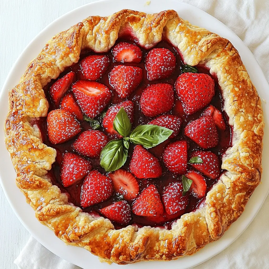 For this galette, you need 2 cups of fresh strawberries. Make sure to hull and slice them. Fresh strawberries give the best taste and color. They should be ripe and sweet. You can taste a slice to check their sweetness. You will also need a few other key ingredients: - 1 tablespoon granulated sugar: This adds sweetness to the strawberries. - 1 tablespoon fresh lemon juice: This brightens the flavor. - 1 tablespoon cornstarch: This helps thicken the juices. - 1 tablespoon fresh basil, finely chopped: This adds a unique, herbal touch. - 1 pre-made pie crust or galette dough: This makes your life easier. - 1 egg, beaten: This is for the egg wash to give shine. - 1 tablespoon coarse sugar: This is for sprinkling on top. For a nice finish, you might want to add some optional garnishes: - Fresh basil leaves: These look pretty and enhance flavor. - Creamy vanilla ice cream: This adds a rich, cold contrast to the warm galette. These ingredients combine to make a sweet and savory treat. The fresh strawberries and basil create a delightful balance. Enjoy gathering these items before you start cooking! {{ingredient_image_2}} Start by preheating your oven to 425°F (220°C). This is key for a crisp crust. A hot oven helps the dough cook evenly and rise well. In a bowl, mix 2 cups of fresh strawberries, 1 tablespoon of granulated sugar, 1 tablespoon of fresh lemon juice, 1 tablespoon of cornstarch, and 1 tablespoon of finely chopped basil. Toss gently so the strawberries get coated. Let it sit for about 10 minutes. This step helps the strawberries release their sweet juices. On a lightly floured surface, roll out your pie crust. Aim for a circle about 12 inches wide. Once rolled, carefully move the dough to a parchment-lined baking sheet. This will catch any juices that may drip while baking. Spoon your strawberry mix into the center of the dough. Leave a 2-inch border around the edges. This space allows for the beautiful folding that gives the galette its rustic charm. Using a pastry brush, apply the beaten egg to the edges of the dough. This makes the crust shiny and golden. Next, sprinkle 1 tablespoon of coarse sugar over the crust. This adds a delightful crunch and sweetness. Place the galette in your preheated oven. Bake for 25-30 minutes. Watch for a golden crust and bubbling filling. When done, take it out and let it cool for 10 minutes. This cooling helps the filling set and makes slicing easier. To get a great crust, use cold ingredients. I recommend chilling your pie crust for 30 minutes. This helps it stay flaky. Roll the dough on a lightly floured surface. Aim for a 12-inch circle. Don’t worry about making it perfect; rustic looks are charming! To bring out the best in your strawberries, mix them with sugar and lemon juice. This helps sweeten and brighten their flavor. Let the mixture sit for about 10 minutes. The juices will flow and create a tasty filling. Add finely chopped basil to give a fresh taste. Basil pairs well with strawberries, creating a lovely blend. When serving, slice the galette while warm. It looks great and tastes better that way! For a special touch, add fresh basil leaves or a scoop of ice cream. To store leftovers, place them in an airtight container. Keep it in the fridge for up to three days. You can reheat slices in the oven for a few minutes. Enjoy the flavors again! Pro Tips Use ripe strawberries: Ensure your strawberries are ripe and sweet for the best flavor. This will enhance the overall taste of the galette. Chill the dough: If your dough is warm, it may become difficult to handle. Chill it in the refrigerator for 15-20 minutes before rolling it out for easier manipulation. Experiment with herbs: Try adding other herbs like mint or thyme along with basil for a unique flavor twist that complements the strawberries beautifully. Serve with a drizzle: For an extra touch, drizzle the galette with balsamic reduction or honey before serving for added sweetness and sophistication. {{image_4}} You can mix things up with other herbs. Mint pairs well with strawberries. It adds a fresh twist. Thyme also works great, offering a unique taste. You can try rosemary too. Just use a small amount to avoid overpowering the fruit. Each herb brings its own charm to the galette. Experimenting lets you find your favorite flavor. If you need a gluten-free option, don’t worry! You can use gluten-free pie crusts. Many brands offer ready-made options. You can also make your own crust with almond flour or oat flour. Just follow the same steps for rolling and baking. Your galette will still be tasty and crispy. Feel free to swap strawberries for other fruits. Ripe peaches or nectarines are delightful in summer. In fall, use apples or pears for a warm flavor. You can even mix fruits, like strawberries and blueberries, for a colorful twist. Each fruit has its own sweetness and texture. This way, your galette stays fresh and fun all year! To keep your Strawberry Basil Galette fresh, store it in the fridge. Use an airtight container. This helps keep moisture in and prevents it from getting soggy. The galette stays good for about three days in the fridge. If you want to serve it later, make sure to cool it completely before storing. If you want to save your galette for later, freezing works great. First, let the galette cool down. Wrap it tightly in plastic wrap, then put it in a freezer bag. This helps prevent freezer burn. You can freeze it for up to two months. When you're ready to enjoy it, thaw it in the fridge overnight. To reheat your galette, preheat your oven to 350°F (175°C). Place the galette on a baking sheet. Heat it for about 10 to 15 minutes. This warms it up and keeps the crust crispy. You can also use the microwave, but it might make the crust soft. For best results, stick to the oven method. A galette is a free-form pie. It has a rustic look and is easy to make. Unlike a traditional pie, you do not need a pie pan. The dough wraps around the filling. This lets the fruit shine. It is a great way to enjoy fresh fruits, like strawberries. You can also use different fruits and flavors. Yes, you can use frozen strawberries. Just remember to thaw and drain them first. Frozen fruit may add extra moisture. This can change the texture of your galette. If you use frozen strawberries, add a bit more cornstarch. This will help thicken the juices. The galette lasts about 2-3 days at room temperature. Store it in a cool, dry place. You can also keep it in the fridge for up to 5 days. To enjoy it later, freeze the galette. Wrap it well before freezing. This keeps the flavor fresh for about 1-2 months. This blog post walked you through making a delicious strawberry galette. We explored fresh strawberries and key ingredients, along with optional garnishes to elevate your dessert. I provided clear steps, from preheating the oven to serving the galette. You learned vital tips for a perfect crust and creative flavor variations. Remember the storage info to enjoy your galette longer. With these insights, you can bake a lovely galette that impresses everyone. Enjoy the fun of creating this tasty treat!