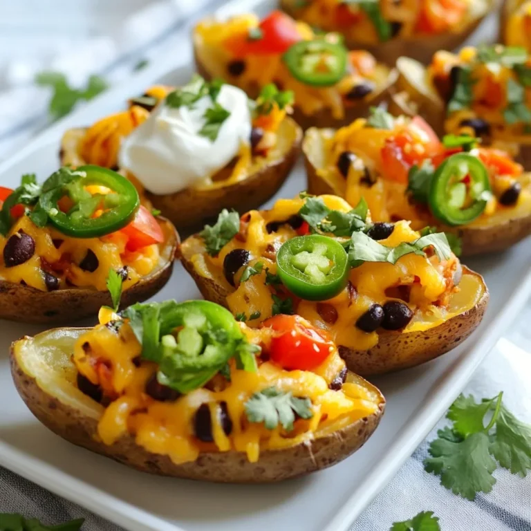 To make loaded nacho potato skins, you need some key ingredients. Here’s a list of what you will need: - 4 large russet potatoes - 1 cup shredded cheddar cheese - 1 cup black beans, rinsed and drained - 1 cup cherry tomatoes, diced - 1 fresh jalapeño, sliced (adjust amount to taste) - 1/2 cup sour cream - 1/4 cup fresh cilantro, chopped - 1 tablespoon olive oil - 1 teaspoon garlic powder - 1 teaspoon ground cumin - Salt and pepper to taste These ingredients create a tasty and satisfying snack. The russet potatoes provide a nice base, while the cheese and beans make it rich. You can customize your potato skins with fun toppings. Here are some ideas to try: - Sliced green onions for a fresh crunch - Avocado or guacamole for creaminess - Salsa for added flavor - Extra cheese for cheese lovers - Crushed tortilla chips for extra texture Feel free to mix and match to suit your taste! Here's a quick look at the nutrition of this dish: - Calories: Approximately 280 per serving - Protein: 10g - Carbohydrates: 30g - Fat: 14g - Fiber: 6g This dish offers a good balance of nutrients. It’s a filling snack that you can enjoy without guilt. {{ingredient_image_2}} First, preheat your oven to 400°F (200°C). Then, wash the russet potatoes well. Scrub them to remove dirt, then dry them off. Next, use a fork to poke 6-8 holes in each potato. This helps steam escape while they bake. Lightly coat each potato with olive oil, then sprinkle with salt. Place the potatoes on a baking sheet and roast them for 45 to 60 minutes. They should be soft when done. Once the potatoes are baked, take them out of the oven. Let them cool for about 10 minutes. Carefully cut each potato in half, lengthwise. Use a spoon to scoop out some flesh, leaving the skin sturdy. You can save the scooped potato for later or mash it for another dish. In a mixing bowl, combine the shredded cheddar cheese, black beans, diced cherry tomatoes, garlic powder, and ground cumin. Add sliced jalapeños as per your taste. Season this mixture with salt and pepper, then mix everything well until it's combined. This filling is packed with flavor and will make the nacho potato skins extra tasty! Now, fill each potato skin with the cheese and bean mixture. Make sure to fill them generously. Place the filled potato skins back in the oven. Bake for an additional 10-15 minutes. You want the cheese to melt and bubble, getting a bit golden on top. Once done, take the potato skins out of the oven. Let them rest for a few minutes. Top each one with a dollop of sour cream and some chopped cilantro. This adds a fresh touch. Serve the loaded nacho potato skins on a big platter. You can also include small bowls of extra sour cream and cilantro for guests to add more if they wish. Enjoy your tasty snack! To get that perfect crispy skin, start with russet potatoes. They have a starchy inside and a nice skin. Poke holes in the potatoes to let steam escape. Coat them lightly in olive oil and sprinkle salt on top. This step helps the skin crisp up nicely. Bake at 400°F for 45 to 60 minutes. Check them with a fork; they should feel soft inside. Let them cool slightly before cutting. One common mistake is not poking holes in the potatoes. This can cause them to burst in the oven. Another mistake is overcooking or undercooking them. Make sure to monitor the baking time closely. Avoid overloading the skins with toppings, as they may not hold up. Lastly, don’t forget to season the filling. A bit of salt and pepper makes a big difference in taste. You’ll need a few key tools to make these loaded nacho potato skins. A good baking sheet is essential for even cooking. Use a fork to poke holes in the potatoes. A sharp knife will help cut them in half easily. A mixing bowl is necessary for combining your filling. Lastly, a spoon is useful for scooping out the potato flesh. Having these tools will make your cooking experience smoother and more enjoyable. Pro Tips Use Fresh Ingredients: Fresh ingredients enhance the flavor of your potato skins. Opt for ripe cherry tomatoes and fresh cilantro for the best taste. Perfectly Cooked Potatoes: Ensure that your potatoes are fork-tender before removing them from the oven. This will make it easier to scoop out the flesh without damaging the skins. Customize the Toppings: Feel free to customize your toppings! Add diced avocado, olives, or even crumbled bacon for additional flavors and textures. Serve Immediately: For the best experience, serve the loaded potato skins immediately after baking while the cheese is melted and gooey. {{image_4}} You can easily make loaded nacho potato skins vegetarian. Swap out the black beans for more veggies. Consider adding corn, diced bell peppers, or sautéed mushrooms. These options not only add flavor but also extra color. You can also use plant-based cheese if you want to keep it dairy-free. This way, everyone can enjoy this tasty snack. If you love heat, try using different peppers. You can add serrano peppers or even habaneros for a fiery kick. Slice them thin and mix into the filling. For a milder option, use sweet bell peppers. You can also roast the peppers for a smoky flavor. Adjust the spice level to suit your taste buds! Cheese is a key part of loaded nacho potato skins. If you want to change things up, try different cheeses. Monterey Jack gives a nice melt and flavor. For a sharper bite, use feta or blue cheese. Vegan cheese can also work if you're avoiding dairy. Experiment with combinations to find your favorite mix! To store your leftover loaded nacho potato skins, let them cool first. Place them in an airtight container. You can keep them in the fridge for up to three days. Make sure to separate layers with parchment paper. This helps prevent sticking. When you're ready to enjoy your leftovers, preheat the oven to 350°F (175°C). Place the potato skins on a baking sheet. Heat them for about 10-15 minutes. This will warm them up and keep them crispy. If you want, you can also use a microwave. Just heat them for 1-2 minutes, but know they might get soft. For meal prep, you can freeze the filled potato skins. After cooling, wrap each one tightly in plastic wrap. Then, place them in a freezer bag. They can last up to three months in the freezer. When you want to eat them, thaw them in the fridge overnight before reheating. This way, you can have a tasty snack ready anytime! Yes, you can prepare them in advance. Bake the potatoes and scoop them out. Then, make the filling and store it in the fridge. When you are ready to eat, fill the skins and bake them. This keeps them fresh and tasty. If you don't have black beans, try pinto beans or kidney beans. Chickpeas also work well. These beans add protein and fiber, just like black beans do. You can even use cooked quinoa for a different twist. Yes, this recipe is naturally gluten-free. All the ingredients, like potatoes and cheese, do not contain gluten. Just make sure to check the labels on your cheese and sour cream for any added ingredients. Enjoy this snack worry-free! You learned how to make loaded nacho potato skins with key ingredients and steps. I shared tips for a perfect bake, common errors to avoid, and equipment choices. You can also explore fun variations like vegetarian and spicy options. Plus, I covered how to store and reheat leftovers. Now, it's time to enjoy your tasty snacks, impress your friends, and get creative in the kitchen. Happy cooking!