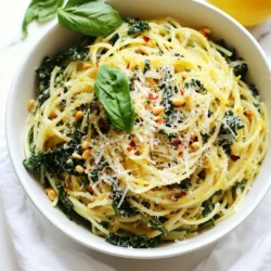 - Pasta options: You can use spaghetti, fettuccine, or penne for this dish. Each type adds a unique texture. - Kale: I love using curly or lacinato kale. Curly kale adds a nice bite, while lacinato, also known as dinosaur kale, has a tender feel. Both are packed with nutrients. - Cheese options: For a rich flavor, I recommend freshly grated Parmesan. If you want a vegan option, try a plant-based cheese substitute. - Extra virgin olive oil: This oil adds a fruity taste and is full of healthy fats. It&rsquo;s perfect for saut&eacute;ing garlic without burning. - Garlic: Garlic gives this dish its strong flavor. Using fresh garlic is key to getting that fragrant aroma. - Red pepper flakes: These add a nice kick to the dish. Adjust the amount based on your spice tolerance. Don't forget to season with sea salt and black pepper for a balanced taste. - Toasted pine nuts: These nuts add a lovely crunch and nutty flavor. Toast them lightly for the best taste. - Fresh basil: Adding fresh basil gives a pop of flavor and color. It makes your dish look and taste even better. {{ingredient_image_2}} Start by boiling water in a large pot. Add plenty of salt to the water. This step is key. It flavors the pasta as it cooks. Bring the water to a rolling boil. Once it&rsquo;s boiling, add your favorite pasta. Follow the package instructions for cooking time. I usually cook it until al dente, which means firm to the bite. Before draining, reserve one cup of that starchy pasta water. This water helps make the sauce creamy later. While the pasta cooks, grab a large skillet. Pour in two tablespoons of extra virgin olive oil over medium heat. When the oil shimmers, add four cloves of finely minced garlic. Stir it for about one minute. Watch it closely! You want it fragrant, not brown. If it burns, it will taste bitter, and nobody wants that. Next, add six cups of chopped kale to the skillet. Stir the kale for about three to five minutes. You want it to wilt and become tender. Keep an eye on it! As it cooks, it will turn a bright green color. This is a sign it&rsquo;s ready. Once it looks good, sprinkle in half a teaspoon of red pepper flakes for a spicy kick. Stir to mix the flavors well. To make your pasta shine, adjust the spice with red pepper flakes. Start with a little; you can always add more. For a mild dish, skip them altogether. Everyone has different spice levels, so make it your own! Getting the right pasta consistency is key. If your pasta feels dry, add a splash of reserved pasta water. This starchy water helps bind the sauce and pasta together. Toss gently, and watch as the magic happens! Meal prep can save you time on busy days. Cook your pasta and store it in the fridge. You can saut&eacute; the kale and garlic ahead too. Just warm them up when you are ready to eat. When reheating, do it gently. Use a pan on low heat, adding a touch of olive oil. This keeps the pasta from drying out. A little splash of water can help, too. You can add fresh herbs or veggies for an extra kick. Consider spinach, arugula, or even sun-dried tomatoes. These will brighten up your dish and add more nutrition. Kale is packed with vitamins A, C, and K. It also has fiber, which is great for digestion. Pasta gives you energy, making this dish a wholesome choice. Together, they make a great pair for your health! Pro Tips Use Fresh Ingredients: Always opt for fresh kale and garlic to enhance the flavor and nutritional value of your dish. Adjust Spice Levels: Feel free to modify the amount of red pepper flakes based on your spice tolerance; start with less and add more if desired. Reserve Pasta Water: Remember to reserve pasta water before draining; it&rsquo;s a great way to adjust the sauce consistency and add extra flavor. Garnish Creatively: Aside from pine nuts and basil, consider adding cherry tomatoes or olives as a colorful and tasty garnish. {{image_4}} You can easily adapt this Lemon Garlic Kale Pasta to fit your diet. If you're vegan, swap out the Parmesan cheese for a plant-based alternative. Nutritional yeast is a great option. It gives a cheesy flavor without using dairy. You can also use cashew cream for extra richness. For those who need gluten-free options, choose gluten-free pasta. Brands like zucchini noodles or lentil pasta work well too. They provide good texture and flavor. Just make sure to follow the cooking instructions on the package for the best results. Want to add some protein? You can mix in grilled chicken, shrimp, or chickpeas. Each adds a different flavor and makes the dish heartier. If you use chickpeas, they give you a great plant-based protein boost. You can also include more vegetables. Spinach and zucchini are excellent choices. They add color and nutrition. Add them while cooking the kale for a simple way to boost your meal. If you want to give this pasta an Italian twist, try adding sun-dried tomatoes or olives. These ingredients enhance the flavor and create a Mediterranean feel. For a more Mediterranean vibe, consider adding feta cheese or artichoke hearts. These add a salty, tangy kick that pairs nicely with the lemon and garlic. You can even mix in some fresh herbs, like oregano or thyme, to really bring the flavors to life. To keep your Lemon Garlic Kale Pasta fresh, store it in an airtight container. Make sure it cools down before sealing. This method keeps the flavors intact. You can store it in the fridge for up to three days. If you want it to last longer, consider freezing it. When it&rsquo;s time to enjoy leftovers, reheating is key. To avoid drying out your pasta, add a splash of water before heating. The stovetop works best. Just place it in a pan over low heat and stir often. If you're using a microwave, cover the dish to trap steam. Heat in short bursts, stirring in between. Freezing Lemon Garlic Kale Pasta is a great option for meal prep. Portion it into small containers for easy access. Make sure it is cooled completely before freezing. It can last in the freezer for up to two months. For best results, thaw it overnight in the fridge before reheating. This helps maintain the texture and flavor. You can store Lemon Garlic Kale Pasta in the fridge for up to three days. Make sure to use an airtight container to keep it fresh. If you want to keep it longer, consider freezing it. It will stay good in the freezer for up to three months. Yes, you can prepare this recipe in advance. Cook the pasta and saut&eacute; the kale. Combine them just before serving. This way, the pasta stays fresh. You can store the cooked components separately in the fridge for up to two days. You can use several greens instead of kale. Spinach, Swiss chard, or collard greens work well. Each will add a unique flavor and texture. Just remember to adjust cooking times. Spinach cooks faster than kale, so add it later. Yes, you can make this dish vegan-friendly. Substitute Parmesan cheese with a vegan cheese or nutritional yeast. Use olive oil as your base. This keeps the flavors rich while making it plant-based. To make your pasta creamier, add a splash of plant-based cream or cashew cream. You can also mix in some reserved pasta water. Stir it well to combine. This creates a rich, smooth texture without changing the flavor. Lemon garlic kale pasta combines simple, fresh ingredients for rich flavor. You can choose your favorite pasta type and enjoy various options for cheese and protein. Use cooking oils and seasonings wisely to bring out the best flavors. Don&rsquo;t forget to add garnishes like toasted pine nuts for texture. Remember, you can make this dish ahead of time, adapt it for dietary needs, and even store leftovers properly. With these tips, you can create a delicious meal that pleases everyone. Enjoy exploring different variations and personal touches for your pasta dish!