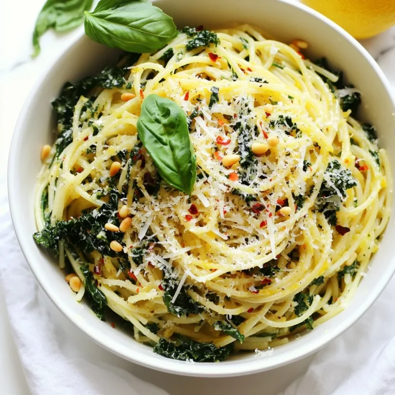 - Pasta options: You can use spaghetti, fettuccine, or penne for this dish. Each type adds a unique texture. - Kale: I love using curly or lacinato kale. Curly kale adds a nice bite, while lacinato, also known as dinosaur kale, has a tender feel. Both are packed with nutrients. - Cheese options: For a rich flavor, I recommend freshly grated Parmesan. If you want a vegan option, try a plant-based cheese substitute. - Extra virgin olive oil: This oil adds a fruity taste and is full of healthy fats. It’s perfect for sautéing garlic without burning. - Garlic: Garlic gives this dish its strong flavor. Using fresh garlic is key to getting that fragrant aroma. - Red pepper flakes: These add a nice kick to the dish. Adjust the amount based on your spice tolerance. Don't forget to season with sea salt and black pepper for a balanced taste. - Toasted pine nuts: These nuts add a lovely crunch and nutty flavor. Toast them lightly for the best taste. - Fresh basil: Adding fresh basil gives a pop of flavor and color. It makes your dish look and taste even better. {{ingredient_image_2}} Start by boiling water in a large pot. Add plenty of salt to the water. This step is key. It flavors the pasta as it cooks. Bring the water to a rolling boil. Once it’s boiling, add your favorite pasta. Follow the package instructions for cooking time. I usually cook it until al dente, which means firm to the bite. Before draining, reserve one cup of that starchy pasta water. This water helps make the sauce creamy later. While the pasta cooks, grab a large skillet. Pour in two tablespoons of extra virgin olive oil over medium heat. When the oil shimmers, add four cloves of finely minced garlic. Stir it for about one minute. Watch it closely! You want it fragrant, not brown. If it burns, it will taste bitter, and nobody wants that. Next, add six cups of chopped kale to the skillet. Stir the kale for about three to five minutes. You want it to wilt and become tender. Keep an eye on it! As it cooks, it will turn a bright green color. This is a sign it’s ready. Once it looks good, sprinkle in half a teaspoon of red pepper flakes for a spicy kick. Stir to mix the flavors well. To make your pasta shine, adjust the spice with red pepper flakes. Start with a little; you can always add more. For a mild dish, skip them altogether. Everyone has different spice levels, so make it your own! Getting the right pasta consistency is key. If your pasta feels dry, add a splash of reserved pasta water. This starchy water helps bind the sauce and pasta together. Toss gently, and watch as the magic happens! Meal prep can save you time on busy days. Cook your pasta and store it in the fridge. You can sauté the kale and garlic ahead too. Just warm them up when you are ready to eat. When reheating, do it gently. Use a pan on low heat, adding a touch of olive oil. This keeps the pasta from drying out. A little splash of water can help, too. You can add fresh herbs or veggies for an extra kick. Consider spinach, arugula, or even sun-dried tomatoes. These will brighten up your dish and add more nutrition. Kale is packed with vitamins A, C, and K. It also has fiber, which is great for digestion. Pasta gives you energy, making this dish a wholesome choice. Together, they make a great pair for your health! Pro Tips Use Fresh Ingredients: Always opt for fresh kale and garlic to enhance the flavor and nutritional value of your dish. Adjust Spice Levels: Feel free to modify the amount of red pepper flakes based on your spice tolerance; start with less and add more if desired. Reserve Pasta Water: Remember to reserve pasta water before draining; it’s a great way to adjust the sauce consistency and add extra flavor. Garnish Creatively: Aside from pine nuts and basil, consider adding cherry tomatoes or olives as a colorful and tasty garnish. {{image_4}} You can easily adapt this Lemon Garlic Kale Pasta to fit your diet. If you're vegan, swap out the Parmesan cheese for a plant-based alternative. Nutritional yeast is a great option. It gives a cheesy flavor without using dairy. You can also use cashew cream for extra richness. For those who need gluten-free options, choose gluten-free pasta. Brands like zucchini noodles or lentil pasta work well too. They provide good texture and flavor. Just make sure to follow the cooking instructions on the package for the best results. Want to add some protein? You can mix in grilled chicken, shrimp, or chickpeas. Each adds a different flavor and makes the dish heartier. If you use chickpeas, they give you a great plant-based protein boost. You can also include more vegetables. Spinach and zucchini are excellent choices. They add color and nutrition. Add them while cooking the kale for a simple way to boost your meal. If you want to give this pasta an Italian twist, try adding sun-dried tomatoes or olives. These ingredients enhance the flavor and create a Mediterranean feel. For a more Mediterranean vibe, consider adding feta cheese or artichoke hearts. These add a salty, tangy kick that pairs nicely with the lemon and garlic. You can even mix in some fresh herbs, like oregano or thyme, to really bring the flavors to life. To keep your Lemon Garlic Kale Pasta fresh, store it in an airtight container. Make sure it cools down before sealing. This method keeps the flavors intact. You can store it in the fridge for up to three days. If you want it to last longer, consider freezing it. When it’s time to enjoy leftovers, reheating is key. To avoid drying out your pasta, add a splash of water before heating. The stovetop works best. Just place it in a pan over low heat and stir often. If you're using a microwave, cover the dish to trap steam. Heat in short bursts, stirring in between. Freezing Lemon Garlic Kale Pasta is a great option for meal prep. Portion it into small containers for easy access. Make sure it is cooled completely before freezing. It can last in the freezer for up to two months. For best results, thaw it overnight in the fridge before reheating. This helps maintain the texture and flavor. You can store Lemon Garlic Kale Pasta in the fridge for up to three days. Make sure to use an airtight container to keep it fresh. If you want to keep it longer, consider freezing it. It will stay good in the freezer for up to three months. Yes, you can prepare this recipe in advance. Cook the pasta and sauté the kale. Combine them just before serving. This way, the pasta stays fresh. You can store the cooked components separately in the fridge for up to two days. You can use several greens instead of kale. Spinach, Swiss chard, or collard greens work well. Each will add a unique flavor and texture. Just remember to adjust cooking times. Spinach cooks faster than kale, so add it later. Yes, you can make this dish vegan-friendly. Substitute Parmesan cheese with a vegan cheese or nutritional yeast. Use olive oil as your base. This keeps the flavors rich while making it plant-based. To make your pasta creamier, add a splash of plant-based cream or cashew cream. You can also mix in some reserved pasta water. Stir it well to combine. This creates a rich, smooth texture without changing the flavor. Lemon garlic kale pasta combines simple, fresh ingredients for rich flavor. You can choose your favorite pasta type and enjoy various options for cheese and protein. Use cooking oils and seasonings wisely to bring out the best flavors. Don’t forget to add garnishes like toasted pine nuts for texture. Remember, you can make this dish ahead of time, adapt it for dietary needs, and even store leftovers properly. With these tips, you can create a delicious meal that pleases everyone. Enjoy exploring different variations and personal touches for your pasta dish!