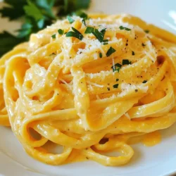 - 12 oz fettuccine or your pasta of choice - 1 cup pure pumpkin puree - 1 cup heavy cream - 1/2 cup freshly grated Parmesan cheese - 2 tablespoons unsalted butter - 2 cloves garlic, finely minced - 1 teaspoon dried sage - 1/2 teaspoon freshly grated nutmeg - Salt and fresh ground pepper to taste - Fresh parsley, chopped, for garnish In this recipe, you will find key ingredients that create a rich and creamy sauce. The fettuccine serves as a perfect base, allowing the flavors to shine. Pumpkin puree adds a natural sweetness and vibrant color. Heavy cream brings the sauce&rsquo;s creaminess to life while Parmesan cheese adds that savory touch. Using unsalted butter gives you control over the saltiness. Fresh garlic adds aroma, while dried sage brings a warm, earthy flavor. Nutmeg enhances the pumpkin taste, making it cozy and comforting. Finally, a sprinkle of fresh parsley provides a pop of color and freshness. Each ingredient plays a role in crafting this delicious Pumpkin Alfredo Pasta. {{ingredient_image_2}} Start with a large pot and fill it with water. Place the pot on the stove and bring the water to a rolling boil. This step is key for great pasta. Add a generous pinch of salt to the boiling water. It helps flavor the pasta. Next, add your fettuccine or any pasta you like. Cook the pasta according to the package instructions. Aim for al dente, which means firm to the bite. This usually takes about 8 to 10 minutes. When the pasta is done, drain it in a colander. Don&rsquo;t forget to reserve about a cup of the pasta water for later. While your pasta cooks, you can start your sauce. Grab a large skillet and place it on medium heat. Add the unsalted butter to the skillet. Let it melt completely. Once melted, add the finely minced garlic. Saut&eacute; the garlic for about one minute. Stir it often until it smells great but doesn&rsquo;t turn brown. Now, add the pure pumpkin puree to the skillet. Mix it well with the garlic. This creates a rich, flavorful base. Gradually pour in the heavy cream while stirring. Keep mixing until the mixture is smooth and creamy. As your sauce warms, it&rsquo;s time to add flavor. Stir in the grated Parmesan cheese, dried sage, and freshly grated nutmeg. Don&rsquo;t forget a pinch of salt and pepper. Keep stirring until the cheese melts and the sauce becomes creamy. If it feels too thick, add some reserved pasta water until it&rsquo;s just right. Now, take your drained fettuccine and add it directly to the skillet. Use tongs or a spatula to gently toss the pasta in the sauce. Make sure every strand is coated. If needed, add more reserved pasta water to help the sauce stick. Once everything is mixed well, you&rsquo;re ready to serve. To get a creamy pumpkin Alfredo, use pasta water. This water is starchy and helps the sauce stick. When the sauce is too thick, add a bit of this reserved water. Mix slowly until the sauce reaches your desired thickness. Using freshly grated cheese is key for a smooth sauce. Pre-grated cheese often contains anti-caking agents. These can make it harder to melt. Grate your Parmesan right before you use it. This makes a big difference in texture. Spices can make your dish pop. I recommend adding a pinch of cinnamon or clove. These spices work well with pumpkin and add warmth. You can also try a dash of cayenne for a little heat. For serving, this pasta pairs well with a side salad. A simple mixed greens salad adds freshness. You might also enjoy it with garlic bread for a cozy meal. Don&rsquo;t forget to sprinkle extra Parmesan on top before serving! Pro Tips Use Fresh Ingredients: Fresh garlic and high-quality Parmesan cheese will elevate the flavors of your pumpkin Alfredo sauce, making it more aromatic and delicious. Customize Your Pasta: Feel free to swap out the fettuccine for any pasta you prefer, such as penne or rigatoni, to give the dish your own personal touch. Adjust the Creaminess: If you find the sauce too thick, gradually add more reserved pasta water until you reach your desired creamy consistency. Garnish for Flavor: A sprinkle of extra Parmesan and freshly chopped parsley not only adds a pop of color but also enhances the dish's flavor profile. {{image_4}} You can make your pumpkin Alfredo pasta heartier by adding protein. - Incorporating chicken or shrimp: Cooked chicken or shrimp works well. Just saut&eacute; them in the skillet before adding the pumpkin for extra flavor. - Vegetarian options: If you want a meat-free meal, consider adding saut&eacute;ed mushrooms or spinach. They blend well with the creamy sauce. Sometimes, you might need to change a few ingredients. - Dairy-free alternatives: You can use coconut milk instead of heavy cream. This keeps it creamy and adds a slight sweetness. - Gluten-free pasta options: Use gluten-free pasta like rice or quinoa noodles. They will still hold the sauce nicely. Let's amp up the taste with some flavorful herbs and cheeses. - Adding different herbs: Consider using thyme or rosemary. These herbs add a warm flavor that pairs well with pumpkin. - Using different types of cheese: Try using goat cheese or Gruy&egrave;re for a unique twist. Each cheese will give a different taste to the dish. These variations will keep your pumpkin Alfredo pasta exciting and fun to make! To keep your pumpkin Alfredo pasta fresh, store leftovers in the fridge. Use an airtight container. This helps maintain flavor and keeps the dish from drying out. Make sure to let it cool down before sealing the container. When reheating, avoid the microwave if possible. Instead, use a skillet on low heat. Add a splash of cream or reserved pasta water. This helps keep the sauce creamy. Stir gently while heating. To refresh flavors, add a bit of fresh parsley or a sprinkle of Parmesan cheese. Enjoy your delicious dish again! The best pasta for Pumpkin Alfredo is fettuccine. I love it because its wide, flat shape holds the creamy sauce well. Other good options include penne or rigatoni. They also trap sauce inside, which provides a rich flavor in every bite. If you prefer gluten-free, look for pasta made from rice or chickpeas. These options will still give you a tasty dish. Yes, you can prepare this dish ahead of time. Cook the pasta and sauce separately, then combine them just before serving. Store the pasta in an airtight container in the fridge. For the sauce, let it cool and then refrigerate it too. When you&rsquo;re ready to eat, reheat the sauce on low heat. Add a splash of pasta water to bring back the creaminess. To make Pumpkin Alfredo vegan, swap heavy cream with coconut cream or cashew cream. You can use nutritional yeast instead of Parmesan cheese for a cheesy flavor. Also, replace butter with olive oil or vegan butter. For a protein boost, add cooked lentils or chickpeas. These changes will still give you a creamy and delicious dish without any animal products. This blog post explored how to make a delicious Pumpkin Alfredo. We covered key ingredients like fettuccine, pumpkin puree, and Parmesan cheese. I shared step-by-step instructions on cooking pasta, making the sauce, and assembling the dish. You learned tips for perfecting creaminess and flavor, plus variations for proteins and dietary needs. As you experiment with this recipe, I hope you enjoy each rich, tasty bite. This dish can easily become a favorite for you and those you share it with. Happy cooking!