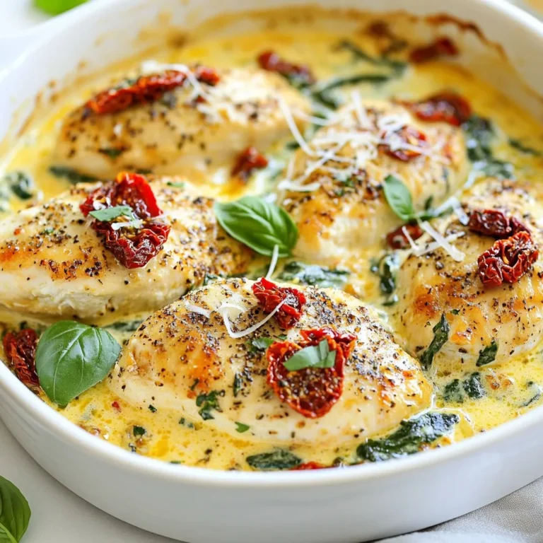 To make Creamy Sun-Dried Tomato Chicken, gather these key ingredients: - 4 boneless, skinless chicken breasts - 1 cup sun-dried tomatoes packed in oil, drained and roughly chopped - 1 cup heavy cream - 1 cup chicken broth - 1 cup fresh baby spinach - 3 cloves of garlic, minced - 1 teaspoon dried Italian herbs (a blend of oregano, basil, and thyme) - 1 tablespoon extra virgin olive oil - Salt and freshly ground black pepper, to taste - Freshly grated Parmesan cheese, for garnish - A handful of fresh basil leaves, for garnish These ingredients create a rich, creamy sauce that coats the chicken beautifully. You can change a few ingredients to suit your taste or what you have at home. - Chicken: Use chicken thighs for a juicier option. - Cream: Substitute with half-and-half for a lighter sauce. - Spinach: Kale or arugula work well if you want a different green. - Sun-Dried Tomatoes: Use roasted red peppers for a fresh twist. - Parmesan Cheese: Try Pecorino Romano for a sharper flavor. These swaps can still give you a delicious meal without losing the essence of the dish. To create this dish, you will need a few basic kitchen tools: - Large skillet: For searing chicken and making the sauce. - Tongs: To handle the chicken safely. - Cutting board: For chopping sun-dried tomatoes and garlic. - Chef's knife: For precise cutting. - Measuring cups: To measure out liquids and ingredients. - Wooden spoon: To stir the sauce and combine ingredients. Having these tools ready will make cooking smoother and more enjoyable. {{ingredient_image_2}} Start by seasoning the chicken breasts. Use salt and black pepper. Make sure to cover both sides. This step boosts the chicken's flavor. Set the seasoned chicken aside while you prepare to cook. Next, grab a large skillet. Heat extra virgin olive oil over medium-high heat. Wait until the oil shimmers. Carefully add the chicken breasts. Sear each side for 6-7 minutes. Look for a golden-brown crust. Once cooked through, remove the chicken from the skillet. Place it on a plate and cover it loosely. In the same skillet, add minced garlic. Sauté for about 30 seconds. You want it fragrant, not burnt. Then, add the chopped sun-dried tomatoes. Cook for 2 more minutes. This step helps the tomatoes soften and release their flavors. Now, pour in the chicken broth. Bring it to a gentle simmer. Let it reduce for about 3-4 minutes. This makes the flavors stronger. Reduce the heat to medium-low. Carefully stir in the heavy cream. Add the dried Italian herbs and mix well. Next, fold in the baby spinach. Let it wilt in the creamy sauce for about 2 minutes. Then, return the seared chicken to the skillet. Make sure to place it in the sauce. Let everything simmer together for 5 minutes. This step allows the chicken to soak up the flavors. Taste the sauce and adjust seasoning. Add more salt or pepper if needed. Finally, plate the chicken. Spoon the creamy sun-dried tomato sauce over it. Garnish with Parmesan cheese and fresh basil leaves. Enjoy your meal! To cook chicken well, start with fresh, thawed chicken breasts. Season them with salt and black pepper. Heat olive oil in the skillet until it shimmers. Sear the chicken for 6-7 minutes on each side. The chicken should be golden brown and cook through. Use a meat thermometer; it should read 165°F. Let the chicken rest after cooking. This keeps it juicy and flavorful. You can easily tweak the flavors in this dish. If you like it spicy, add crushed red pepper flakes when you add the garlic. Want it herbier? Toss in fresh herbs like thyme or rosemary. If you prefer a tangy flavor, add a splash of lemon juice at the end. Always taste the sauce before serving. Adjust salt and pepper to your liking. When making cream sauces, keep a few tips in mind. Always start with a good base, like sautéed garlic or onion. Stir in your cream slowly to avoid curdling. Simmer gently; high heat can separate it. If it gets too thick, add a bit more chicken broth to loosen it. Lastly, always finish with freshly grated cheese for a rich, creamy texture. Pro Tips Optimal Chicken Cooking: For perfectly juicy chicken, use a meat thermometer to ensure the internal temperature reaches 165°F (74°C). Flavor Boosting: For an extra depth of flavor, consider adding a splash of white wine to the skillet after sautéing the garlic, letting it reduce before adding the broth. Spinach Alternatives: If you're not a fan of spinach, feel free to substitute it with kale or arugula for a different taste and texture. Serving Suggestions: This dish pairs beautifully with a side of garlic bread or over a bed of fluffy rice to soak up the delicious sauce. {{image_4}} If you want a lighter dish, swap out some ingredients. Use chicken breast, which is leaner than thighs. You can also use low-fat cream instead of heavy cream. This change cuts calories but keeps the creaminess. For a dairy-free option, try coconut cream. It adds a nice flavor and richness. Mix things up by using different sauces. A pesto sauce gives a fresh taste. You can also try Alfredo sauce for a rich twist. For a tangy flavor, use a lemon-butter sauce. Each sauce brings a new vibe to your creamy sun-dried tomato chicken. Seasonal ingredients can enhance your dish. In spring, add fresh asparagus. In summer, try sweet cherry tomatoes. Fall calls for roasted pumpkin cubes. Winter is perfect for sautéed kale or Swiss chard. These add-ins boost nutrition and flavor, making the dish exciting all year round. To store your creamy sun-dried tomato chicken, let it cool first. Place leftovers in an airtight container. This keeps the chicken fresh and flavorful. Store it in the fridge for up to three days. Make sure to label the container with the date. When you're ready to enjoy leftovers, take them out of the fridge. You can reheat the chicken in a skillet over medium heat. Add a splash of chicken broth to keep it moist. Stir gently to heat evenly. You can also use a microwave. Heat in short intervals to avoid overcooking. If you want to save the dish for later, freezing works great! First, let the chicken cool completely. Then, place it in a freezer-safe container or bag. Remove as much air as you can. It can last in the freezer for up to three months. To enjoy, thaw it overnight in the fridge before reheating. Yes, you can use chicken thighs or drumsticks. These cuts add more flavor and stay juicy. Just adjust the cooking time, as they may need longer to cook through. Always check for doneness with a meat thermometer. Aim for 165°F (75°C) to ensure safety. This dish pairs well with many sides. Here are some tasty options: - Pasta: Toss with fettuccine or penne to soak up the sauce. - Rice: Serve over fluffy white or brown rice. - Bread: A crusty baguette is perfect for dipping. - Salad: Fresh greens with a light vinaigrette balance the creaminess. The total time for Creamy Sun-Dried Tomato Chicken is about 30 minutes. This includes a quick prep time of 15 minutes. Cooking takes another 15 minutes. It’s a great option for busy weeknights or special occasions. Enjoy your meal in under half an hour! This blog post covered the key ingredients for Creamy Sun-Dried Tomato Chicken and how to prepare it step by step. You learned about useful kitchen tools and tips for cooking perfectly tender chicken. We also explored fun variations and how to store your dish. Whether you want to impress guests or enjoy a cozy meal, this dish is simple and satisfying. With these insights, you can make a delicious meal that everyone will love. Enjoy your cooking adventure!
