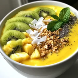 - 1 cup fresh pineapple, chopped - 1 ripe banana, sliced - 1/2 cup creamy coconut milk - 1/2 cup Greek yogurt - 1 tablespoon honey or maple syrup - 1/2 teaspoon vanilla extract - Sliced kiwis - Chia seeds - Shredded coconut - Granola - Fresh mint leaves For this Tropical Pineapple Smoothie Bowl, use fresh ingredients for the best taste. Start with one cup of fresh pineapple, chopped into small pieces. The pineapple gives a bright, juicy base. Next, add one ripe banana, sliced. This adds natural sweetness and creaminess. You will need half a cup of creamy coconut milk. This makes the smoothie rich and smooth. Then, add half a cup of Greek yogurt. This ingredient boosts protein and gives a nice texture. For sweetness, use one tablespoon of honey or maple syrup. Both options work well, so choose what you prefer. Lastly, add a half teaspoon of vanilla extract. This enhances the flavor and ties everything together. Now, let&rsquo;s talk about toppings! Slice up a kiwi for a pop of color and tangy taste. Chia seeds add a nice crunch and are super healthy. Sprinkle on two tablespoons of shredded coconut for sweetness and texture. For crunch, use half a cup of granola, which makes every bite exciting. Finally, add fresh mint leaves for a refreshing touch and beautiful color. Now you are ready to create this refreshing treat! Each ingredient brings joy to your bowl. {{ingredient_image_2}} - Gather all ingredients. - Measure and prepare fresh produce. - Prep the blender for mixing. First, you need to get everything ready. Take out your fresh pineapple, banana, coconut milk, Greek yogurt, honey, and vanilla. Make sure your ingredients are ripe and fresh for the best taste. Next, chop the pineapple into small, bite-sized pieces. Slice the banana into rounds. This makes blending easier and gives you a smooth final product. Prepare your blender by checking that it is clean and ready to go. - Combine all ingredients in the blender. - Blend until smooth and creamy. - Scrape down sides as needed. Now, it&rsquo;s time to blend! Put the pineapple, banana, coconut milk, Greek yogurt, honey, and vanilla extract into the blender. Blend on high speed. You want it to be very smooth and creamy. While blending, stop occasionally. Use a spatula to scrape down the sides of the blender. This helps mix everything well. Blend until it has no lumps and looks inviting. - Transfer smoothie to a bowl. - Arrange toppings artistically. - Add presentation elements (e.g., mint leaves). Once blended, carefully pour your smoothie into a bowl. Use a spatula to get every last drop. Now comes the fun part! Decorate it with your toppings. Start with the sliced kiwi. Sprinkle chia seeds and shredded coconut. Then, add a handful of granola for crunch. Lastly, place a few fresh mint leaves on top. This makes your bowl not only tasty but also beautiful! To make a great smoothie bowl, blend all the ingredients well. Start with fresh fruit for the best taste. For a smooth blend, use a powerful blender. If your smoothie is too thick, add a splash of coconut milk. You can also use water or juice. Want more flavor? Toss in extra fruit like strawberries or mangoes. This makes it taste even better. Pineapple is not just tasty; it is also healthy. It has vitamins and minerals that support your immune system. Greek yogurt adds protein and helps with digestion. It makes your smoothie creamy and rich too! Chia seeds are a superfood packed with fiber and omega-3s. They can help you feel full and are great for heart health. Make your smoothie bowl look amazing! Use colorful toppings like kiwi and shredded coconut. Arrange them in fun patterns for a vibrant look. You can use a stylish straw or a cute spoon for serving. For extra flair, add a slice of pineapple on the rim or a fun umbrella. This adds a tropical touch and makes your bowl stand out! Pro Tips Use Frozen Fruits: For a thicker and colder smoothie bowl, consider using frozen pineapple and banana instead of fresh. This will give you a refreshing texture perfect for hot days. Experiment with Flavors: Feel free to customize your smoothie bowl by adding other tropical fruits like mango or papaya for a unique flavor profile that suits your taste. Add Superfoods: Boost the nutritional value by incorporating superfoods like spirulina or acai powder. A small scoop can enhance both flavor and health benefits. Layer Your Toppings: For a beautiful presentation, layer your toppings in sections rather than mixing them all together. This creates an appealing visual that enhances the overall experience. {{image_4}} You can easily adjust this smoothie bowl. If you want a vegan option, try coconut yogurt instead of Greek yogurt. You can also swap the fruit. Use mango, berries, or even papaya for new flavors. If you prefer your smoothie sweeter, add more honey or use maple syrup. You can also try agave nectar or date syrup for a natural sweetener. To make your smoothie bowl even better, add spices or superfoods. A pinch of turmeric can boost health and color. If you like protein, mix in a scoop of protein powder. For a zesty kick, add a squeeze of lime or lemon juice. You can also mix in other tropical fruits, like passion fruit or coconut meat, to create layers of flavor. You can change your smoothie bowl based on the season. In the summer, use fresh fruits like strawberries or peaches. In winter, frozen fruits work great; they keep your bowl cold and refreshing. For a festive touch, add a sprinkle of pomegranate seeds or a few candy canes during the holidays. These variations keep your Tropical Pineapple Smoothie Bowl exciting all year round! To store leftovers, place your smoothie bowl in an airtight container. This keeps it fresh and tasty. I recommend glass containers or BPA-free plastic ones. These help avoid any weird flavors. Always let the bowl cool to room temperature before sealing. It&rsquo;s best to eat leftovers within one day. If the smoothie looks or smells off, it&rsquo;s time to toss it. You can freeze smoothie bowls for later. To do this, pour the smoothie into a freezer-safe container. Leave a little space at the top. This allows for expansion as it freezes. When you want to enjoy it, thaw it in the fridge overnight. Mix it well after thawing to restore its smooth texture. Use silicone bags or freezer-safe glass jars for the best results. Fresh ingredients in your smoothie bowl last a few days in the fridge. Pineapple stays good for about 3-5 days. Bananas last about 2-3 days after slicing. Greek yogurt can last up to a week. Watch for any changes in smell or color. If it smells sour or looks discolored, don&rsquo;t eat it. To extend freshness, store your ingredients separately until you are ready to blend. How to make a smoothie bowl thicker? To make your smoothie bowl thicker, use less liquid. You can also add more frozen fruit. Bananas and mangoes work well for this. Can I use canned pineapple instead of fresh? Yes, you can use canned pineapple. Just ensure it&rsquo;s in juice, not syrup. Fresh pineapple gives a brighter taste, but canned is fine in a pinch. Is there a way to make this smoothie bowl sugar-free? To make it sugar-free, skip the honey or maple syrup. Use ripe bananas for natural sweetness. You can also add a sugar-free sweetener if you like. How healthy is a pineapple smoothie bowl? A pineapple smoothie bowl is very healthy. Pineapple is rich in vitamins and antioxidants. Greek yogurt adds protein and probiotics for gut health. What are the calorie counts and macros? This bowl has about 250-300 calories per serving. It includes carbs from fruit, healthy fats from coconut milk, and protein from Greek yogurt. Can this bowl be made low-carb? Yes, to make it low-carb, use less fruit. You can swap the banana for avocado. This will keep it creamy without the carbs. What can I pair this smoothie bowl with? You can pair it with toast or a light salad. A handful of nuts or seeds adds crunch and nutrition. Are there any complementary drink options? A refreshing coconut water or herbal tea goes well with this bowl. Fresh fruit juice can also enhance the tropical feel. Can it be served as a meal? Yes, this smoothie bowl can be a meal. It is filling and packed with nutrients. Enjoy it for breakfast or a light lunch. In this post, we explored how to create a delicious pineapple smoothie bowl. We covered fresh ingredients, blending techniques, serving tips, and variations to keep it exciting. Remember, you can customize your bowl with toppings and ingredients that fit your taste. Smoothie bowls are both tasty and good for your health. Enjoy experimenting with flavors and enjoy your healthy treat!