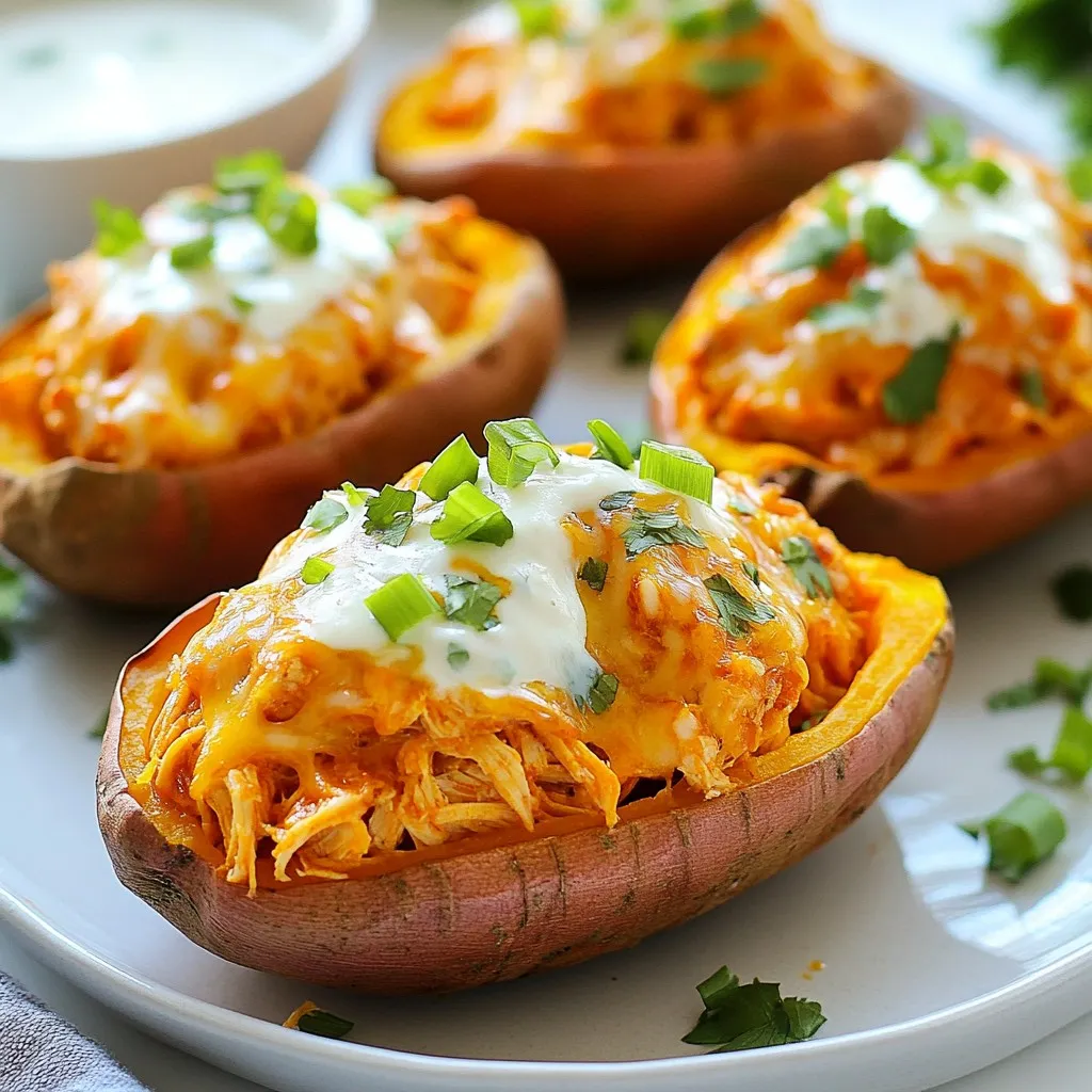 - 4 medium sweet potatoes - 2 cups cooked chicken, shredded - 1/2 cup buffalo sauce (adjust to taste) - 1/2 cup Greek yogurt - 1 cup shredded cheddar cheese - 1/4 cup green onions, sliced - 1/2 cup celery, diced - Salt and pepper to taste - Optional: fresh parsley for garnish These ingredients come together to create a wonderful dish. Sweet potatoes add natural sweetness and nutrition. They also provide a sturdy base for your filling. The chicken, mixed with buffalo sauce, gives a spicy kick. You can adjust the sauce for your preferred heat level. Greek yogurt adds creaminess and tang. It balances the flavors well. The cheese melts beautifully and adds richness. Green onions and celery provide crunch and freshness. Don't forget to use salt and pepper to enhance the taste. This mix of ingredients makes every bite enjoyable. You can even add fresh parsley for a pop of color if you like. {{ingredient_image_2}} First, set your oven to 400°F (200°C). This high heat helps cook the sweet potatoes just right. Next, rinse the sweet potatoes under cold water to wash off dirt. Make sure to dry them with a towel. Grab a fork and prick the skins several times. This lets steam escape while baking. Now, place the pricked sweet potatoes on a lined baking sheet. Give them space to breathe. Bake them for 45 minutes to 1 hour. They are ready when they feel soft and a fork can go through easily. While the sweet potatoes bake, let’s make the filling. In a medium bowl, mix 2 cups of shredded chicken with 1/2 cup of buffalo sauce. Stir until the chicken gets fully coated in the sauce. You can adjust the sauce to make it hotter or milder. This step is key for finding your perfect heat level! When the sweet potatoes cool a bit, cut each one in half lengthwise. Use a spoon to scoop out some of the flesh but don’t scoop too much! You want the skins to stay strong. Set the scooped flesh aside for later. In another bowl, mix the reserved sweet potato flesh with 1/2 cup of Greek yogurt, 1/2 cup of diced celery, and 1/4 cup of sliced green onions. Add salt and pepper to taste. Stir well until everything is blended. Now, fold the buffalo chicken into this sweet potato mixture. Combine them gently but make sure they mix well. Spoon this filling back into the sweet potato halves, packing it in nicely. Top each half with the remaining 1 cup of shredded cheddar cheese. Return your stuffed sweet potatoes to the oven. Bake them for an extra 10-15 minutes until the cheese melts and becomes bubbly. The cheese should look golden and delicious. Finally, let them cool a bit. If you like, garnish them with more green onions or some fresh parsley for a nice touch. To bake sweet potatoes just right, you need the right time and checks. Bake them for 45 minutes to 1 hour at 400°F (200°C). Check if they are soft by poking them with a fork. If the fork goes in easily, they are ready. Here are some pro tips to boost flavor: - Prick the sweet potatoes well with a fork. This lets steam escape and helps cook evenly. - Line your baking sheet with parchment paper. It makes cleanup easy and keeps the potatoes from sticking. You can make the filling even better with some easy changes. Try adding: - A splash of ranch dressing for a creamy twist. - Diced jalapeños for extra heat. - Chopped bell peppers for crunch. To balance the heat from the buffalo sauce, mix in some Greek yogurt. It adds creaminess and cools the spice. Adjust the buffalo sauce to your taste. You can use less if you like it mild. Pro Tips Adjust the Heat: If you prefer a milder flavor, start with less buffalo sauce and gradually add more to reach your desired spiciness. Perfectly Cooked Sweet Potatoes: To check if the sweet potatoes are done, insert a fork; it should easily penetrate the flesh without resistance. Cheese Variations: Experiment with different types of cheese such as pepper jack for an extra kick or mozzarella for a milder melt. Make Ahead: You can prepare the filling in advance and store it in the refrigerator for up to 2 days, making assembly quick and easy. {{image_4}} You can change the protein in Buffalo Chicken Stuffed Sweet Potatoes easily. If you want a lighter dish, use turkey instead of chicken. Ground turkey works well with the buffalo sauce. It gives a nice flavor and keeps the dish healthy. For a plant-based option, try tofu. You can crumble firm tofu and sauté it with buffalo sauce. This gives a great taste without meat. Another delicious idea is to use black beans. They add protein and fiber, making the dish filling and tasty. Just mash or mix them into the sweet potato filling. When it comes to cheese, you have choices. Cheddar cheese is classic, but you can use mozzarella or pepper jack for a twist. Each one brings a unique flavor. If you want a creamier texture, consider cream cheese. It melts well and makes each bite smooth. For those who avoid dairy, there are many dairy-free cheese options. Look for brands that melt well, like almond or cashew cheese. These options let everyone enjoy the dish while keeping it creamy and cheesy. To store your Buffalo Chicken Stuffed Sweet Potatoes, let them cool first. Place them in an airtight container. You can store them in the fridge for up to three days. For longer storage, freeze the stuffed potatoes. Wrap each one tightly in plastic wrap, then place them in a freezer-safe bag. They can last in the freezer for up to three months. When you're ready to enjoy your leftovers, you have a few options. For the best results, reheat them in the oven. Preheat the oven to 350°F (175°C). Place the stuffed sweet potatoes on a baking sheet and cover them with foil. Bake for about 20 minutes or until heated through. You can also microwave them for a quick option. Place a stuffed sweet potato on a microwave-safe plate. Heat on medium for about 2-3 minutes, checking that it's hot all the way through. If using the microwave, the texture may not be as nice as when baked. Always let them sit for a minute before eating to avoid burns. Yes, you can prepare these stuffed sweet potatoes in advance. To do this, follow these steps: - Bake the sweet potatoes and let them cool. - Prepare the buffalo chicken filling. - Stuff the sweet potatoes and cover them tightly with plastic wrap. - Store them in the fridge for up to 2 days. When you're ready to eat, just bake them again until warm. This method saves time and keeps the dish fresh. While buffalo sauce shines in this recipe, you can try other sauces too. Here are some great alternatives: - BBQ sauce for a sweeter flavor. - Ranch dressing for a creamy touch. - Sriracha sauce for a spicy kick. Feel free to mix and match based on your taste. Each sauce brings its own unique twist to the dish. Adjusting the spice level is easy. For a spicier dish, add more buffalo sauce. If you want it milder, try these tips: - Use less buffalo sauce and add more Greek yogurt. - Mix in some cream cheese for a smooth texture. - Add a pinch of sugar to balance the heat. These changes let you enjoy your stuffed sweet potatoes just the way you like! You can make Buffalo Chicken Stuffed Sweet Potatoes easily at home. We covered all you need: ingredients, step-by-step instructions, and tips for the best flavor. Try out different proteins and cheese options for fun twists. Store leftovers for later and enjoy them reheated with the same great taste. With simple changes, you can customize this dish for your taste. It’s a fun and tasty way to enjoy sweet potatoes while adding protein and veggies. Make it your own and enjoy!