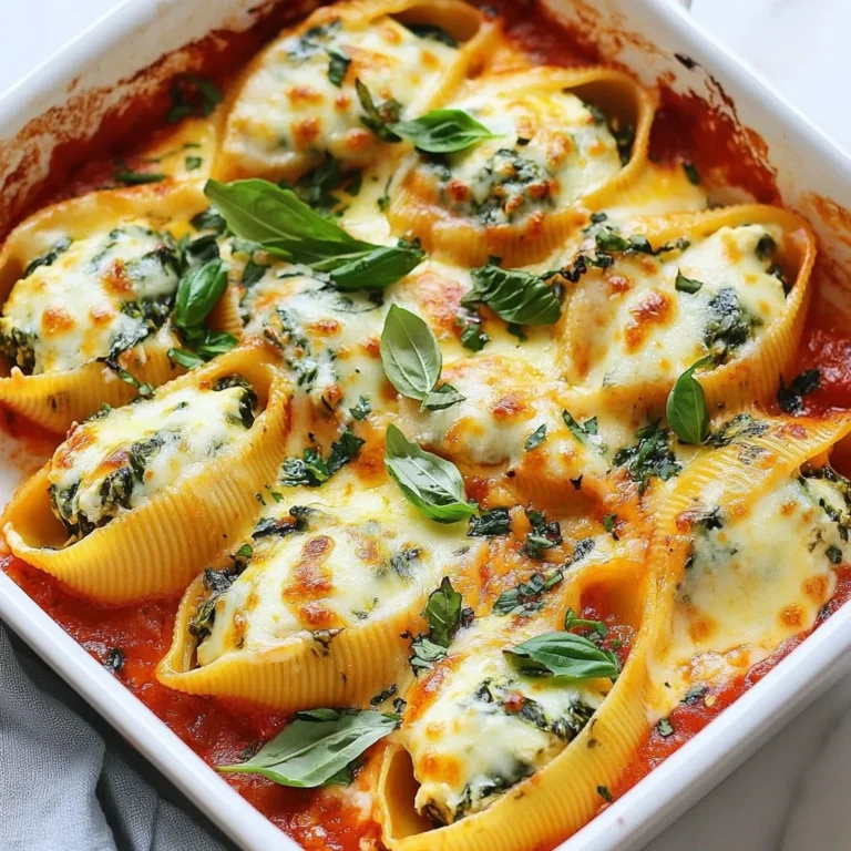 - 20 jumbo pasta shells - 2 cups fresh spinach, chopped - 1 cup ricotta cheese - 1 ½ cups shredded mozzarella cheese, divided (1 cup for filling, ½ cup for topping) - ¼ cup grated Parmesan cheese - 1 large egg, lightly beaten - 2 cloves garlic, minced - 1 teaspoon Italian seasoning - Salt and freshly cracked black pepper to taste - 2 cups marinara sauce (store-bought or homemade) - Fresh basil leaves for garnish (optional) For this recipe, you need jumbo pasta shells. They hold the filling well and look great on the plate. Fresh spinach adds a nice color and taste. I love using ricotta cheese for its creamy texture. Shredded mozzarella is key for the cheesy topping. Parmesan gives a salty kick that enhances the flavors. You also need an egg for binding. Garlic adds a nice aroma. Italian seasoning brings warmth to the dish. Salt and pepper are essential for taste. Lastly, marinara sauce ties everything together with its rich flavor. If you want, fresh basil makes a lovely garnish. {{ingredient_image_2}} - Cooking the jumbo shells: Start by boiling water in a large pot. Add a pinch of salt for flavor. Once boiling, add the 20 jumbo pasta shells. Cook them until they are al dente, usually around 10-12 minutes. - Draining and cooling the shells: After cooking, drain the shells in a colander. Rinse them gently under cold water. This helps stop the cooking process. Set them aside to cool while you prepare the filling. - Heating the skillet and adding garlic: In a large skillet, heat a drizzle of olive oil over medium heat. Add 2 cloves of minced garlic. Sauté for about 1 minute until fragrant. - Cooking the spinach: Now, add the 2 cups of chopped fresh spinach to the skillet. Cook it for 2-3 minutes until it wilts. Remove the skillet from the heat and let it cool slightly. - Combining cheese and seasoning: In a mixing bowl, combine 1 cup of ricotta cheese, 1 cup of shredded mozzarella cheese, and ¼ cup of grated Parmesan cheese. Add 1 lightly beaten egg, 1 teaspoon of Italian seasoning, and a pinch of salt and pepper. Stir this mixture until smooth. - Folding in sautéed spinach: Gently fold the cooked spinach into the cheese mixture. Make sure it’s well combined for even flavor. - Spreading marinara sauce in the baking dish: Grab a 9x13 inch baking dish and spread 1 cup of marinara sauce evenly on the bottom. This will add flavor and moisture. - Stuffing the shells and adding sauce: Take each cooked shell and stuff it with about 2 tablespoons of the spinach and ricotta filling. Place them in the dish with the open side facing up. After stuffing, pour the remaining marinara sauce over the shells. - Covering with foil: To keep the shells moist, cover the baking dish with aluminum foil. - Baking and removing foil for browning: Bake in a preheated oven at 375°F for 20 minutes. After that, remove the foil and bake for another 10-15 minutes until the cheese is bubbly and golden brown. This method ensures the shells cook evenly and absorb all the delicious flavors. Enjoy! To make your filling shine, start by adjusting the seasonings. Taste your mixture as you go. Add more salt and pepper if needed. You want it to be flavorful. For the right consistency, ensure the ricotta is creamy but not runny. You can mix in a little extra mozzarella for creaminess. This will help the filling stay put in the shells. Garnishing can elevate your dish. Use fresh basil leaves for a pop of color and flavor. A light drizzle of olive oil also adds richness. For serving, consider pairing your stuffed shells with a simple green salad. Garlic bread is another great side. Both make a complete meal that pleases everyone. Watch out for overcooking the shells. They should be al dente, which means slightly firm. If they are too soft, they may break when you stuff them. Also, don’t forget to season your filling well. Under-seasoning can make the dish bland. Taste your filling before stuffing the shells to make sure it’s just right. Pro Tips Perfect Pasta: Ensure you cook the pasta shells al dente to prevent them from becoming mushy during baking. Cheese Choices: For a creamier filling, try adding a bit of cream cheese or mascarpone to the ricotta mixture. Herb Infusion: Fresh herbs like basil or parsley can elevate the flavor profile of the cheese filling, adding freshness. Make Ahead: These stuffed shells can be assembled a day in advance; just cover and refrigerate before baking. {{image_4}} You can change the cheeses in this dish for a new twist. Try cottage cheese instead of ricotta for a lighter filling. Feta cheese adds a tangy flavor that pairs well with spinach. If you want non-dairy options, use cashew cheese or tofu. These swaps can keep the recipe tasty while fitting your needs. Adding herbs can boost flavor in your stuffed shells. Oregano and thyme are great choices. They add depth and a fresh taste. You can also mix in proteins like cooked chicken or sausage. This makes the dish heartier and adds protein for a full meal. If you need gluten-free options, choose gluten-free pasta shells. They work just as well and taste great. For vegan adaptations, use a plant-based ricotta or tofu blend. Skip the egg and use a flaxseed mixture to bind the filling. These choices keep your stuffed shells delicious and suitable for different diets. To keep your Spinach Ricotta Stuffed Shells fresh, store them properly. - Refrigeration tips: Place any leftover stuffed shells in an airtight container. They will stay good in the fridge for about 3-5 days. Make sure to cover the container well to avoid drying out. - Freezing instructions: If you want to store them longer, freezing is a great option. Wrap the shells tightly in plastic wrap and then place them in a freezer-safe bag. They can last for up to 3 months. Just label with the date for easy tracking. When reheating, you want to keep that great taste and texture. - Best practices for maintaining texture: The oven works best for reheating stuffed shells. Preheat your oven to 350°F (175°C). Cover the dish with foil to keep moisture in. Bake for about 20 minutes or until hot all the way through. - Microwave versus oven reheating: If you’re short on time, you can use the microwave. Place a shell on a microwave-safe plate and cover it with a damp paper towel. Heat for 1-2 minutes. However, the oven gives a crispier texture, making it the best choice. You can serve these shells with a simple green salad. A light Caesar salad works well. Garlic bread is another tasty option. You can also pair it with roasted vegetables for added flavor and nutrition. Yes, you can prepare the stuffed shells a day early. Just follow the steps until you bake them. Cover the dish tightly and store it in the fridge. When ready to serve, bake as directed, adding a few extra minutes if cold. To add spice, you can mix in red pepper flakes. Add it to the cheese filling for warmth. Another option is to use a spicy marinara sauce. You could also add jalapeños for a fresh kick. Yes, frozen spinach works great. Just thaw and drain it well first. This helps avoid extra moisture in the filling. Make sure to chop it finely to mix well with the cheeses. Leftovers last about 3 to 5 days in the fridge. Store them in an airtight container. For best results, reheat them in the oven for crispy edges. Enjoy your delicious meal again! This dish is easy and fun to make. You learned about the key ingredients and steps. We covered tips for the perfect flavor and common mistakes to avoid. Also, I shared ways to customize your shells to fit your taste. Whether you enjoy it fresh or plan for later, this recipe fits all. So grab your ingredients, and let’s get cooking! Your taste buds will thank you for this delicious treat.