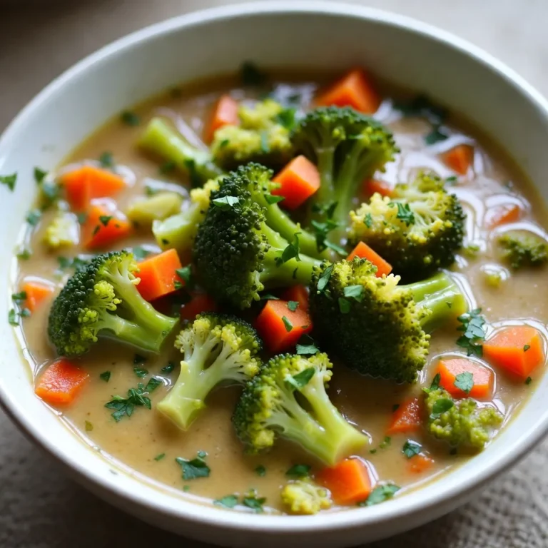 - 4 cups fresh broccoli florets - 1 medium onion, finely chopped - 2 cloves garlic, minced - 2 medium carrots, diced - 1/4 cup unsalted butter - 2 cups whole milk - 2 cups sharp cheddar cheese, shredded - 4 cups low-sodium vegetable broth - 1 teaspoon Dijon mustard - Sea salt and black pepper, to taste - 1/2 teaspoon smoked paprika (optional) - Fresh parsley, chopped (for garnish) To make this soup shine, use fresh vegetables. Broccoli and carrots add color and crunch. Finely chop the onion for a sweet base. Garlic gives the soup a warm flavor. For the creamy part, I use whole milk and sharp cheddar cheese. These lend a rich taste and smooth texture. Low-sodium vegetable broth keeps it light yet flavorful. Don’t forget the seasonings! A touch of Dijon mustard adds zing. Salt and pepper bring out the natural flavors. Smoked paprika adds a lovely hint of smokiness, but it's optional. Lastly, fresh parsley on top makes the dish pop. Gather these ingredients, and you’re ready to create a bowl of delight! {{ingredient_image_2}} Start by melting the unsalted butter in a large saucepan over medium heat. Once it’s melted, add the finely chopped onion and minced garlic. Sauté them until the onion is soft and clear, which takes about 4-5 minutes. Stir often to avoid burning. Next, add the diced carrots and broccoli florets to the pot. Stir them in and let the mix cook for about 5 more minutes. This time helps the veggies soften and blend their flavors. Now, let’s thicken our soup! Sprinkle the all-purpose flour over the vegetable mix. Stir this constantly for about 2 minutes. This forms a roux, which gives our soup a nice creamy texture. Gradually pour in the low-sodium vegetable broth while whisking. This step is key to avoiding lumps. Keep stirring until the mix comes to a gentle boil. Once boiling, reduce the heat to a simmer. Slowly stir in the whole milk and let it cook for 10-15 minutes. Stir occasionally. This time allows the soup to thicken to the right consistency. After that, add the shredded sharp cheddar cheese. Stir until it melts completely and becomes smooth. Mix in the Dijon mustard, sea salt, black pepper, and smoked paprika for extra flavor. When the soup is ready, take it off the heat. For a creamier texture, let the soup cool a bit. Then, use an immersion blender to puree it to your liking. If you don’t have one, you can blend it in batches with a countertop blender. Serve the soup hot. For a nice touch, garnish it with fresh chopped parsley. This adds color and freshness. Pair it with crusty bread or a light salad for a complete meal. Enjoy your homemade copycat Panera broccoli cheddar soup! Using fresh ingredients makes a big difference in taste. Fresh broccoli, onions, and carrots add bright notes to your soup. Always check for firmness and vibrant colors when choosing your veggies. Balancing seasoning is key. Start with a little salt and pepper, then adjust to your liking. A hint of Dijon mustard adds depth, while smoked paprika gives a warm kick. Taste as you cook for the best flavor. For a creamier soup, blend it after cooking. An immersion blender works well for this. If you want a thicker soup, add a bit more flour when making your roux. Stir for a couple of minutes to ensure even mixing. If your soup is too thick, use extra vegetable broth or milk to reach your desired consistency. Preparation saves time when cooking. Chop your vegetables ahead of time and store them in the fridge. This way, you can just toss them in the pot when you’re ready. Using pre-cut vegetables is another smart choice. Many grocery stores offer fresh, prepped veggies that cut down on prep time. This makes your cooking process quicker and easier. Pro Tips Freshness is Key: Always use fresh broccoli for the best flavor and texture. Frozen broccoli can work in a pinch, but fresh will give you a vibrant taste and color. Cheese Choice Matters: Opt for a good quality sharp cheddar cheese. The sharper the cheese, the more flavor it will bring to your soup. Thicken Wisely: If you prefer a thicker soup, allow it to simmer longer after adding the milk. You can also add more flour when making the roux if you desire a creamier texture. Garnish for Flavor: Don't skip the parsley garnish! It adds a fresh, herby flavor that enhances the overall taste of the soup. {{image_4}} You can change the cheese to create new flavors. Gouda adds a nice, smoky taste. Monterey jack melts well and offers a creamy feel. If you want a plant-based option, try vegan cheese. It melts differently, so choose wisely to get the best texture. Adding more veggies can brighten your soup. Cauliflower blends well and adds creaminess. Spinach gives a fresh taste and vibrant color. You can also add herbs like thyme or dill for extra flavor. These herbs enhance the soup and make it more aromatic. If you're gluten-free, swap all-purpose flour for rice flour or cornstarch. Both thicken the soup without gluten. For a dairy-free version, use almond or oat milk. Nutritional yeast can replace cheese for a cheesy flavor without dairy. These swaps keep your soup tasty and friendly for different diets. To keep your Copycat Panera Broccoli Cheddar Soup fresh, store it in the fridge. Use an airtight container to prevent spills and keep out air. Make sure it cools down before sealing it tight. This soup can last about 3 to 4 days in the fridge. If you want to store it longer, freezing is a great option. Pour the cooled soup into freezer-safe containers. Leave some space at the top since it will expand. You can freeze the soup for up to 3 months. When you’re ready to eat it, just thaw in the fridge overnight. When it’s time to enjoy your soup again, use the stovetop or microwave. For the stovetop, heat it over medium-low. Stir it often to help it warm evenly. If you use a microwave, heat it in short bursts. Stir in between to make sure it warms up well. Be careful not to boil the soup when reheating. Boiling can cause the cream to separate. To avoid curdling, heat slowly and add a splash of milk if needed. This helps keep the texture creamy. Your soup should last about 3 to 4 days in the fridge. If you freeze it, it can stay good for 3 months. Always check for signs of spoilage before eating. If the soup smells sour or has an odd color, it's best to toss it. Enjoy your delicious soup safely! Yes, you can easily make this soup vegan. Here are some suggested substitutions: - Use vegan butter instead of unsalted butter. - Replace whole milk with almond milk or coconut milk. - Use vegan cheese instead of sharp cheddar. - Make sure the vegetable broth is vegan-friendly. These swaps will give you a creamy, delicious soup that everyone can enjoy. If your soup is too thin, there are a few ways to thicken it: - Add more flour to create a thicker roux. - Use cornstarch mixed with cold water, then stir it in. - Blend some of the soup with an immersion blender, then mix it back in. - Let the soup simmer longer to reduce the liquid. These methods will help you get the perfect consistency. Yes, this recipe is very kid-friendly! Here are some tips to make it more appealing: - Cut the broccoli into smaller pieces for easier eating. - Add fun-shaped pasta to make it more exciting. - Let kids sprinkle cheese on top for extra fun. - Serve it with a slice of bread for dipping. These ideas can help make your soup a hit with kids. This blog post guides you through making a delicious soup. We covered fresh vegetables, dairy, broths, and seasonings. Preparing, blending, and serving your soup is simple with the tips provided. Explore variations for extra flavor and dietary needs. Proper storage will keep your soup fresh. With the facts and tips shared, you can enjoy a tasty meal. Enjoy experimenting with your favorite ingredients and flavors! Your journey to a delightful soup starts here.