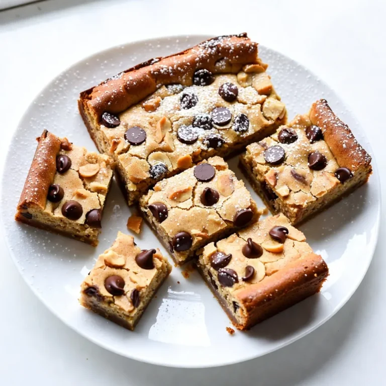 When making Peanut Butter Chocolate Chip Blondies, the ingredients play a key role. Each one adds a layer of flavor and texture that makes these treats special. Here is what you need: - 1 cup creamy peanut butter - 3/4 cup packed brown sugar - 1/2 cup granulated sugar - 2 large eggs - 1 teaspoon vanilla extract - 1 cup all-purpose flour - 1/2 teaspoon baking powder - 1/4 teaspoon salt - 1 cup semi-sweet chocolate chips - 1/2 cup chopped nuts (optional, such as walnuts or pecans) The creamy peanut butter gives the blondies their rich flavor. Brown sugar adds moisture and sweetness. Granulated sugar brings a nice balance. Eggs help bind everything together. Vanilla extract adds warmth, while flour gives structure. Baking powder ensures they rise just right. A sprinkle of salt enhances all the flavors. Chocolate chips add a sweet surprise, and nuts, if you choose them, add crunch. These ingredients are easy to find. Most likely, you already have some in your kitchen. If you want to change things up, you can swap in fun mix-ins or use different nut butters. The key is to enjoy the process and get ready for a delicious treat! {{ingredient_image_2}} 1. Preheat the oven to 350°F (175°C). This warms the oven for even baking. 2. Prepare the baking pan. Grease a 9x9 inch pan or line it with parchment paper. 3. Blend wet ingredients. In a large bowl, mix 1 cup of creamy peanut butter, 3/4 cup of packed brown sugar, and 1/2 cup of granulated sugar. Use a hand mixer or spatula until smooth. 4. Mix dry ingredients. In another bowl, whisk together 1 cup of all-purpose flour, 1/2 teaspoon of baking powder, and 1/4 teaspoon of salt. 1. Fold dry ingredients into wet mixture. Gently combine until just mixed. Be careful not to over-mix; this keeps the blondies chewy. 2. Incorporate chocolate chips and nuts. Add 1 cup of semi-sweet chocolate chips and 1/2 cup of chopped nuts (if using), folding them in evenly. 1. Transfer batter to the pan. Spread it out evenly with a spatula. 2. Bake the blondies. Place the pan in the oven for 25-30 minutes. The edges should turn golden brown. Check doneness with a toothpick; it should come out with a few moist crumbs. 3. Cool before cutting. Let the blondies cool in the pan for about 10 minutes. Then, move them to a wire rack to cool completely before cutting into squares. To ensure a chewy texture in your blondies, mix your batter just until combined. Over-mixing can lead to a dry result. When you fold in the flour, do it gently. This keeps the blondies moist and chewy. To check for doneness, look for golden edges. Insert a toothpick in the center. It should come out mostly clean, with a few moist crumbs. If it’s too wet, give it a few more minutes. The best way to enjoy blondies is warm. Serve them at room temperature, too. You can dust them with powdered sugar for a nice touch. A scoop of vanilla ice cream on the side pairs perfectly. It adds creaminess to each bite. One common mistake is over-mixing the batter. This can ruin the texture. Mix just until you see no dry flour. Another mistake is not using parchment paper. It helps lift the blondies from the pan easily. Greasing the pan is helpful, but lining it ensures a perfect release. Pro Tips Perfect Texture: Ensure not to over-mix the batter after adding the dry ingredients. This helps keep the blondies chewy and tender. Cooling Time: Allow the blondies to cool completely on a wire rack for the best texture. This prevents them from becoming too dense or gooey. Mixing Tips: Use a hand mixer for the batter for a smooth consistency. Be sure to scrape down the sides of the bowl to incorporate all ingredients evenly. Serving Suggestions: Pair these blondies with a scoop of vanilla ice cream or a drizzle of chocolate sauce for an indulgent dessert experience. {{image_4}} You can change the flavor of your blondies by swapping peanut butter types. Chunky peanut butter adds a nice crunch. Creamy peanut butter gives a smooth texture. Both are tasty options. You can also add different mix-ins. Butterscotch chips bring a sweet twist. You can try white chocolate chips or even dried fruit. These changes will keep your blondies exciting. If you want a gluten-free option, use almond flour instead of all-purpose flour. This keeps the blondies soft while making them gluten-free. For a vegan version, you can replace eggs with flaxseed meal or applesauce. Use coconut oil instead of butter. These swaps let everyone enjoy this treat. Seasonal add-ins can make your blondies unique. In the fall, try adding spices like cinnamon or nutmeg. These spices will give your blondies a warm flavor. You can also incorporate fruits. Chopped apples or mashed bananas can add moisture and taste. These fruits can make your blondies perfect for any season. To keep your peanut butter chocolate chip blondies fresh, store them in an airtight container. This helps keep the moisture in and prevents them from drying out. You can use a glass or plastic container with a tight lid. Line the bottom with parchment paper for extra care. If you have a lot of blondies, stack them with parchment paper in between to avoid sticking. If you want to save some for later, freezing is a great option. First, let your blondies cool completely. Then, cut them into squares. Wrap each square in plastic wrap or aluminum foil. Place the wrapped blondies in a freezer-safe bag or container. They can last up to three months in the freezer. To thaw, just take one out and leave it at room temperature for about 30 minutes. For the best texture, you can warm them in the microwave for a few seconds. At room temperature, your blondies will stay fresh for about 3 to 4 days. If you keep them in the fridge, they can last up to a week. Storing them in the fridge can make them a bit firmer but will keep them safe longer. Always check for any signs of spoilage before enjoying your treats! To check if your blondies are done, look for a few signs. The edges should turn a golden brown. The center should look set but still soft. A toothpick inserted into the middle should come out mostly clean. You may see a few moist crumbs on it. If it comes out wet with batter, they need more time. Bake for 25-30 minutes, keeping a close eye on them as they finish cooking. Yes, you can substitute some ingredients for allergies or personal taste. If you need a nut-free option, try sun butter instead of peanut butter. You can use brown sugar alone if you want to skip white sugar. If you cannot use eggs, try a flax egg. Mix one tablespoon of ground flaxseed with three tablespoons of water, and let it sit for five minutes. This can help bind your blondies well. Blondies pair well with many treats. A scoop of vanilla ice cream on the side is a classic choice. You can also drizzle some chocolate or caramel sauce over the top. Fresh berries add a nice touch, too. If you want something crunchy, sprinkle on some chopped nuts. Serve them warm or at room temperature for the best experience. Blondies are fun to make and great to eat. You learned the key ingredients for a tasty batch, plus easy steps to bake them. I shared tips for perfect texture and lots of ways to change flavors. Remember, avoid over-mixing and always use parchment paper. Proper storage will keep your blondies fresh. With these insights, you can create the best blondies for any occasion. Enjoy your baking adventure!