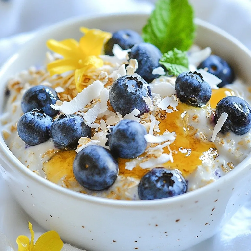 - 1 cup rolled oats - 1 cup coconut milk - 1/2 cup Greek yogurt - 1/2 cup fresh blueberries - 2 tablespoons shredded coconut - 1 tablespoon honey or maple syrup - 1 tablespoon chia seeds - A pinch of salt - Fresh mint leaves - Use mason jars or airtight containers - Serve in bowls for a nice look The main ingredients in this recipe are simple yet flavorful. Rolled oats give a hearty base. Coconut milk adds creaminess and a tropical taste. Greek yogurt boosts protein and makes the oats creamy. Fresh blueberries bring a burst of sweetness and color. You can add optional ingredients to take it up a notch. Shredded coconut adds texture and more coconut flavor. Honey or maple syrup sweetens the dish. Chia seeds help make the oats thicker and add nutrition. A pinch of salt enhances all the flavors. Fresh mint leaves can give your dish a pop of color and freshness. For serving, I like to use mason jars. They look cute and keep the oats fresh. If you want a more elegant look, transfer the oats to bowls. You can top them with extra blueberries and shredded coconut for a pretty finish. Enjoy this easy and tasty breakfast! {{ingredient_image_2}} To start, grab a medium bowl. Combine these ingredients: - 1 cup rolled oats - 1 cup coconut milk - 1/2 cup Greek yogurt - 1 tablespoon chia seeds - A pinch of salt Mix them well until everything blends smoothly. Next, gently fold in: - 1/2 cup fresh blueberries - 2 tablespoons shredded coconut Be careful not to crush the blueberries. Their shape adds beauty and flavor. If you want a touch of sweetness, drizzle in: - 1 tablespoon honey or maple syrup Stir the mixture again to make sure the sweetener is mixed in evenly. Now, divide the creamy mixture into two jars. Seal the jars tightly to keep them fresh. Place them in the fridge overnight. This allows the oats and chia seeds to absorb the coconut milk. They will soften nicely. When you wake up, your delicious Blueberry Coconut Overnight Oats are ready to enjoy! To get the best texture, adjust the liquid based on your taste. If you want creamier oats, add more coconut milk. If you prefer them thicker, use less. Letting the oats sit overnight is crucial. This helps them absorb the milk and soften, making them delightful to eat. You can change the yogurt flavor to add new tastes. Coconut-flavored yogurt gives a tropical feel. Try vanilla yogurt for a sweeter touch. Adding toppings makes it fun! Use nuts, seeds, or even a sprinkle of cinnamon. Fresh fruits like bananas or strawberries can also boost flavor. For a rustic look, serve the oats in jars. They look cute and are easy to grab. If you want a fancier touch, pour them into bowls. This makes for a nice presentation at breakfast or brunch. Choose what fits your mood and style! Pro Tips Choose Your Milk: Select coconut milk from a can for a creamier texture or from a carton for a lighter version, depending on your preference. Sweetness Control: Adjust the sweetness by adding honey or maple syrup to taste; you can always start with less and add more if needed. Perfect Texture: If the oats are too thick after refrigeration, mix in a little extra coconut milk to achieve your desired consistency. Garnish for Presentation: Top your oats with additional blueberries, shredded coconut, and fresh mint leaves just before serving for an attractive touch. {{image_4}} You can add a tropical twist to your blueberry coconut overnight oats. Try mixing in mango or pineapple. These fruits bring a bright flavor and vibrant color. You can also add nuts or seeds for a crunchy texture. Almonds, walnuts, or sunflower seeds work well. This extra crunch makes each bite more fun. If you want a dairy-free version, use plant-based yogurts. Coconut or almond yogurt gives a nice taste. For gluten-free options, choose certified gluten-free oats. These choices help everyone enjoy this breakfast, no matter their diet. You can tweak the sweetness to fit your taste. If you prefer less sugar, reduce or skip the honey or maple syrup. If you want it sweeter, add more. Just remember to mix well to blend it in. This way, you create a breakfast that feels right for you. To keep your Blueberry Coconut Overnight Oats fresh, store them in airtight containers. I like using mason jars for a fun look. Seal them tightly to prevent air from spoiling the oats. They will stay good in the fridge for up to 5 days. If you make a batch on Sunday, you can enjoy them all week. You can freeze overnight oats if you want to prepare them ahead. Portion them into freezer-safe containers. Leave a little space at the top, as the oats will expand. When you are ready to eat, transfer a jar to the fridge to thaw overnight. For a quick fix, you can also microwave them for 1-2 minutes. Just add a splash of coconut milk to keep them creamy. Check your overnight oats before eating. Look for any strange smells or colors. If they smell sour or have dark spots, it’s best to throw them away. If they look and smell fine, give them a taste. If they feel slimy or mushy, don’t eat them. Fresh oats should be creamy and delicious. Blueberry coconut overnight oats can last up to five days in the fridge. Store them in airtight containers to keep them fresh. Each day, the flavors blend more, making them even tastier. Just give them a good stir before enjoying. Yes, you can use other types of milk. Almond, soy, or oat milk all work well. Choose whichever fits your taste and diet best. Each milk gives a unique flavor to the oats. The best way is to use rolled oats. They soak up the liquid well and create a creamy texture. Avoid instant oats as they can turn mushy. Mix the oats with coconut milk and yogurt for the best result. Absolutely! To make this recipe vegan, skip the Greek yogurt. Use a plant-based yogurt instead. Also, replace honey with maple syrup for sweetness. This way, you keep the creamy texture while staying vegan. In this article, we explored making Blueberry Coconut Overnight Oats. We discussed key ingredients like oats, coconut milk, and Greek yogurt. I shared step-by-step instructions for preparation and storage tips. You can even try different flavors and sweeteners. My main thought is that this recipe is flexible and easy. You can adjust it to fit your taste. I hope you enjoy your overnight oats!
