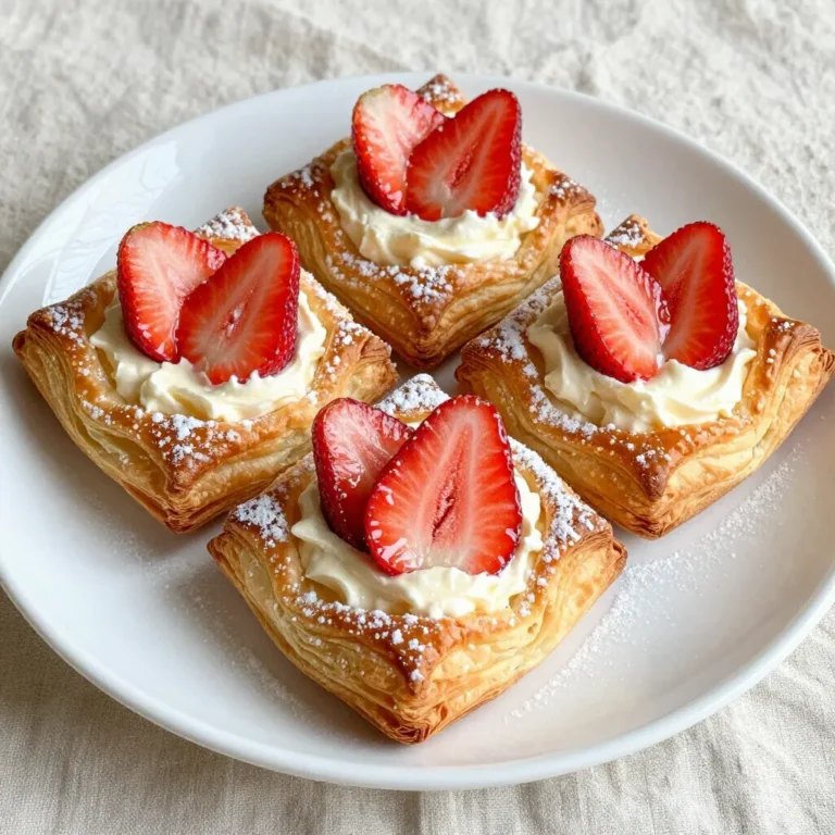 - 1 sheet of puff pastry, fully thawed - 8 oz cream cheese, softened to room temperature - 1/4 cup powdered sugar, plus extra for dusting - 1/2 teaspoon pure vanilla extract - 1 cup fresh strawberries, hulled and sliced thin The main ingredients create the heart of the Strawberry Cream Cheese Danish. The puff pastry forms the flaky base. It puffs up beautifully when baked. Cream cheese gives a rich, creamy center. Adding powdered sugar sweetens the filling just right. The vanilla extract enhances the cream cheese flavor. Fresh strawberries bring a burst of color and taste. - Powdered sugar for dusting - Fresh lemon juice You can use optional ingredients to elevate your dish. Dusting with powdered sugar adds a sweet touch. Fresh lemon juice brightens the strawberry flavor. It can make each bite even fresher. You can adjust the sweetness with powdered sugar based on your taste. - 1 egg, beaten (for the egg wash) An egg wash is an optional step. It gives your danish a golden finish. Just brush the top of the pastries with the beaten egg before baking. This small step makes a big difference in looks. It creates an appetizing shine and color. {{ingredient_image_2}} First, preheat your oven to 400°F (200°C). This step is key for a crisp finish. While the oven heats, line a baking sheet with parchment paper. This helps with easy cleanup later. Next, take your thawed puff pastry. On a lightly floured surface, roll it out gently until smooth. Use a sharp knife or a pizza cutter to cut the pastry into four equal squares. Now, let's make the cream cheese filling. In a medium bowl, combine 8 oz of softened cream cheese, 1/4 cup of powdered sugar, and 1/2 teaspoon of pure vanilla extract. Mix them well using a hand mixer or whisk until the mixture is creamy and smooth. In another bowl, toss 1 cup of sliced strawberries with 1 tablespoon of fresh lemon juice. If you like, add a bit of powdered sugar for extra sweetness. This step keeps the strawberries fresh and bright. Take each puff pastry square and place about a tablespoon of the cream cheese filling in the center. Layer a few strawberry slices on top of the cream cheese. Now, fold each corner of the pastry towards the center, creating a diamond shape. Pinch the corners to seal them tight. Brush the tops of the pastries with a beaten egg for a golden finish. Place the danishes in the oven and bake for 15-20 minutes. Keep an eye on them so they don’t over-brown. Once baked, let them cool slightly on a wire rack. Dust with extra powdered sugar for a nice touch before serving. To make the best puff pastry, start by thawing it slowly in the fridge. This keeps it cold and easy to handle. When you're ready to roll, sprinkle flour on your surface to prevent sticking. Use a rolling pin to gently roll the pastry. Aim for a smooth, even layer. Cut it into four squares with a sharp knife or pizza cutter. This helps keep the edges neat. To make a smooth cream cheese filling, ensure the cream cheese is at room temperature. Cold cream cheese can create lumps. In a bowl, mix softened cream cheese with powdered sugar and vanilla. Use a hand mixer or a whisk to blend until creamy. This will ensure you have a velvety texture for your filling. Presentation can make your danishes stand out. After baking, let them cool slightly on a wire rack. Dust them with powdered sugar for a sweet finish. For an extra touch, serve the danishes on a pretty platter. Add fresh mint leaves and sliced strawberries to enhance the look. This adds color and freshness to your dessert table. Pro Tips Keep Pastry Cold: Make sure your puff pastry is chilled before rolling out. This helps achieve a flakier texture when baked. Maximize Creaminess: For an even creamier filling, consider adding a tablespoon of sour cream to the cream cheese mixture. Fresh Strawberries: Use ripe strawberries for the best flavor. If they are not in season, you can substitute with frozen ones, but thaw and drain them first. Egg Wash Alternatives: If you prefer a vegan option, brush the pastries with a mixture of almond milk and maple syrup for a glossy finish. {{image_4}} You can change up the fruit in your danish. Blueberries, raspberries, or peaches work great. Each fruit brings its own taste. For blueberries, use a similar amount as strawberries. Raspberries add a nice tartness. Peaches give a sweet and juicy bite. Mix and match to find your favorite! Adding almond extract can boost flavor. Just a drop or two makes a big difference. You can also try spices like cinnamon or nutmeg. These spices add warmth and depth. Experiment with flavors to create your unique twist on this classic treat. If you want to switch up the crust, try phyllo dough. It gives a flaky and crisp texture. You can also use biscuit dough for a thicker, biscuit-like base. Both options are easy to find. Each choice changes the taste and feel of your danish. To keep your danishes fresh, store them in an airtight container. This prevents moisture loss and keeps them tasty. You can store them in the fridge for up to 3 days. If you want to keep them longer, freezing is a great option. To reheat your danishes, use the oven for the best results. Preheat your oven to 350°F (175°C). Place the danishes on a baking sheet and warm them for about 5-8 minutes. This restores their crispiness. You can also use a microwave, but this may make the pastry softer. To freeze your danishes, wait for them to cool completely. Wrap each one tightly in plastic wrap. Place them in a freezer bag and remove as much air as possible. They can be frozen for up to 2 months. When ready to eat, thaw in the fridge overnight and reheat as needed. Enjoy your treats anytime! To make a Strawberry Cream Cheese Danish, you start with puff pastry. First, you preheat your oven to 400°F (200°C). Then, you roll out the puff pastry and cut it into squares. Next, mix cream cheese, powdered sugar, and vanilla in a bowl until smooth. Toss your sliced strawberries with lemon juice to enhance their flavor. Place cream cheese filling on each pastry square, add strawberries, and fold the corners. Brush with egg wash, bake for 15-20 minutes, and enjoy! Yes, you can use store-bought cream cheese for this recipe. It saves time and still tastes great. However, homemade cream cheese has a fresher flavor. If you have the time, making it from scratch can add a special touch to your danish. Just remember, both options will yield delicious results! If you don’t have powdered sugar, you can use granulated sugar. Simply blend granulated sugar in a blender until it turns into a fine powder. You can also use honey or maple syrup, but adjust the amount as these are sweeter. For a low-carb option, try erythritol or another sugar substitute. This pastry lasts about 3 days in the fridge. To store, place the danishes in an airtight container. They may lose some crispness but will still taste good. If you need to keep them longer, consider freezing them. Just make sure they cool completely before freezing. You’ve learned how to make a delightful Strawberry Cream Cheese Danish, from the main ingredients to options for variations. Each step adds flavor and fun, making this pastry a joy to prepare. Remember, you can customize it with different fruits or store it for later. I hope you enjoy making this treat as much as I do. Get ready to impress friends and family with your baking skills!