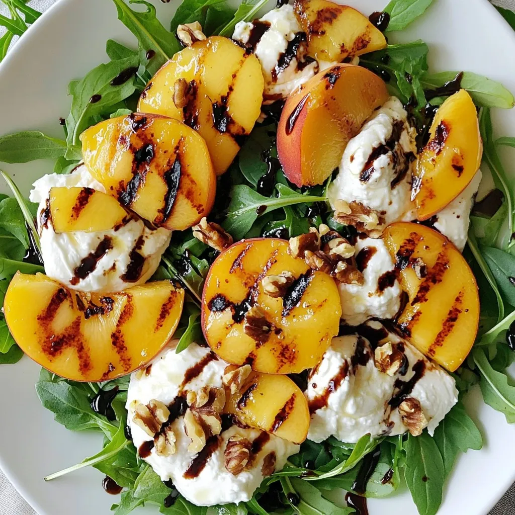 - 4 ripe peaches, halved and pitted - 8 ounces creamy burrata cheese - 4 cups fresh arugula or a mix of your favorite greens - 1/4 cup toasted walnuts, roughly chopped - 1/4 cup thick balsamic reduction - 2 tablespoons extra virgin olive oil - Salt and freshly ground black pepper, to taste - Fresh basil leaves, for garnish For the best grilled peach burrata salad, start with ripe peaches. Look for peaches that are slightly soft to the touch. They should have a sweet scent and a warm color. Avoid any that feel too hard or have bruises. Next, choose burrata cheese with a creamy texture. It should feel soft and squishy. Fresh burrata is best, as it has a rich and milky flavor. You can boost flavor with other nuts or seeds. Try adding pistachios or sunflower seeds for a nice crunch. Fresh herbs like mint or cilantro can also brighten the salad. If you want more greens, mix in spinach or kale for added texture. {{ingredient_image_2}} 1. Start by preheating your grill. Set it to medium-high heat. This ensures a great sear on the peaches. 2. While the grill heats up, prepare your salad base. Take a large bowl and add four cups of fresh arugula or your favorite greens. This will add crunch and freshness to your salad. 1. Once the grill is hot, lightly brush the cut sides of the peach halves with two tablespoons of extra virgin olive oil. This step helps the peaches not stick and adds flavor. 2. Place the peach halves cut side down on the grill. Grill them for 4-5 minutes. Look for beautiful grill marks. The peaches should be tender but not mushy. 1. After grilling, remove the peaches and let them cool for a minute. Then slice them into wedges for easier serving. 2. Arrange the grilled peach slices on top of the arugula in your bowl. This creates a colorful look. 3. Tear the burrata cheese into pieces and place it evenly over the salad. This will add a rich and creamy texture. 4. Sprinkle the toasted walnuts over the top for a nice crunch. 5. Drizzle with thick balsamic reduction for sweetness. 6. Season the salad with salt and freshly ground black pepper to taste. 7. Finish by garnishing with fresh basil leaves. This adds a lovely aroma and brightens the dish. To grill peaches well, avoid common mistakes. First, always preheat your grill. If it’s not hot, the peaches will stick. Brush the cut sides with olive oil. This makes them tasty and helps prevent sticking. Cook the peaches cut side down for 4-5 minutes. Look for nice grill marks. The peaches should be tender but not mushy. You want them to hold their shape. Seasoning is key for this salad. Use salt and freshly ground black pepper. These bring out the flavors of the peaches and burrata. For dressings, thick balsamic reduction works well. You can also try a simple olive oil and lemon juice mix. Both will enhance the dish. Presentation matters. Serve the salad on a large platter for a stunning look. Arrange the peaches and burrata artfully. Add color with fresh basil leaves. You can even use edible flowers for a pop of color. They not only look good, but they also add interesting flavors. Pro Tips Choose Perfect Peaches: Select peaches that are slightly soft to the touch and fragrant for the best flavor and texture. Grilling Technique: Ensure your grill is preheated properly to achieve those beautiful grill marks and to caramelize the sugars in the peaches. Presentation Matters: Arrange the salad in layers to showcase the vibrant colors of the ingredients for a visually stunning dish. Freshness is Key: Use fresh basil leaves just before serving to maintain their aroma and vibrant green color. {{image_4}} You can swap peaches for other fruits. Consider using pears or nectarines. These fruits grill well and add sweetness. Plums or apricots also work nicely. Each option brings its own unique flavor. For cheese, burrata is creamy and rich. If you want something different, try goat cheese. Feta is another great choice; it adds a tangy kick. These cheeses all pair well with the sweet fruit. To make this salad vegan or dairy-free, skip the cheese. Use avocado for creaminess instead. You can also add a vegan cheese made from nuts. This still gives you a tasty dish. For gluten-free options, the salad is already gluten-free. Just check your balsamic reduction. Some brands add gluten, so read the label. Use fresh ingredients to keep it safe. For a full meal, pair this salad with grilled chicken or shrimp. They add protein and flavor balance. You can also serve it with steak for a hearty option. This salad shines at lunch or dinner. Serve it as a light main course or a side. It works great for picnics or gatherings too. The colorful presentation makes it a hit! To keep your grilled peach burrata salad fresh, store the components separately. This way, the flavors stay bright. Use airtight containers for each component. Place the grilled peaches in one container. Keep the burrata in another. Store the greens, nuts, and dressing in their own containers. When ready to eat, you can easily mix everything together. Grilled peaches last in the fridge for about three days. They may soften, but the flavor stays good. Burrata cheese should be consumed within two days for the best taste and texture. Fresh greens like arugula last about three to five days when stored properly. Always check for signs of spoilage, like wilting or browning. If you need to reheat grilled peaches, do it gently. Use a microwave on low power for about 10-15 seconds. This way, they warm up without getting mushy. You can also place them in a skillet on low heat for a minute or two. Avoid high heat to keep their texture intact. To pick ripe peaches, look for these signs: - Color: Choose peaches that are a deep yellow or golden hue. - Feel: Gently press the peach. It should yield slightly but not be mushy. - Aroma: Ripe peaches smell sweet and fragrant. If they lack scent, they may not be ripe. - Shape: Look for round, plump peaches without dents or flat spots. Buying from a farmer's market can help. You can ask the grower about the best picks. Yes, you can use canned or frozen peaches. Here are the pros and cons: Pros: - Convenience: They save time, and you can use them anytime. - Availability: They are often available when fresh peaches aren’t in season. Cons: - Texture: Canned and frozen peaches may be softer than fresh ones. This can change the salad's crunch. - Flavor: They may lack the sweet, fresh taste of grilled peaches. If you use them, drain and pat them dry before grilling or adding to the salad. This salad pairs well with many sides. Consider these options: - Grilled Chicken: A light protein adds heartiness. - Crusty Bread: Fresh or toasted bread complements the salad nicely. - Quinoa: This offers a nutritious boost and a nice texture. - Charcuterie Board: Serve it with meats and cheeses for a full spread. These sides can enhance your meal while keeping it fresh and flavorful. This grilled peach burrata salad combines fresh ingredients and simple steps. Choosing ripe peaches and the right burrata is key. Grilling brings out sweet flavors while adding depth. You can add more nuts or other greens for flavor. Remember to arrange the salad nicely for a great look. In summary, this dish is versatile and easy to adapt. Enjoy the bright flavors and create your own variation. Your friends and family will love this tasty salad!