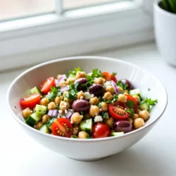 - 1 can chickpeas - Cherry tomatoes - Cucumber - Red onion - Kalamata olives - Bell pepper - Fresh parsley - Feta cheese - Extra virgin olive oil - Fresh lemon juice - Dried oregano - Salt and black pepper - Other vegetables (e.g., carrots, radishes) - Fresh herbs (e.g., mint, basil) - Calories per serving: Approximately 200 - Key vitamins and minerals: Rich in fiber, vitamin C, and healthy fats Chickpeas are the star of this salad. They add a lovely, hearty texture. Using canned chickpeas saves time. Just drain and rinse them well before use. Cherry tomatoes bring sweetness and color to your dish. They add a fresh, juicy bite. Cucumbers provide crunch. Diced cucumber makes the salad bright and refreshing. Red onions add a zesty kick. They also give the salad a nice, sharp flavor. Kalamata olives bring a briny depth. Their unique taste pairs well with the other ingredients. Bell peppers add more color and a slight sweetness. Choose any vibrant color for a beautiful mix. Fresh parsley gives the dish a burst of freshness. It also adds a lovely green touch. Feta cheese provides creaminess and a salty bite that rounds out the flavors. The dressing is simple yet packs a punch. Extra virgin olive oil adds richness. Fresh lemon juice brightens everything up. Dried oregano enhances the Mediterranean flavors. A pinch of salt and freshly ground black pepper ties it all together. Feel free to get creative! Add other vegetables like carrots or radishes for extra crunch. You can also toss in fresh herbs like mint or basil for a twist. This salad is versatile and can easily fit your taste. Nutritionally, this salad shines. Each serving gives you around 200 calories. You&rsquo;ll benefit from fiber and vitamin C. Plus, the healthy fats from olive oil and feta are great for your heart. Enjoy this vibrant salad as a meal or a side dish! {{ingredient_image_2}} To start, gather all your base ingredients. In a large bowl, add one can of drained chickpeas. Next, toss in one cup of halved cherry tomatoes. Dice one medium cucumber and add that too. Finely chop half of a red onion for a nice zing. Now, include half of a diced bell pepper and half a cup of halved Kalamata olives. Mix everything gently. This helps to blend the colors and flavors. Next, fold in a quarter cup of chopped fresh parsley. Crumble a quarter cup of feta cheese and add that for creaminess. This step makes your salad look vibrant and inviting. For the dressing, use a small bowl. Combine three tablespoons of extra virgin olive oil with two tablespoons of fresh lemon juice. Add one teaspoon of dried oregano, along with salt and black pepper to taste. Whisk these ingredients together. This process is key for emulsification, which means the oil and juice mix well. A good dressing makes every bite of your salad burst with flavor. Now, drizzle the dressing over your salad mix. Toss everything together gently. Ensure every ingredient gets coated in that delicious dressing. This step ties all the flavors together. Let the salad rest for at least 15 minutes. This time allows the flavors to meld beautifully. You can enjoy it right away, but resting enhances the taste even more. Serve your Mediterranean Chickpea Salad chilled or at room temperature for the best enjoyment. You can serve this salad chilled or at room temperature. Chilled gives a fresh taste. Room temperature allows flavors to shine. Pair it with warm pita bread for a nice touch. You can also enjoy it as a side dish at a barbecue. To store leftovers, place the salad in an airtight container. It will stay fresh in the fridge for up to three days. If you want to keep the ingredients crisp, store the dressing separately. Mix it just before serving to keep it bright and tasty. You can add protein for a heartier meal. Grilled chicken works well. For a vegetarian option, toss in more chickpeas. If you want to go vegan, skip the feta cheese or use a plant-based version. This salad is easy to adjust to your tastes. Pro Tips Fresh Ingredients: Always use the freshest produce you can find for the best flavor and texture in your salad. Chill Before Serving: Letting the salad rest in the fridge for about 30 minutes before serving enhances the flavors even more. Customize Ingredients: Feel free to add or substitute other ingredients like avocado, artichokes, or different cheese to suit your taste. Perfectly Balanced Dressing: Adjust the amount of lemon juice and olive oil to your preference to achieve the perfect balance between acidity and richness. {{image_4}} You can switch up the cheese in this salad. Try goat cheese for a tangy twist. Another option is using ricotta for a soft and creamy finish. You can also add artichokes for a unique texture. Sun-dried tomatoes lend a sweet and chewy aspect to the dish. They bring a rich flavor that pairs well with chickpeas. In summer, add fresh veggies like corn or zucchini. They give a nice crunch and brighten the dish. For fall, consider adding roasted sweet potatoes or pumpkin. This will add warmth and heartiness to your salad. Both options keep the dish fresh and interesting throughout the year. If you like heat, toss in some jalape&ntilde;os. They provide a spicy kick that can elevate the flavors. You can also add fruits like peaches or oranges for a sweet touch. This sweetness balances the savory elements and makes each bite exciting. Mixing fruits and spices creates layers of flavor that are truly delightful. Chickpeas are a great source of protein and fiber. One can provides about 15 grams of protein. This helps build strong muscles and keeps you full. They also have around 12 grams of fiber, which is good for your gut. Fiber aids digestion and keeps things moving smoothly. Eating chickpeas can help lower cholesterol. They may improve heart health, too. When you eat them regularly, you can enjoy a healthier diet. Fresh vegetables add many benefits to this salad. Cherry tomatoes and bell peppers are full of antioxidants. Antioxidants protect your cells from damage. They help keep your body healthy. Herbs like parsley give you vitamins and minerals. They are low in calories but high in nutrients. These fresh ingredients make your salad tasty and nourishing. Olive oil plays a big role in a healthy diet. It has monounsaturated fats, which help your heart. Using extra virgin olive oil adds richness and flavor to your salad. Olives and feta cheese also provide healthy fats. Olives contain antioxidants and can lower blood pressure. Feta cheese gives a creamy taste while providing calcium. Together, these ingredients create a delicious and heart-friendly meal. Mediterranean Chickpea Salad lasts about 3 to 5 days in the fridge. Store it in an airtight container. Keeping it cold helps maintain freshness and flavor. If you notice any changes in smell or texture, it's best to discard it. Yes, you can make this salad ahead of time. Prepare it a day before, and chill it in the fridge. This allows the flavors to blend nicely. Just keep the dressing separate until you're ready to serve. This keeps the salad crisp and fresh. If you want to swap chickpeas, you can use black beans or lentils. Both options add protein and flavor. Quinoa is another great choice for a grain-like texture. Each substitute brings its unique taste, so feel free to experiment. Yes, this salad can be vegan-friendly. Simply leave out the feta cheese or replace it with a vegan cheese. The salad still tastes great without it. You can also add more veggies or nuts for extra flavor and nutrition. This Mediterranean Chickpea Salad is a tasty and healthy choice. You learned about key ingredients and optional add-ins. We also covered steps for preparation and how to make a flavorful dressing. Tips for serving, storing, and customizing the salad were included, along with variations for different seasons. The health benefits, like protein, fiber, and healthy fats, enhance its appeal. Make this salad your go-to dish for fresh and good meals. Enjoy mixing flavors and try new additions to keep it exciting!