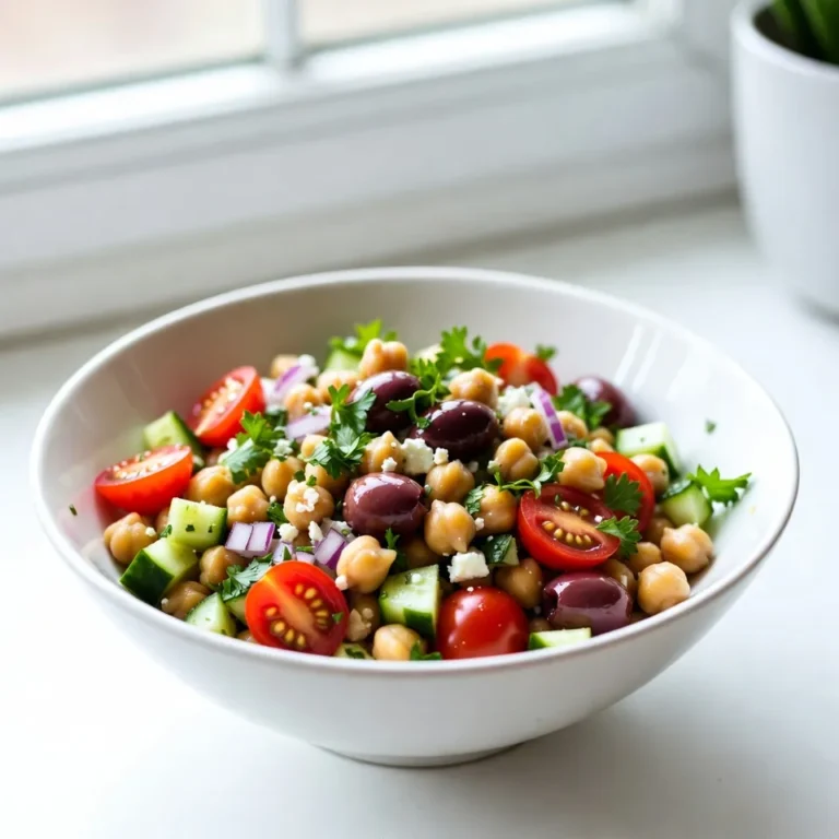 - 1 can chickpeas - Cherry tomatoes - Cucumber - Red onion - Kalamata olives - Bell pepper - Fresh parsley - Feta cheese - Extra virgin olive oil - Fresh lemon juice - Dried oregano - Salt and black pepper - Other vegetables (e.g., carrots, radishes) - Fresh herbs (e.g., mint, basil) - Calories per serving: Approximately 200 - Key vitamins and minerals: Rich in fiber, vitamin C, and healthy fats Chickpeas are the star of this salad. They add a lovely, hearty texture. Using canned chickpeas saves time. Just drain and rinse them well before use. Cherry tomatoes bring sweetness and color to your dish. They add a fresh, juicy bite. Cucumbers provide crunch. Diced cucumber makes the salad bright and refreshing. Red onions add a zesty kick. They also give the salad a nice, sharp flavor. Kalamata olives bring a briny depth. Their unique taste pairs well with the other ingredients. Bell peppers add more color and a slight sweetness. Choose any vibrant color for a beautiful mix. Fresh parsley gives the dish a burst of freshness. It also adds a lovely green touch. Feta cheese provides creaminess and a salty bite that rounds out the flavors. The dressing is simple yet packs a punch. Extra virgin olive oil adds richness. Fresh lemon juice brightens everything up. Dried oregano enhances the Mediterranean flavors. A pinch of salt and freshly ground black pepper ties it all together. Feel free to get creative! Add other vegetables like carrots or radishes for extra crunch. You can also toss in fresh herbs like mint or basil for a twist. This salad is versatile and can easily fit your taste. Nutritionally, this salad shines. Each serving gives you around 200 calories. You’ll benefit from fiber and vitamin C. Plus, the healthy fats from olive oil and feta are great for your heart. Enjoy this vibrant salad as a meal or a side dish! {{ingredient_image_2}} To start, gather all your base ingredients. In a large bowl, add one can of drained chickpeas. Next, toss in one cup of halved cherry tomatoes. Dice one medium cucumber and add that too. Finely chop half of a red onion for a nice zing. Now, include half of a diced bell pepper and half a cup of halved Kalamata olives. Mix everything gently. This helps to blend the colors and flavors. Next, fold in a quarter cup of chopped fresh parsley. Crumble a quarter cup of feta cheese and add that for creaminess. This step makes your salad look vibrant and inviting. For the dressing, use a small bowl. Combine three tablespoons of extra virgin olive oil with two tablespoons of fresh lemon juice. Add one teaspoon of dried oregano, along with salt and black pepper to taste. Whisk these ingredients together. This process is key for emulsification, which means the oil and juice mix well. A good dressing makes every bite of your salad burst with flavor. Now, drizzle the dressing over your salad mix. Toss everything together gently. Ensure every ingredient gets coated in that delicious dressing. This step ties all the flavors together. Let the salad rest for at least 15 minutes. This time allows the flavors to meld beautifully. You can enjoy it right away, but resting enhances the taste even more. Serve your Mediterranean Chickpea Salad chilled or at room temperature for the best enjoyment. You can serve this salad chilled or at room temperature. Chilled gives a fresh taste. Room temperature allows flavors to shine. Pair it with warm pita bread for a nice touch. You can also enjoy it as a side dish at a barbecue. To store leftovers, place the salad in an airtight container. It will stay fresh in the fridge for up to three days. If you want to keep the ingredients crisp, store the dressing separately. Mix it just before serving to keep it bright and tasty. You can add protein for a heartier meal. Grilled chicken works well. For a vegetarian option, toss in more chickpeas. If you want to go vegan, skip the feta cheese or use a plant-based version. This salad is easy to adjust to your tastes. Pro Tips Fresh Ingredients: Always use the freshest produce you can find for the best flavor and texture in your salad. Chill Before Serving: Letting the salad rest in the fridge for about 30 minutes before serving enhances the flavors even more. Customize Ingredients: Feel free to add or substitute other ingredients like avocado, artichokes, or different cheese to suit your taste. Perfectly Balanced Dressing: Adjust the amount of lemon juice and olive oil to your preference to achieve the perfect balance between acidity and richness. {{image_4}} You can switch up the cheese in this salad. Try goat cheese for a tangy twist. Another option is using ricotta for a soft and creamy finish. You can also add artichokes for a unique texture. Sun-dried tomatoes lend a sweet and chewy aspect to the dish. They bring a rich flavor that pairs well with chickpeas. In summer, add fresh veggies like corn or zucchini. They give a nice crunch and brighten the dish. For fall, consider adding roasted sweet potatoes or pumpkin. This will add warmth and heartiness to your salad. Both options keep the dish fresh and interesting throughout the year. If you like heat, toss in some jalapeños. They provide a spicy kick that can elevate the flavors. You can also add fruits like peaches or oranges for a sweet touch. This sweetness balances the savory elements and makes each bite exciting. Mixing fruits and spices creates layers of flavor that are truly delightful. Chickpeas are a great source of protein and fiber. One can provides about 15 grams of protein. This helps build strong muscles and keeps you full. They also have around 12 grams of fiber, which is good for your gut. Fiber aids digestion and keeps things moving smoothly. Eating chickpeas can help lower cholesterol. They may improve heart health, too. When you eat them regularly, you can enjoy a healthier diet. Fresh vegetables add many benefits to this salad. Cherry tomatoes and bell peppers are full of antioxidants. Antioxidants protect your cells from damage. They help keep your body healthy. Herbs like parsley give you vitamins and minerals. They are low in calories but high in nutrients. These fresh ingredients make your salad tasty and nourishing. Olive oil plays a big role in a healthy diet. It has monounsaturated fats, which help your heart. Using extra virgin olive oil adds richness and flavor to your salad. Olives and feta cheese also provide healthy fats. Olives contain antioxidants and can lower blood pressure. Feta cheese gives a creamy taste while providing calcium. Together, these ingredients create a delicious and heart-friendly meal. Mediterranean Chickpea Salad lasts about 3 to 5 days in the fridge. Store it in an airtight container. Keeping it cold helps maintain freshness and flavor. If you notice any changes in smell or texture, it's best to discard it. Yes, you can make this salad ahead of time. Prepare it a day before, and chill it in the fridge. This allows the flavors to blend nicely. Just keep the dressing separate until you're ready to serve. This keeps the salad crisp and fresh. If you want to swap chickpeas, you can use black beans or lentils. Both options add protein and flavor. Quinoa is another great choice for a grain-like texture. Each substitute brings its unique taste, so feel free to experiment. Yes, this salad can be vegan-friendly. Simply leave out the feta cheese or replace it with a vegan cheese. The salad still tastes great without it. You can also add more veggies or nuts for extra flavor and nutrition. This Mediterranean Chickpea Salad is a tasty and healthy choice. You learned about key ingredients and optional add-ins. We also covered steps for preparation and how to make a flavorful dressing. Tips for serving, storing, and customizing the salad were included, along with variations for different seasons. The health benefits, like protein, fiber, and healthy fats, enhance its appeal. Make this salad your go-to dish for fresh and good meals. Enjoy mixing flavors and try new additions to keep it exciting!