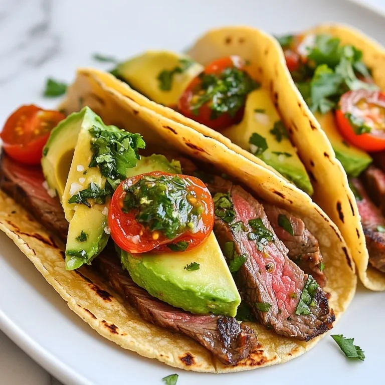 To make tasty chimichurri steak tacos, you need a few key ingredients. Here’s what you will need: - 1 lb flank steak - Salt and pepper to taste - 1 tablespoon olive oil for cooking - 4 small corn tortillas - 1 ripe avocado, sliced into thin wedges - 1/2 cup cherry tomatoes, halved - Fresh cilantro leaves, for garnish These ingredients come together to create a delicious meal. The flank steak gives the dish a rich flavor. The fresh veggies add color and crunch. Flank steak is a great choice for tacos. It is lean but packed with flavor. When cooked right, it is tender and juicy. I recommend grilling the steak to enhance its taste. You should season the steak well with salt and pepper. This helps bring out its natural flavor. Cook it for about 5-7 minutes on each side for the best results. Let it rest before slicing to keep it juicy. Chimichurri sauce is key for these tacos. It adds a fresh and zesty kick. Here’s what you need for the sauce: - 1 cup fresh parsley, finely chopped - 1/2 cup fresh cilantro, finely chopped - 4 garlic cloves, minced - 1/2 teaspoon red pepper flakes - 1/2 cup olive oil - 2 tablespoons red wine vinegar (or fresh lemon juice) - Salt and pepper to taste Mix the herbs, garlic, and red pepper flakes in a bowl. Slowly whisk in the olive oil and vinegar. This creates a vibrant sauce. Adjust the salt and pepper to your liking. Let the sauce sit for a bit. This helps the flavors blend perfectly. {{ingredient_image_2}} To start, grab a medium bowl. You will mix the herbs and spices. Add 1 cup of finely chopped fresh parsley and 1/2 cup of finely chopped fresh cilantro. Next, add 4 minced garlic cloves and 1/2 teaspoon of red pepper flakes. These ingredients give the sauce a great kick! Slowly whisk in 1/2 cup of olive oil. Then, add 2 tablespoons of red wine vinegar or fresh lemon juice for some tang. Taste it and add salt and pepper as you like. Set this aside to let the flavors blend. Now, let’s focus on the flank steak. First, season it well with salt and pepper on both sides. Heat a grill pan or skillet over medium-high heat. Add 1 tablespoon of olive oil to the pan. Once the oil is hot, add the flank steak. Grill it for about 5-7 minutes on each side. You want it to be medium-rare for the best taste and texture. When done, move it to a cutting board. Let it rest for 5 minutes. This helps keep the juices in. After resting, slice it thinly against the grain for tender bites. Next, let’s warm the tortillas. Take a dry skillet and heat it over medium heat. Warm each corn tortilla for about 30 seconds on each side. They should be soft and easy to fold. Now it’s time to assemble your tacos! On each tortilla, add a few slices of the steak. Drizzle the chimichurri sauce generously over the top. Then, add a few avocado slices and halved cherry tomatoes for freshness. Finally, sprinkle fresh cilantro leaves on top for a pop of color and taste. Enjoy your delicious tacos! To cook the best flank steak, start with a hot pan. Heat your grill pan or skillet until it's very hot. This helps form a nice crust. Season the steak well with salt and pepper. Place it in the pan without crowding. Don't flip it too soon; let it sear for about 5-7 minutes per side. This ensures a juicy and tender cut. Always slice against the grain. This keeps the meat tender and easy to chew. To make your chimichurri really pop, use fresh herbs. A mix of parsley and cilantro works best. Add minced garlic for a bold kick. Red pepper flakes give it a nice heat. The olive oil adds richness, while red wine vinegar brings brightness. For a twist, try fresh lemon juice instead. Let your chimichurri sit for at least 15 minutes. This helps all the flavors blend perfectly. Taste and adjust the salt and pepper as needed to suit your palate. For a great presentation, serve your tacos on a wooden board. Add lime wedges for a splash of color. Drizzle extra chimichurri sauce over the tacos for a fresh look. Include avocado slices and halved cherry tomatoes for added texture and flavor. Garnish with fresh cilantro leaves to make it pop. This not only looks good but adds freshness too. Enjoy your vibrant chimichurri steak tacos with friends and family! Pro Tips Let the Steak Rest: Allow the steak to rest for at least 5 minutes after cooking. This helps the juices redistribute, resulting in a more tender and flavorful bite. Customize Your Chimichurri: Feel free to adjust the ingredients in the chimichurri to suit your taste. Adding fresh oregano or a splash of lime juice can elevate the flavor profile. Perfect Tortilla Texture: When warming tortillas, make sure not to overheat them. Just a few seconds on each side will keep them pliable without drying them out. Garnish Generously: Don’t skimp on the garnishes! Fresh cilantro, avocado, and bright tomatoes not only add flavor but also make your tacos visually appealing. {{image_4}} You can switch out flank steak for other meats or veggies. Here are some tasty choices: - Grilled chicken breast - Pork tenderloin - Shrimp - Roasted cauliflower - Black beans Each protein brings its own flavor. Try marinating them in chimichurri sauce for a burst of taste. Chimichurri is flexible. You can change its flavor by mixing in different herbs or spices. Here are some ideas: - Use fresh oregano instead of parsley. - Add mint for a refreshing twist. - Use lemon juice instead of vinegar for brightness. - Mix in jalapeños for some heat. Feel free to experiment and find your favorite blend! Tacos are all about the toppings. Here are some great options to add: - Diced red onion - Crumbled feta cheese - Sliced radishes - Pickled jalapeños - Sour cream or Greek yogurt For sides, you can serve chips and salsa, or a simple salad. Enjoy these variations to make your meal even better! Store leftover tacos in a sealed container. Keep them in the fridge for up to three days. If you want to keep them longer, wrap each taco in foil. This will help them stay fresh for about a month in the freezer. When you are ready to eat, thaw them in the fridge overnight before reheating. Chimichurri sauce is best stored in an airtight jar. It can last in the fridge for about one week. If you have extra, you can freeze it in ice cube trays. Once frozen, pop the cubes out and store them in a bag. This way, you can use only what you need later. To reheat tacos, warm them gently in a skillet over medium heat. Heat for about 2-3 minutes on each side. This keeps the tortillas soft. If you are reheating the steak, slice it thin and quickly warm it in a pan. Avoid using a microwave, as it can make the tacos soggy. For the chimichurri sauce, simply give it a quick stir before serving. This helps revive its fresh flavor. The best steak for tacos is flank steak. It is tender and has great flavor. It cooks quickly and slices easily. You can also use skirt steak or sirloin. Each gives a tasty bite. Just remember to slice against the grain for the best texture. Yes, you can use store-bought chimichurri sauce. It saves time and still adds flavor. However, fresh chimichurri is easy to make. Making it at home lets you control the taste. You can adjust the herbs and spices to your liking. If you’re in a hurry, store-bought works just fine! To create vegan Chimichurri Steak Tacos, swap the steak for grilled mushrooms or jackfruit. Both options add great texture and flavor. You can use the same chimichurri sauce. Just make sure your tortillas are vegan. Top with avocado and fresh veggies for a filling meal. Enjoy the delicious flavors without meat! Chimichurri steak tacos are a fun dish to make and enjoy. We covered the main ingredients, like flank steak and chimichurri sauce. You learned how to prepare the sauce and cook the steak. Plus, I shared helpful tips for great flavor and presentation. Remember, you can customize these tacos with different proteins and toppings. Store leftovers properly for tasty meals later. Keep exploring and enjoy making this crowd-pleaser for family and friends!