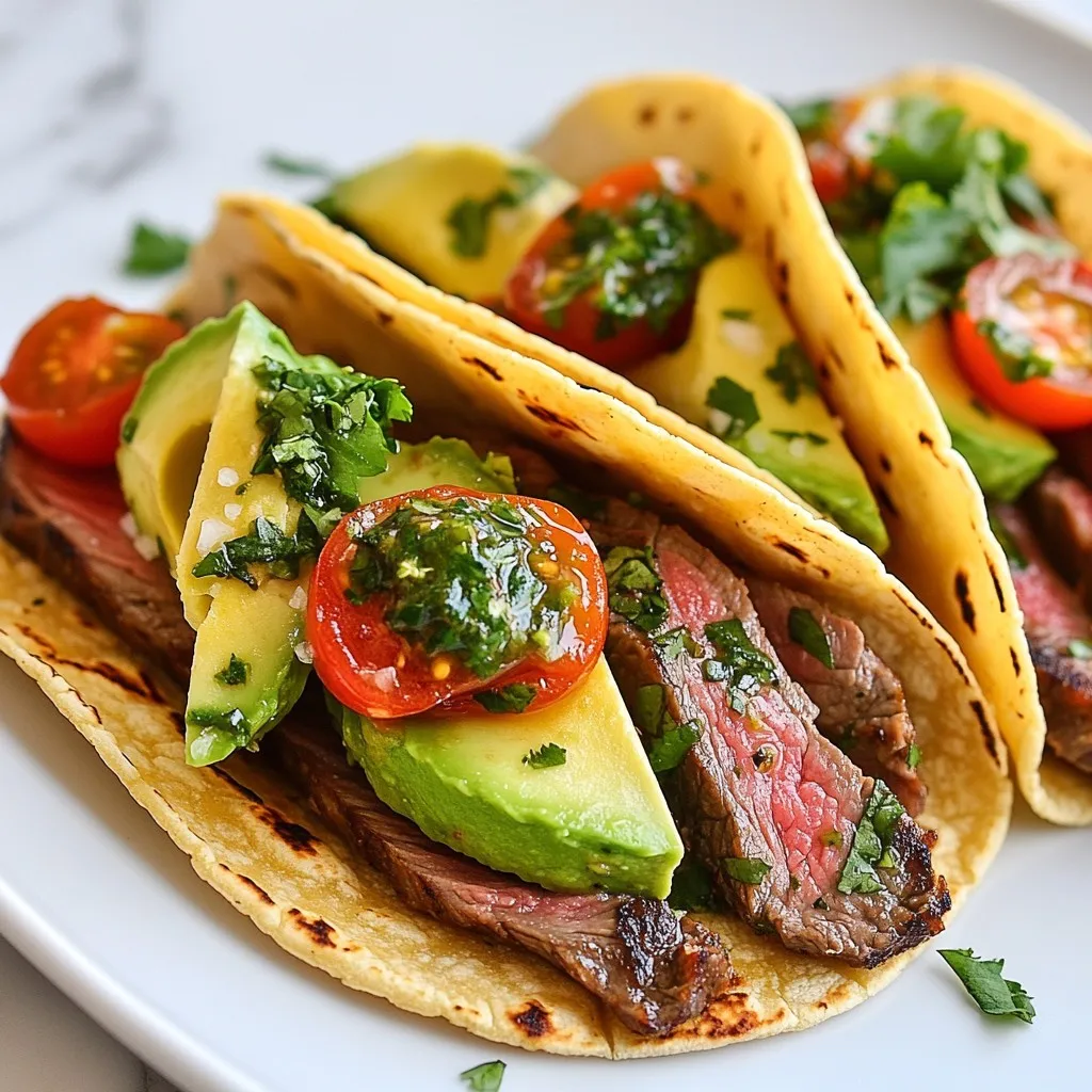 To make tasty chimichurri steak tacos, you need a few key ingredients. Here’s what you will need: - 1 lb flank steak - Salt and pepper to taste - 1 tablespoon olive oil for cooking - 4 small corn tortillas - 1 ripe avocado, sliced into thin wedges - 1/2 cup cherry tomatoes, halved - Fresh cilantro leaves, for garnish These ingredients come together to create a delicious meal. The flank steak gives the dish a rich flavor. The fresh veggies add color and crunch. Flank steak is a great choice for tacos. It is lean but packed with flavor. When cooked right, it is tender and juicy. I recommend grilling the steak to enhance its taste. You should season the steak well with salt and pepper. This helps bring out its natural flavor. Cook it for about 5-7 minutes on each side for the best results. Let it rest before slicing to keep it juicy. Chimichurri sauce is key for these tacos. It adds a fresh and zesty kick. Here’s what you need for the sauce: - 1 cup fresh parsley, finely chopped - 1/2 cup fresh cilantro, finely chopped - 4 garlic cloves, minced - 1/2 teaspoon red pepper flakes - 1/2 cup olive oil - 2 tablespoons red wine vinegar (or fresh lemon juice) - Salt and pepper to taste Mix the herbs, garlic, and red pepper flakes in a bowl. Slowly whisk in the olive oil and vinegar. This creates a vibrant sauce. Adjust the salt and pepper to your liking. Let the sauce sit for a bit. This helps the flavors blend perfectly. {{ingredient_image_2}} To start, grab a medium bowl. You will mix the herbs and spices. Add 1 cup of finely chopped fresh parsley and 1/2 cup of finely chopped fresh cilantro. Next, add 4 minced garlic cloves and 1/2 teaspoon of red pepper flakes. These ingredients give the sauce a great kick! Slowly whisk in 1/2 cup of olive oil. Then, add 2 tablespoons of red wine vinegar or fresh lemon juice for some tang. Taste it and add salt and pepper as you like. Set this aside to let the flavors blend. Now, let’s focus on the flank steak. First, season it well with salt and pepper on both sides. Heat a grill pan or skillet over medium-high heat. Add 1 tablespoon of olive oil to the pan. Once the oil is hot, add the flank steak. Grill it for about 5-7 minutes on each side. You want it to be medium-rare for the best taste and texture. When done, move it to a cutting board. Let it rest for 5 minutes. This helps keep the juices in. After resting, slice it thinly against the grain for tender bites. Next, let’s warm the tortillas. Take a dry skillet and heat it over medium heat. Warm each corn tortilla for about 30 seconds on each side. They should be soft and easy to fold. Now it’s time to assemble your tacos! On each tortilla, add a few slices of the steak. Drizzle the chimichurri sauce generously over the top. Then, add a few avocado slices and halved cherry tomatoes for freshness. Finally, sprinkle fresh cilantro leaves on top for a pop of color and taste. Enjoy your delicious tacos! To cook the best flank steak, start with a hot pan. Heat your grill pan or skillet until it's very hot. This helps form a nice crust. Season the steak well with salt and pepper. Place it in the pan without crowding. Don't flip it too soon; let it sear for about 5-7 minutes per side. This ensures a juicy and tender cut. Always slice against the grain. This keeps the meat tender and easy to chew. To make your chimichurri really pop, use fresh herbs. A mix of parsley and cilantro works best. Add minced garlic for a bold kick. Red pepper flakes give it a nice heat. The olive oil adds richness, while red wine vinegar brings brightness. For a twist, try fresh lemon juice instead. Let your chimichurri sit for at least 15 minutes. This helps all the flavors blend perfectly. Taste and adjust the salt and pepper as needed to suit your palate. For a great presentation, serve your tacos on a wooden board. Add lime wedges for a splash of color. Drizzle extra chimichurri sauce over the tacos for a fresh look. Include avocado slices and halved cherry tomatoes for added texture and flavor. Garnish with fresh cilantro leaves to make it pop. This not only looks good but adds freshness too. Enjoy your vibrant chimichurri steak tacos with friends and family! Pro Tips Let the Steak Rest: Allow the steak to rest for at least 5 minutes after cooking. This helps the juices redistribute, resulting in a more tender and flavorful bite. Customize Your Chimichurri: Feel free to adjust the ingredients in the chimichurri to suit your taste. Adding fresh oregano or a splash of lime juice can elevate the flavor profile. Perfect Tortilla Texture: When warming tortillas, make sure not to overheat them. Just a few seconds on each side will keep them pliable without drying them out. Garnish Generously: Don’t skimp on the garnishes! Fresh cilantro, avocado, and bright tomatoes not only add flavor but also make your tacos visually appealing. {{image_4}} You can switch out flank steak for other meats or veggies. Here are some tasty choices: - Grilled chicken breast - Pork tenderloin - Shrimp - Roasted cauliflower - Black beans Each protein brings its own flavor. Try marinating them in chimichurri sauce for a burst of taste. Chimichurri is flexible. You can change its flavor by mixing in different herbs or spices. Here are some ideas: - Use fresh oregano instead of parsley. - Add mint for a refreshing twist. - Use lemon juice instead of vinegar for brightness. - Mix in jalapeños for some heat. Feel free to experiment and find your favorite blend! Tacos are all about the toppings. Here are some great options to add: - Diced red onion - Crumbled feta cheese - Sliced radishes - Pickled jalapeños - Sour cream or Greek yogurt For sides, you can serve chips and salsa, or a simple salad. Enjoy these variations to make your meal even better! Store leftover tacos in a sealed container. Keep them in the fridge for up to three days. If you want to keep them longer, wrap each taco in foil. This will help them stay fresh for about a month in the freezer. When you are ready to eat, thaw them in the fridge overnight before reheating. Chimichurri sauce is best stored in an airtight jar. It can last in the fridge for about one week. If you have extra, you can freeze it in ice cube trays. Once frozen, pop the cubes out and store them in a bag. This way, you can use only what you need later. To reheat tacos, warm them gently in a skillet over medium heat. Heat for about 2-3 minutes on each side. This keeps the tortillas soft. If you are reheating the steak, slice it thin and quickly warm it in a pan. Avoid using a microwave, as it can make the tacos soggy. For the chimichurri sauce, simply give it a quick stir before serving. This helps revive its fresh flavor. The best steak for tacos is flank steak. It is tender and has great flavor. It cooks quickly and slices easily. You can also use skirt steak or sirloin. Each gives a tasty bite. Just remember to slice against the grain for the best texture. Yes, you can use store-bought chimichurri sauce. It saves time and still adds flavor. However, fresh chimichurri is easy to make. Making it at home lets you control the taste. You can adjust the herbs and spices to your liking. If you’re in a hurry, store-bought works just fine! To create vegan Chimichurri Steak Tacos, swap the steak for grilled mushrooms or jackfruit. Both options add great texture and flavor. You can use the same chimichurri sauce. Just make sure your tortillas are vegan. Top with avocado and fresh veggies for a filling meal. Enjoy the delicious flavors without meat! Chimichurri steak tacos are a fun dish to make and enjoy. We covered the main ingredients, like flank steak and chimichurri sauce. You learned how to prepare the sauce and cook the steak. Plus, I shared helpful tips for great flavor and presentation. Remember, you can customize these tacos with different proteins and toppings. Store leftovers properly for tasty meals later. Keep exploring and enjoy making this crowd-pleaser for family and friends!